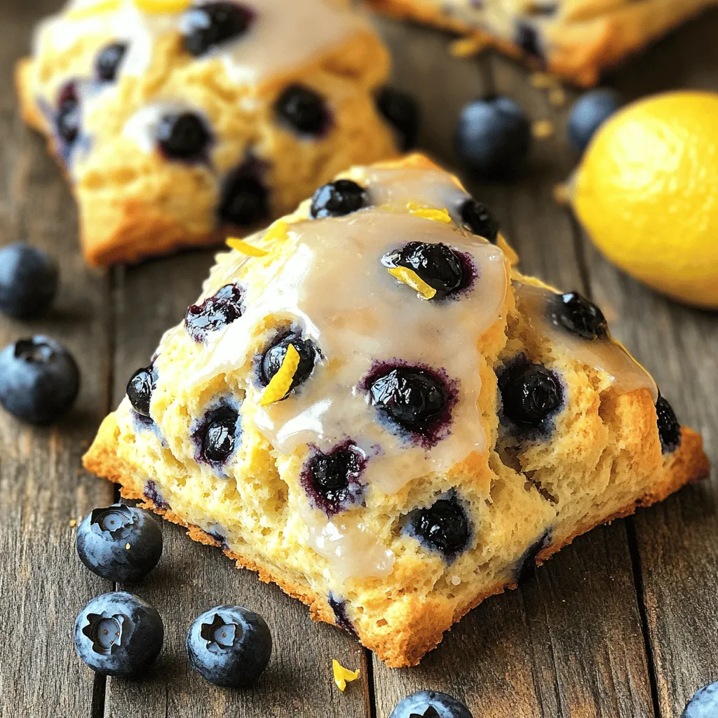 For these Blueberry Lemon Scones, we need a few simple ingredients. Gather the following: - 2 cups all-purpose flour - 1/4 cup granulated sugar - 1 tablespoon baking powder - 1/2 teaspoon baking soda - 1/4 teaspoon salt - 1/2 cup cold unsalted butter, cut into small cubes - 1 cup fresh blueberries (or frozen, thawed and drained) - Zest of 1 medium lemon - 1/2 cup buttermilk, at room temperature - 1 large egg, beaten - 1 teaspoon pure vanilla extract - 1 tablespoon fresh lemon juice These ingredients create a delightful mix of flavors. The blueberries add sweetness, while the lemon zest brightens each bite. The cold butter helps make the scones flaky. If you want a richer taste, try using fresh blueberries. They give the best flavor and texture. Each ingredient brings a special touch to the scones. Enjoy gathering these fresh items! Set your oven to 400°F (200°C). Line a baking sheet with parchment paper. This helps with easy cleanup. In a big bowl, whisk together the flour, sugar, baking powder, baking soda, and salt. This ensures everything mixes well. Add the cold, cubed butter to the flour mix. Use your fingers or a pastry cutter to break up the butter. You want it to look like coarse crumbs, with small bits of butter still in it. Gently fold in the blueberries and lemon zest using a spatula. Be careful not to crush the berries. This keeps them whole and juicy. In another bowl, whisk the buttermilk, beaten egg, vanilla extract, and lemon juice until mixed well. This will bring moisture to the scones. Pour the wet mix into the dry ingredients. Stir with a wooden spoon until just combined. Avoid overmixing to keep the scones light. Turn the dough onto a floured surface. Shape it into a circle about 1 inch thick. Cut the dough into 8 wedges, like a pizza. Place them on the baking sheet, leaving space between each piece. Bake for 15-20 minutes. The tops should be golden and a toothpick should come out clean. To get the best texture in your scones, avoid overmixing the dough. When you mix too much, the scones can turn tough. It’s key to mix until just combined. Small lumps are okay! You want some butter pieces to stay intact. They help create that flaky, tender bite we love in scones. Want to boost the flavor? Add more citrus! Consider extra lemon zest or a splash of orange juice. You can also sprinkle in some spices. A pinch of cinnamon or nutmeg adds warmth. These little tweaks can make your scones pop with flavor. Serving is just as fun! Drizzle your scones with a lemon glaze. Mix powdered sugar with lemon juice until smooth. This adds a nice shine and sweetness. Garnish each plate with fresh blueberries and a mint sprig. It makes for a beautiful presentation and a tasty treat! {{image_4}} You can swap blueberries for other fruits. Raspberries, blackberries, or strawberries work well. Each fruit brings a unique flavor. You might enjoy a mix of berries for a burst of taste. Try diced peaches or cherries for a summer twist. Remember to adjust the sugar if your fruit is very sweet. To make gluten-free scones, use a gluten-free flour blend. Almond flour or coconut flour can also work. You may need to add extra binding agents like xanthan gum. Substitute buttermilk with almond milk mixed with vinegar. This will help keep the scones tender and moist. Want something different? Try adding cheese, like sharp cheddar. You can also mix in herbs like chives or rosemary. For a spicy kick, add jalapeños or red pepper flakes. These savory scones are perfect for breakfast or brunch. Serve them warm with butter for a delightful treat. To keep your blueberry lemon scones fresh, store them in an airtight container. Place parchment paper between the scones to avoid sticking. This method keeps them soft and tasty for longer. Store them at room temperature for the best results. Freezing scones is easy! First, let them cool completely. Then, wrap each scone in plastic wrap. After wrapping, place the scones in a freezer bag or container. Make sure to remove as much air as possible. To enjoy, just reheat them in the oven at 350°F (175°C) for about 10-15 minutes. At room temperature, your scones will stay fresh for about 2-3 days. If you want to keep them longer, freezing is the way to go. This way, they can last up to 3 months, keeping that wonderful flavor intact. Enjoy your scones whenever you like! Yes, you can use frozen blueberries. First, thaw them in a bowl. Drain excess liquid to avoid soggy scones. Gently fold the thawed blueberries into the dough. This keeps your scones light and fluffy while adding tasty bursts of blueberry flavor. If you don’t have buttermilk, you can make your own. Mix 1/2 cup of milk with 1/2 tablespoon of lemon juice or vinegar. Let it sit for about 5 minutes. This will create a similar tangy flavor. You can also use plain yogurt or sour cream thinned with a bit of milk. To check if the scones are done, look for a golden top. Insert a toothpick into the center. If it comes out clean, they are ready. Keep an eye on them during the last few minutes to avoid overbaking. Yes, you can prepare the dough ahead. Wrap it tightly in plastic wrap and refrigerate. Use it within 24 hours for best results. When ready, just shape and bake. This makes it easy to enjoy fresh scones any morning! You now have a clear guide to make delicious Blueberry Lemon Scones. From gathering ingredients to baking, each step is easy to follow. Remember not to overmix the dough for the best texture. You can change the recipe by trying different fruits or adding spices. Store your scones carefully to keep them fresh. Enjoy your baking adventure and share your scones with others. There's nothing like homemade treats to brighten the day!