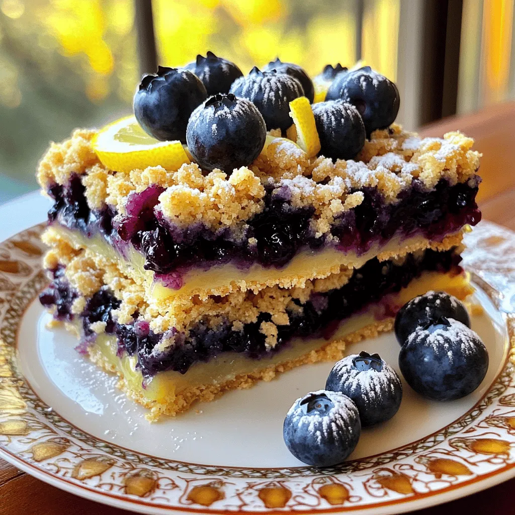 - For the Crust and Crumble: - 1 ½ cups all-purpose flour - ¾ cup rolled oats - ½ cup brown sugar, packed - ½ teaspoon baking powder - ½ teaspoon salt - 1 teaspoon vanilla extract - ½ cup unsalted butter, melted - For the Filling: - 2 cups fresh blueberries (can substitute with frozen if necessary) - 2 tablespoons fresh lemon juice - Zest of 1 medium lemon - ¼ cup granulated sugar - 1 tablespoon cornstarch - ½ teaspoon ground cinnamon You can swap fresh blueberries for frozen ones. They work well too. If you lack fresh lemon, use bottled lemon juice. Just use a little less, about 1 tablespoon. For the butter, coconut oil is a nice choice. It adds a tropical flavor. If you want a sweeter crust, try using coconut sugar instead of brown sugar. You will need a few simple tools to make these bars: - A large mixing bowl - An 8x8-inch baking dish - Parchment paper for easy removal - A fork or your hands for mixing the crust - A cutting board for slicing the bars - A measuring cup and spoons for accuracy These tools help you create the best blueberry lemon crumble bars. They make the process smooth and fun! First, set your oven to 350°F (175°C). While it heats, grab an 8x8-inch baking dish. Line it with parchment paper. Make sure to leave some paper hanging over the sides. This helps you lift the bars out later. In a big bowl, mix together the flour, oats, brown sugar, baking powder, and salt. Stir it well until everything blends nicely. Now, pour in the melted butter and add the vanilla extract. Use a fork or your hands to mix until it looks like coarse crumbs. Take about two-thirds of this mixture and press it firmly into the bottom of your baking dish. This creates a nice crust. Set aside the rest of the crumble for later. In another bowl, toss together the fresh blueberries, lemon juice, lemon zest, granulated sugar, cornstarch, and ground cinnamon. Be gentle as you mix. You want the blueberries to stay whole and not get squished. Now, pour the blueberry filling over the crust you made. Spread it out evenly. Next, sprinkle the remaining crumble mixture on top. Cover the blueberries well. Carefully place the baking dish in the oven. Bake for 35 to 40 minutes. Look for a golden brown topping and bubbling blueberries around the edges. When the bars are done, take the dish out of the oven. Let it cool in the pan for at least 30 minutes. Use the parchment paper to lift the whole block of bars out. Place it on a cutting board and slice it into squares. You can serve these bars chilled or at room temperature. They make a tasty treat for any occasion! To get the best texture for your blueberry lemon crumble bars, use cold butter. Cold butter helps create a flaky crust. Mix until the dough looks like crumbs. Don’t overmix; you want some larger bits. This gives a nice crunch to the topping. Bake your bars at 350°F (175°C) for 35-40 minutes. Watch for golden brown topping. The blueberries should bubble a bit around the edges. If you see this, they are done. Letting them cool for at least 30 minutes is key. This helps them set properly. For a great look, serve the bars on a colorful plate. Add fresh blueberries on top. A sprinkle of powdered sugar makes them pop. You can also slice them into fun shapes. This makes them fun for kids and guests alike. {{image_4}} You can switch up the blueberries for other fruits. Try using strawberries, raspberries, or blackberries. Each fruit brings its own taste. For a twist, mix different berries together. The filling will be colorful and tasty! To make these bars gluten-free, use almond flour or gluten-free oat flour. Replace the butter with coconut oil or a vegan butter alternative. For a vegan option, use flax eggs or applesauce instead of regular eggs. This way, everyone can enjoy these yummy bars! You can add more flavors to the filling. Try a pinch of nutmeg or ginger for warmth. A splash of vanilla or almond extract can enhance the taste. If you love citrus, add more lemon zest or orange zest. These small changes can make your bars extra special! To keep your blueberry lemon crumble bars fresh, store them in an airtight container. This will help maintain their taste and texture. Place parchment paper between layers if stacking to avoid sticking. If you want to keep them longer, refrigerate them. This helps prevent spoilage. When you want to enjoy these bars again, preheat your oven to 350°F (175°C). Place the bars on a baking sheet. Heat them for about 10 minutes. This warms them without making them soggy. You can also use a microwave for a quick fix. Heat for 15-20 seconds for each bar. In the fridge, your bars will stay fresh for about 4-5 days. If you freeze them, they can last for up to 3 months. Just wrap them tightly in plastic wrap and foil. Label the date, so you know when to enjoy them! Yes, you can use frozen blueberries. They work well in this recipe. Just make sure to thaw and drain them first. This step helps avoid extra moisture in your bars. You want them juicy but not soggy. You can use coconut oil or applesauce. Both options give a nice flavor. If you choose coconut oil, melt it first. Applesauce will make the bars moist and sweet. Adjust the sugar if you use applesauce, as it adds natural sweetness. The bars are done when the top turns golden brown. You will also see the blueberries bubbling at the edges. A toothpick should come out clean when you test the center. Let them cool for at least 30 minutes before cutting. In this article, we covered the key steps to make delicious blueberry bars. You learned about the important ingredients, substitutions, and tools. I shared detailed instructions for making the crust, filling, and baking the bars. We talked about tips for texture and presentation, as well as tasty variations. Finally, we discussed storage and answered common questions. I hope these insights help you create your own tasty treats. Enjoy baking your blueberry bars!