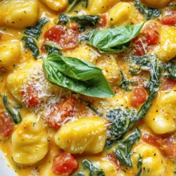 To make creamy tomato spinach gnocchi, you need a few simple items. Here’s the list of ingredients: - 1 lb (450g) potato gnocchi - 2 tablespoons olive oil - 3 cloves garlic, finely minced - 1 can (14 oz) of crushed tomatoes - 1 cup fresh spinach, roughly chopped - 1 cup heavy cream - 1/2 cup finely grated Parmesan cheese - 1 teaspoon Italian seasoning blend - Salt and freshly cracked black pepper to taste - Fresh basil leaves for garnish Each ingredient plays a key role in making this dish delicious. The potato gnocchi brings a soft and pillowy texture. Olive oil adds richness while the garlic gives a lovely aroma. Crushed tomatoes form the base of the sauce, creating a tangy flavor. Fresh spinach adds color and nutrients. Heavy cream makes the sauce creamy and indulgent. Parmesan cheese brings a salty and nutty taste. Italian seasoning adds a blend of herbs for extra flavor. Finally, salt and pepper enhance all the tastes. Fresh basil leaves give a nice touch and fresh scent when you serve it. Gather these ingredients, and you are ready to create a delightful one-pan meal! - Boil salted water and cook gnocchi until they float. - Drain and let rest for a minute. Start with a big pot. Fill it with water and add salt. Bring it to a boil. Once it bubbles, add the gnocchi. They will float when cooked. This takes about 2-3 minutes. Drain the gnocchi in a colander. Set them aside to rest. - Sauté garlic in olive oil. - Add crushed tomatoes and simmer. - Stir in spinach and incorporate cream. In a large skillet, heat olive oil on medium. Add the minced garlic. Cook it for 1-2 minutes until it smells good and turns golden. Be careful not to burn it. Then, pour in the crushed tomatoes. Stir and let it simmer for about 5 minutes. This brings out the flavors. Now, add the chopped spinach. Let it cook for about 2 minutes until it wilts. Finally, lower the heat and pour in the heavy cream. Stir well and add the grated Parmesan cheese. Mix until it melts and forms a creamy sauce. - Combine cooked gnocchi with sauce. - Season and heat through. Now, add the cooked gnocchi to the skillet. Gently toss them in the creamy sauce. Season with Italian seasoning, salt, and black pepper to taste. Heat everything together for 2-3 minutes. Stir often to ensure the gnocchi are warm. Once heated, remove the skillet from heat. Garnish with fresh basil leaves. Serve it warm and enjoy your meal! - Perfectly cooking gnocchi: Always boil a large pot of salted water. Once the water boils, add the gnocchi. Cook them until they float, about 2-3 minutes. This shows they are done. Drain and let them rest. This keeps them soft and fluffy. - Avoiding burnt garlic: Garlic cooks fast. Heat olive oil over medium heat until it shimmers. Add minced garlic and stir for 1-2 minutes. Watch closely. If it turns brown too fast, you might burn it. A burnt taste can ruin your dish. - Serving suggestions for visual appeal: Serve the gnocchi in shallow bowls. Add an extra sprinkle of Parmesan cheese on top. A few fresh basil leaves will add color and charm. You can also drizzle a bit of olive oil for a glossy finish. - Optional garnishing ideas: For a touch of flair, consider adding red pepper flakes for heat or toasted pine nuts for crunch. These simple touches can elevate your dish and impress your guests. {{image_4}} To spice things up, you can swap the gnocchi for other pasta types. Penne or fusilli work great. Each pasta brings its own texture and taste. You can also add vegetables like mushrooms or bell peppers. Sauté them with garlic for extra flavor. This makes the dish more colorful and nutritious. If you want a vegetarian meal, skip the cheese and use plant-based cream. This keeps the dish creamy while being meat-free. For a vegan option, use a vegan cheese substitute and coconut cream. You can still enjoy the same rich taste without animal products. Lastly, for gluten-free needs, look for gluten-free gnocchi. Many brands offer delicious alternatives that keep the dish satisfying. To keep your creamy tomato spinach gnocchi fresh, store it in an airtight container. Place it in the fridge if you plan to eat it within three days. For longer storage, you can freeze it. Use a freezer-safe container or a zip-top bag. Make sure to remove all air before sealing. To reheat, use a skillet on low heat. Add a splash of water or cream to keep it moist. Stir gently until it’s hot. You can also use a microwave. Heat it in short bursts, stirring in between. This keeps the flavors rich and prevents it from drying out. How long does it take to cook gnocchi? Cooking gnocchi takes about 2-3 minutes. They float when they are ready. Boil them in salted water for the best flavor. Can I use store-bought sauce instead? Yes, you can use store-bought sauce. It saves time and still tastes great. Look for a good quality tomato sauce for best results. Is this dish suitable for meal prep? Absolutely! This dish stores well in the fridge. Just reheat it gently when you are ready to eat. What can I substitute for heavy cream? You can use coconut cream or cashew cream. Both options give a rich texture without dairy. This blog post shared a simple, tasty gnocchi recipe. You learned about the key ingredients, step-by-step instructions, and helpful tips. We explored variations, storage, and common questions too. In the end, cooking gnocchi is easy and fun. You can adapt it to fit your needs. Whether you want a quick meal or a fancy dish, this recipe can work for you. Enjoy your cooking adventure!