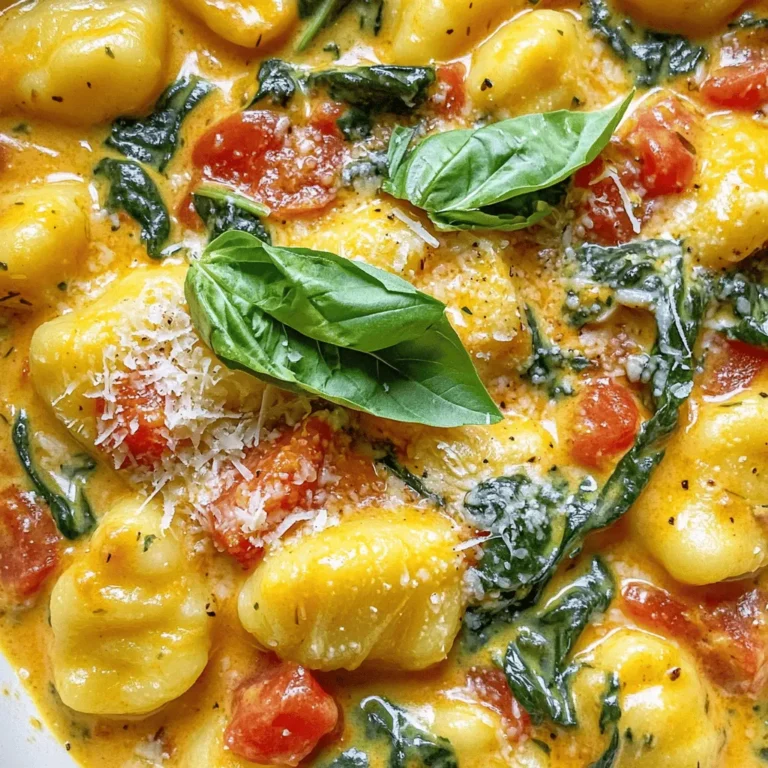 To make creamy tomato spinach gnocchi, you need a few simple items. Here’s the list of ingredients: - 1 lb (450g) potato gnocchi - 2 tablespoons olive oil - 3 cloves garlic, finely minced - 1 can (14 oz) of crushed tomatoes - 1 cup fresh spinach, roughly chopped - 1 cup heavy cream - 1/2 cup finely grated Parmesan cheese - 1 teaspoon Italian seasoning blend - Salt and freshly cracked black pepper to taste - Fresh basil leaves for garnish Each ingredient plays a key role in making this dish delicious. The potato gnocchi brings a soft and pillowy texture. Olive oil adds richness while the garlic gives a lovely aroma. Crushed tomatoes form the base of the sauce, creating a tangy flavor. Fresh spinach adds color and nutrients. Heavy cream makes the sauce creamy and indulgent. Parmesan cheese brings a salty and nutty taste. Italian seasoning adds a blend of herbs for extra flavor. Finally, salt and pepper enhance all the tastes. Fresh basil leaves give a nice touch and fresh scent when you serve it. Gather these ingredients, and you are ready to create a delightful one-pan meal! - Boil salted water and cook gnocchi until they float. - Drain and let rest for a minute. Start with a big pot. Fill it with water and add salt. Bring it to a boil. Once it bubbles, add the gnocchi. They will float when cooked. This takes about 2-3 minutes. Drain the gnocchi in a colander. Set them aside to rest. - Sauté garlic in olive oil. - Add crushed tomatoes and simmer. - Stir in spinach and incorporate cream. In a large skillet, heat olive oil on medium. Add the minced garlic. Cook it for 1-2 minutes until it smells good and turns golden. Be careful not to burn it. Then, pour in the crushed tomatoes. Stir and let it simmer for about 5 minutes. This brings out the flavors. Now, add the chopped spinach. Let it cook for about 2 minutes until it wilts. Finally, lower the heat and pour in the heavy cream. Stir well and add the grated Parmesan cheese. Mix until it melts and forms a creamy sauce. - Combine cooked gnocchi with sauce. - Season and heat through. Now, add the cooked gnocchi to the skillet. Gently toss them in the creamy sauce. Season with Italian seasoning, salt, and black pepper to taste. Heat everything together for 2-3 minutes. Stir often to ensure the gnocchi are warm. Once heated, remove the skillet from heat. Garnish with fresh basil leaves. Serve it warm and enjoy your meal! - Perfectly cooking gnocchi: Always boil a large pot of salted water. Once the water boils, add the gnocchi. Cook them until they float, about 2-3 minutes. This shows they are done. Drain and let them rest. This keeps them soft and fluffy. - Avoiding burnt garlic: Garlic cooks fast. Heat olive oil over medium heat until it shimmers. Add minced garlic and stir for 1-2 minutes. Watch closely. If it turns brown too fast, you might burn it. A burnt taste can ruin your dish. - Serving suggestions for visual appeal: Serve the gnocchi in shallow bowls. Add an extra sprinkle of Parmesan cheese on top. A few fresh basil leaves will add color and charm. You can also drizzle a bit of olive oil for a glossy finish. - Optional garnishing ideas: For a touch of flair, consider adding red pepper flakes for heat or toasted pine nuts for crunch. These simple touches can elevate your dish and impress your guests. {{image_4}} To spice things up, you can swap the gnocchi for other pasta types. Penne or fusilli work great. Each pasta brings its own texture and taste. You can also add vegetables like mushrooms or bell peppers. Sauté them with garlic for extra flavor. This makes the dish more colorful and nutritious. If you want a vegetarian meal, skip the cheese and use plant-based cream. This keeps the dish creamy while being meat-free. For a vegan option, use a vegan cheese substitute and coconut cream. You can still enjoy the same rich taste without animal products. Lastly, for gluten-free needs, look for gluten-free gnocchi. Many brands offer delicious alternatives that keep the dish satisfying. To keep your creamy tomato spinach gnocchi fresh, store it in an airtight container. Place it in the fridge if you plan to eat it within three days. For longer storage, you can freeze it. Use a freezer-safe container or a zip-top bag. Make sure to remove all air before sealing. To reheat, use a skillet on low heat. Add a splash of water or cream to keep it moist. Stir gently until it’s hot. You can also use a microwave. Heat it in short bursts, stirring in between. This keeps the flavors rich and prevents it from drying out. How long does it take to cook gnocchi? Cooking gnocchi takes about 2-3 minutes. They float when they are ready. Boil them in salted water for the best flavor. Can I use store-bought sauce instead? Yes, you can use store-bought sauce. It saves time and still tastes great. Look for a good quality tomato sauce for best results. Is this dish suitable for meal prep? Absolutely! This dish stores well in the fridge. Just reheat it gently when you are ready to eat. What can I substitute for heavy cream? You can use coconut cream or cashew cream. Both options give a rich texture without dairy. This blog post shared a simple, tasty gnocchi recipe. You learned about the key ingredients, step-by-step instructions, and helpful tips. We explored variations, storage, and common questions too. In the end, cooking gnocchi is easy and fun. You can adapt it to fit your needs. Whether you want a quick meal or a fancy dish, this recipe can work for you. Enjoy your cooking adventure!