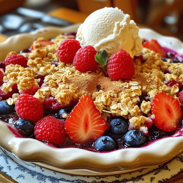- 1 cup ripe strawberries, hulled and halved - 1 cup blueberries, fresh or frozen - 1 cup raspberries, fresh or frozen - 1/4 cup granulated sugar - 1 tablespoon cornstarch - 1 tablespoon fresh lemon juice - 1 cup rolled oats - 1/2 cup all-purpose flour - 1/2 cup brown sugar, tightly packed - 1/2 teaspoon ground cinnamon - 1/4 cup cold unsalted butter, cut into small cubes - A pinch of salt You can mix it up with different berries like blackberries or cherries. Swap in maple syrup for sugar. Add a splash of vanilla for extra flavor. Try using almond flour for a nutty taste. You can also sprinkle some chopped nuts on top for added crunch. If you run out of granulated sugar, use honey or agave syrup. Cornstarch can be replaced with arrowroot powder. Don’t have rolled oats? Quick oats work just fine. For a dairy-free option, use plant-based butter instead of unsalted butter. If you need gluten-free flour, almond flour or coconut flour can fit in well. First, preheat your oven to 350°F (175°C). This helps cook the crumble evenly. Next, grab a mixing bowl and add your berries: 1 cup of strawberries, 1 cup of blueberries, and 1 cup of raspberries. Add 1/4 cup of granulated sugar, 1 tablespoon of cornstarch, and 1 tablespoon of fresh lemon juice. Gently toss the mixture so the berries get coated. Let it sit for about 10 minutes. This time helps the berries release their juices and blend the flavors. While the berry mix rests, it’s time to make the crumble topping. In another bowl, combine 1 cup of rolled oats, 1/2 cup of all-purpose flour, and 1/2 cup of brown sugar. Add 1/2 teaspoon of ground cinnamon and a pinch of salt. Mix these dry ingredients well. Now, add 1/4 cup of cold, cubed unsalted butter to the bowl. Using your fingertips or a pastry cutter, work the butter into the dry mix until it looks like coarse crumbs. Make sure no large chunks of butter remain. Now, take an 8x8-inch baking dish and spread the berry mixture evenly across the bottom. This helps it bake properly. Next, sprinkle the crumble topping generously over the berries. Cover the mixture entirely to create that nice, crispy layer. Place the dish in your preheated oven and bake for 30-35 minutes. You want the topping to turn a lovely golden brown and for the fruit filling to bubble up at the edges. Once done, take it out and let it cool for about 10 minutes. This cooling helps thicken the filling, making it easier to serve. When you make a triple berry crumble, start with the right dish. I recommend using an 8x8-inch baking dish. This size helps the berries cook evenly. Layer the berry mix first. Make sure to spread it out well. This way, every bite gets fruit. To get a perfect crumble topping, keep your butter cold. Cut it into small cubes before mixing. Use your fingertips or a pastry cutter. This helps blend the butter until it looks like coarse crumbs. If you see big chunks, keep working it. The goal is a nice, crumbly texture to top the berries. Serve the crumble warm for the best taste. I love adding a scoop of vanilla ice cream on top. It melts a bit and tastes great with the warm fruit. For a fun touch, scatter fresh berries on the plate. It makes for a pretty display. You can also try whipped cream as a topping. Both ways make this dessert even better! {{image_4}} You can mix and match berries for your crumble. Try using blackberries, cherries, or even peaches. Each fruit brings its own taste and sweetness. Blackberries add a tart touch, while peaches lend a juicy flavor. Use what you like best or what you have on hand. This way, your crumble stays fresh and exciting. If you need a gluten-free version, swap regular flour for almond or coconut flour. Use certified gluten-free oats as well. For a vegan version, replace butter with coconut oil or vegan butter. These swaps keep the crumble tasty while meeting your needs. Enjoy your dessert without worry! Nuts can add a nice crunch. Try walnuts, almonds, or pecans in the topping. Just chop them fine and mix them in with the oats. You can also add spices like nutmeg or ginger for warmth. A dash of vanilla extract can elevate the taste too. These additions make your crumble unique and flavorful. To keep your Triple Berry Crumble fresh, let it cool completely. Then, cover it tightly with plastic wrap or foil. You can also transfer it to an airtight container. Store it in the fridge for up to three days. This way, you can enjoy it later without losing flavor. To reheat your crumble, preheat the oven to 350°F (175°C). Place the crumble in an oven-safe dish. Heat for about 15-20 minutes, or until it's warm. If you want to reheat individual servings, pop them in the microwave for about 30 seconds to 1 minute. If you want to save some for later, freezing works great. Allow the crumble to cool completely. Then, wrap it well in plastic wrap and foil. You can also place it in a freezer-safe container. It will stay good for about three months. When you’re ready to eat it, thaw it overnight in the fridge. Then, reheat as mentioned above. Enjoy your sweet treat anytime! Yes, you can use frozen berries. Frozen berries work well in this recipe. They save time and still taste great. Just make sure to let them thaw a bit before mixing. This can help them release their juices. If you use frozen berries, you might want to bake it a bit longer. To reheat Triple Berry Crumble, preheat your oven to 350°F (175°C). Place the crumble in an oven-safe dish. Cover it with foil to keep it moist. Heat it for about 15 to 20 minutes. You can also use a microwave. Heat it in short bursts for about 1 to 2 minutes. Check if it is warm throughout. You can store Triple Berry Crumble in the fridge for about 3 to 4 days. Make sure to cover it tightly with plastic wrap or foil. This helps keep it fresh. If you want to enjoy it later, consider freezing it for longer storage. You now know how to make a delicious Triple Berry Crumble. We covered the key ingredients, step-by-step instructions, and helpful tips. You can customize your crumble with different berries or dietary options. Remember to store leftovers properly to enjoy later. Whether warm or cold, this dessert is tasty at any time. I hope you feel inspired to create your own version of this treat! Get cooking and have fun with it!
