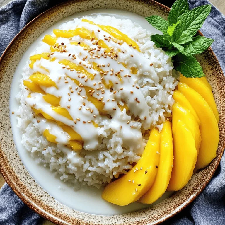 To create the perfect Instant Pot sticky rice, you need a few simple ingredients. They come together to make a sweet and creamy dish. Here’s what you will need: - 1 cup glutinous rice - 1 can (13.5 oz) coconut milk - 2 tablespoons granulated sugar - 1/4 teaspoon sea salt - 1 ripe mango, peeled and sliced into thin wedges - Optional garnishes: 1 tablespoon sesame seeds and fresh mint leaves Each ingredient plays a key role. The glutinous rice gives that sticky texture we love. Coconut milk adds rich creaminess and a hint of sweetness. The sugar enhances the flavors while the sea salt balances it all. Fresh mango brings a burst of fruity freshness. You can also add sesame seeds and mint for extra flair. These ingredients make this dish not just tasty but also fun to eat! To start, rinse 1 cup of glutinous rice under cold water. Keep rinsing until the water runs clear. This step washes away excess starch. Once rinsed, soak the rice in fresh water for about 30 minutes. After soaking, drain the rice thoroughly. This process helps the rice cook evenly. Next, pour 1 cup of water into the Instant Pot's inner pot. Place the steamer basket inside the pot. Add the drained sticky rice into the basket. Spread it out evenly so it cooks well. Now, secure the Instant Pot lid. Make sure the steam release valve is in the sealing position. Select the 'Steam' function and set the timer for 20 minutes. This cooks the rice perfectly. While the rice cooks, heat a small saucepan over low heat. Pour in one can of coconut milk. Then, add 2 tablespoons of granulated sugar and 1/4 teaspoon of sea salt. Stir the mixture gently until the sugar dissolves. Be careful not to let it boil. This sauce adds rich flavor. After the 20 minutes are up, carefully release the pressure from the Instant Pot. Gently transfer the cooked rice to a large mixing bowl. Pour half of the coconut sauce over the warm sticky rice. Use a spatula to fold the sauce into the rice. Let it sit for 5-10 minutes to absorb the flavors. To serve, take a generous scoop of sticky rice and place it on a plate. Drizzle more coconut sauce on top. Arrange sliced mango alongside the rice. For a final touch, you can sprinkle sesame seeds and add fresh mint leaves for a bright garnish. Enjoy your beautiful dish! The best rice for this dish is glutinous rice. Glutinous rice is also known as sticky rice or sweet rice. This type of rice has a higher starch content, which makes it sticky when cooked. Here are some common varieties to consider: - Thai sticky rice - Sweet rice from Japan - Chinese sticky rice These varieties help create that perfect chewy texture you want in sticky rice. To avoid sticky clumps and achieve fluffy rice, follow these steps: - Rinse the rice well. This removes excess starch. Wash until the water runs clear. - Soak the rice for about 30 minutes. This helps the grains absorb water. - Spread the rice evenly in the steamer basket. This allows for even cooking. - Use the right water-to-rice ratio. For 1 cup of rice, use 1 cup of water in the Instant Pot. Following these tips will give you light and fluffy sticky rice. Sticky rice pairs well with many fruits and toppings. Here are some tasty ideas: - Fresh mango slices for a classic combo. - Coconut sauce drizzled on top for extra richness. - Sesame seeds for a nutty crunch. - Fresh mint leaves for a splash of color and flavor. Feel free to get creative! Try different fruits or toppings to suit your taste. {{image_4}} You can add a twist to your sticky rice by making it sweet. Try mixing in fruits or sweeteners. Fresh fruits like mango, banana, or berries work great. You can also drizzle honey or maple syrup for extra sweetness. This adds fun flavors and makes a delicious dessert. If you prefer savory flavors, you can spice things up. Add herbs like cilantro or basil for freshness. You can also try spices like garlic powder or cumin. These savory notes create a tasty contrast to the creamy coconut sauce. Making sticky rice gluten-free and vegan is easy. The ingredients are naturally gluten-free. Use coconut milk and skip the sugar if needed. You can add agave syrup as a sweetener. These simple swaps make the dish fit many diets while still being super tasty. To keep your sticky rice fresh, use an airtight container. Glass or plastic containers work well. Make sure the rice cools to room temperature before sealing it. This helps prevent moisture buildup and keeps the rice from getting soggy. Store it in the fridge for up to three days. When you're ready to eat, you can warm the sticky rice easily. The best method is to use the microwave. Place the rice in a microwave-safe bowl. Add a splash of water to keep it moist. Cover the bowl with a damp paper towel. Heat it in 30-second bursts, stirring in between, until it's warm. You can also steam it again in the Instant Pot for about five minutes. If you want to store sticky rice for longer, freezing is a great option. First, let the rice cool completely. Then, portion it into freezer bags or containers. Press out as much air as possible to avoid freezer burn. Label the bags with the date. You can freeze it for up to three months. When you're ready to use it, thaw it in the fridge overnight before reheating. The best rice for sticky rice is glutinous rice. This rice has a high starch content. It makes the rice sticky and chewy. Regular rice will not give you the same texture. Look for glutinous rice at Asian markets or online. Yes, you can make sticky rice without an Instant Pot. You can use a bamboo steamer or a regular pot. Soak the rice, then steam it over boiling water. Just be sure to keep it covered. It may take longer than 20 minutes, so check it often. Sticky rice is done when it is tender and sticky. You can taste a small bite to check. It should not be hard or crunchy. If it feels too firm, steam it a little longer. Regular rice will not work well for this recipe. It lacks the sticky quality of glutinous rice. You can use jasmine rice as a substitute, but the texture will differ. Sticky rice is key for that authentic taste and feel. You now have all the steps to make delicious sticky rice with coconut sauce. We reviewed key ingredients, detailed instructions, helpful tips, and fun variations. Remember, sticking to glutinous rice is important for the best texture. Feel free to get creative with toppings and flavors! Enjoy your dessert with ripe mango and fresh mint. Don't forget, storing leftovers and reheating correctly will keep your rice tasty. Now, it's time to impress your friends and family with your cooking skills!