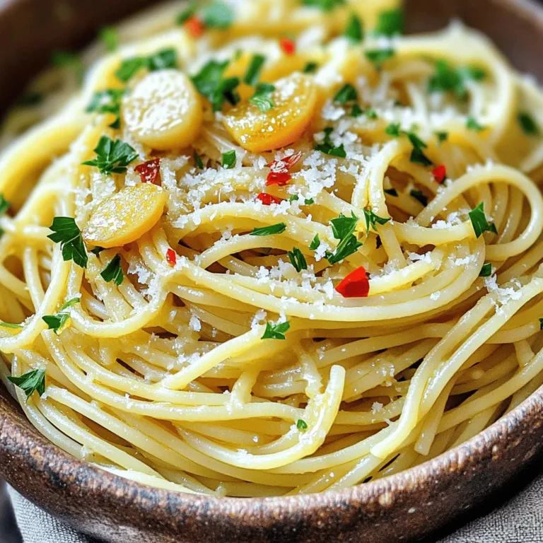 - 200g spaghetti - 4 tablespoons extra virgin olive oil - 6 garlic cloves, thinly sliced - 1 to 2 teaspoons red chili flakes (adjust for desired heat) - 1 teaspoon sea salt - 1/2 teaspoon freshly cracked black pepper - 1 tablespoon fresh parsley, finely chopped (for garnish) These ingredients create a big flavor. The garlic gives a nice aroma. The chili flakes add heat, which you can adjust. Extra virgin olive oil is key for richness. - Grated Parmesan cheese (optional but recommended) Parmesan adds creaminess to the dish. It makes the meal feel special. You can also skip it if you want a lighter taste. - Large pot for boiling spaghetti - Colander for draining pasta - Wide skillet for making the garlic chili oil - Wooden spoon for stirring Having the right tools makes cooking easier. A wide skillet lets the garlic cook evenly. A colander helps you drain the spaghetti without fuss. To start, grab a large pot and fill it with water. Add a good amount of sea salt. Bring this water to a rolling boil. Once it boils, add 200g of spaghetti. Cook it for about 8 to 10 minutes, or until it is al dente. This means it should be firm but not hard. Before draining, reserve about 1/2 cup of the starchy pasta water. After that, drain the spaghetti in a colander. Now, take a wide skillet and pour in 4 tablespoons of extra virgin olive oil. Heat the oil over medium heat. Next, add 6 thinly sliced garlic cloves. Sauté the garlic for about 2 to 3 minutes. Stir it often and watch closely. You want the garlic to turn golden and smell great. Don't let it burn, as burnt garlic ruins the dish. Once the garlic is ready, sprinkle in 1 to 2 teaspoons of red chili flakes, depending on how spicy you want it. Add the sea salt and 1/2 teaspoon of freshly cracked black pepper. Let this simmer for about a minute. Then, carefully add the drained spaghetti to the skillet. Toss the spaghetti well to coat it with the garlic chili oil. If the pasta seems dry, add some reserved pasta water slowly. This helps create a light sauce that sticks to the spaghetti. Finally, toss in 1 tablespoon of finely chopped fresh parsley. Mix it again to combine everything. Taste it and adjust the seasoning if needed. Serve the spaghetti hot, and add some grated Parmesan cheese on top if you like. Enjoy your quick and zesty meal! To get that perfect garlic flavor, slice the garlic thin. This helps it cook evenly. Heat the oil on medium, and add the garlic. Stir it often for 2-3 minutes until it turns golden. Watch it closely. If it burns, it will taste bitter. The sweet, nutty aroma is what you want. If you like it hot, add more chili flakes. Start with one teaspoon; taste it, then add more if needed. Remember, you can always add, but you can’t take away. For a milder dish, use less chili. You want a balance that suits your taste buds. For a great look, serve the spaghetti in shallow bowls. This gives it a rustic feel. Top it with fresh parsley and a hint of chili pepper. A sprinkle of grated Parmesan cheese adds flavor and style. This dish should not just taste good; it should look amazing too! {{image_4}} You can easily make this dish heartier by adding proteins. Shrimp cooks quickly and adds a nice flavor. Simply sauté shrimp in the garlic oil for about 2-3 minutes until they turn pink. Chicken is another great option. Use small pieces of cooked chicken to mix with the pasta. Tofu is perfect for a meatless choice. Use firm tofu, cut it into cubes, and pan-fry until golden. Each choice adds a different taste and texture to your dish. You can also make this spaghetti a veggie delight. Seasonal vegetables like zucchini, bell peppers, or spinach work great. Slice your veggies thin and sauté them in the garlic oil with the garlic. This adds color and nutrients to your meal. Try adding cherry tomatoes for a burst of sweetness. You can even toss in some peas for a pop of green. These variations keep the dish fresh and vibrant all year round. If you're looking for gluten-free options, swap regular spaghetti for gluten-free pasta. There are many varieties made from rice, quinoa, or chickpeas that taste amazing. Follow the same cooking steps. The garlic chili oil will still work perfectly with gluten-free pasta. Enjoy a delicious meal without the gluten, and it will still be quick and easy. After enjoying your Minute Garlic Chili Oil Spaghetti, store the leftovers in an airtight container. Make sure it cools to room temperature first. Place it in the fridge for up to three days. If you want to keep it longer, you can freeze it. To reheat, place the spaghetti in a skillet. Add a splash of water or olive oil to help it warm up. Heat on low and stir until it's heated through. You can also use a microwave; just cover it with a damp paper towel. This keeps the pasta moist. For freezing, portion the spaghetti into single servings. Use freezer-safe containers or bags. Make sure to remove as much air as possible to prevent freezer burn. It can stay in the freezer for up to a month. When you’re ready to eat, thaw it in the fridge overnight. Then, reheat as mentioned above. Yes, you can use dried garlic. Use about 1 teaspoon of garlic powder. Dried garlic gives a different flavor. Fresh garlic has a stronger taste. If you use dried, add it to the oil early to release its flavor. To make this dish vegan, skip the Parmesan cheese. Use nutritional yeast for a cheesy taste. You can also add more veggies. Try adding spinach or cherry tomatoes for extra flavor. This keeps the dish tasty and plant-based. Garlic Chili Oil Spaghetti pairs well with a fresh salad. A simple green salad with lemon dressing works great. You can also serve it with garlic bread. Roasted vegetables are another good choice. They add color and flavor to your meal. This post outlined how to make delicious Garlic Chili Oil Spaghetti. We covered key ingredients, step-by-step cooking, and helpful tips right down to variations. Remember, you can change up the dish with proteins or veggies to suit your taste. Store leftovers properly and feel free to heat them up later. Cooking is fun, so don't hesitate to try your own twists. Experiment with flavors and enjoy every bite of your meal!