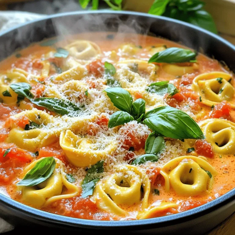 You need a few key ingredients to make this dish. Here they are: - 12 oz cheese tortellini (fresh or frozen) - 1 tablespoon olive oil - 1 small onion, diced - 3 cloves garlic, minced - 1 can (14 oz) diced tomatoes, undrained - 2 cups vegetable broth - 1 cup heavy cream - 1 teaspoon dried Italian herbs - 1/4 teaspoon red pepper flakes (optional) - Salt and pepper to taste - 1/2 cup fresh basil, chopped - Grated Parmesan cheese for serving You may have some of these items already in your pantry. Check for: - Olive oil - Dried Italian herbs - Salt and pepper - Red pepper flakes These staples help build a rich flavor in your dish. Want to kick it up a notch? Try adding: - Extra minced garlic for a bolder taste - Sautéed spinach or kale for added nutrition - Chopped sun-dried tomatoes for a tangy twist Feel free to mix and match these extras! They can make your creamy tortellini even more delicious. Start by heating 1 tablespoon of olive oil in a large pot over medium heat. Once the oil is hot, add 1 small diced onion. Sauté the onion for about 3 to 4 minutes. You want it to be translucent and fragrant. After that, add 3 cloves of minced garlic to the pot. Sauté it for 1 more minute. The aroma will fill your kitchen. Next, pour in 1 can of undrained diced tomatoes and 2 cups of vegetable broth. Stir the mixture well. Let it come to a gentle simmer. This step builds the base flavor for your dish. Once the mixture is simmering, add 12 oz of cheese tortellini. You can use fresh or frozen. Sprinkle in 1 teaspoon of dried Italian herbs. If you like some heat, add 1/4 teaspoon of red pepper flakes. Cook the tortellini according to the package instructions, usually about 5 to 7 minutes. Stir gently to ensure even cooking. You want the tortellini to be tender and cooked through. When the tortellini is done, lower the heat to a gentle setting. Gradually pour in 1 cup of heavy cream while stirring. This makes the dish creamy and rich. Let it heat for about 2 to 3 minutes. You want it warmed through but not boiling. Now, season the dish with salt and pepper to taste. Fold in 1/2 cup of chopped fresh basil. Mix everything together. The basil adds fresh flavor and a vibrant touch. Turn off the heat and let the dish sit for a couple of minutes. This helps it thicken slightly. To serve, ladle the creamy tortellini into bowls. Garnish with grated Parmesan cheese and extra basil for a pop of color. Enjoy your delicious One-Pot Creamy Tomato Basil Tortellini! To get a rich, creamy texture, use heavy cream. It gives the best mouthfeel. If you prefer, you can mix in some cream cheese. This will add extra creaminess. Stir the cream in slowly. This helps it blend well into the sauce. For better flavor, add fresh herbs. Fresh basil is great, but you can also try parsley. Dried herbs, like oregano or thyme, work well too. A splash of balsamic vinegar can add depth. If you like spice, sprinkle in some red pepper flakes. Just a little will do! Follow the cooking time on the tortellini package. It usually takes about 5 to 7 minutes. Stir them gently while they cook. This keeps them from sticking together. Test one before draining to ensure it’s tender. If you want more bite, cook them a minute less. {{image_4}} You can easily make this dish vegetarian. Just skip any meat and focus on plant-based flavors. Use vegetable broth as your base. The cheese tortellini adds creaminess. Fresh basil gives it a bright flavor. You can also add more veggies like spinach or bell peppers for extra nutrition. They cook quickly and blend well with the sauce. If you want to add protein, chicken or sausage works great. For chicken, use bite-sized pieces. Cook them in the pot before adding the onion. This adds flavor to your dish. If you prefer sausage, slice it and add it with the onion. Both options make the meal heartier. Just ensure the meat is cooked through before adding the tortellini. For a gluten-free version, choose gluten-free tortellini. Many brands offer tasty options made from rice or corn. Just make sure to check the cooking time. You might need to adjust the simmering time to avoid overcooking. The rest of the ingredients are already gluten-free. This way, everyone can enjoy the creamy goodness! To store your creamy tomato basil tortellini, let it cool first. Then, place it in an airtight container. This helps keep it fresh. You can store it in the fridge for up to three days. Make sure to label the container with the date. This way, you won’t forget when you made it. When ready to eat your leftovers, reheat gently. Place the tortellini in a pot over low heat. Stir it often to avoid burning. You can add a splash of water or broth to help it warm evenly. Heat until it is hot but not boiling. This keeps the creamy texture nice. If you want to freeze the tortellini, do it after it has cooled. Use a freezer-safe container or bag. It will stay good for up to three months. When you are ready to eat it, thaw it overnight in the fridge. Reheat it on the stove as mentioned above. Enjoy a quick meal anytime! Yes, you can use frozen tortellini. Just add it directly to the pot. Frozen tortellini cooks well. It may take a minute or two longer than fresh. Follow the package directions for best results. If you want a lighter option, use half-and-half. You can also use coconut milk for a dairy-free choice. For a thicker texture, blend silken tofu with a bit of water. Each option brings a unique flavor. To add heat, include more red pepper flakes. You can also add diced jalapeños or a dash of hot sauce. Adjust the spice to your liking, but start small. Taste as you go for the best flavor. Fresh basil adds great flavor and aroma, but it is not required. Dried basil will work in a pinch. If you use dried, add less since it’s stronger. Fresh herbs always brighten up any dish! This guide covered everything you need for a tasty one-pot creamy tomato basil tortellini. We explored key ingredients, cooking steps, and clever tips for the best results. I shared ways to adapt the dish to fit your tastes and dietary needs. Remember, cooking is about finding joy in every bite. Enjoy your meal and share it with others!
