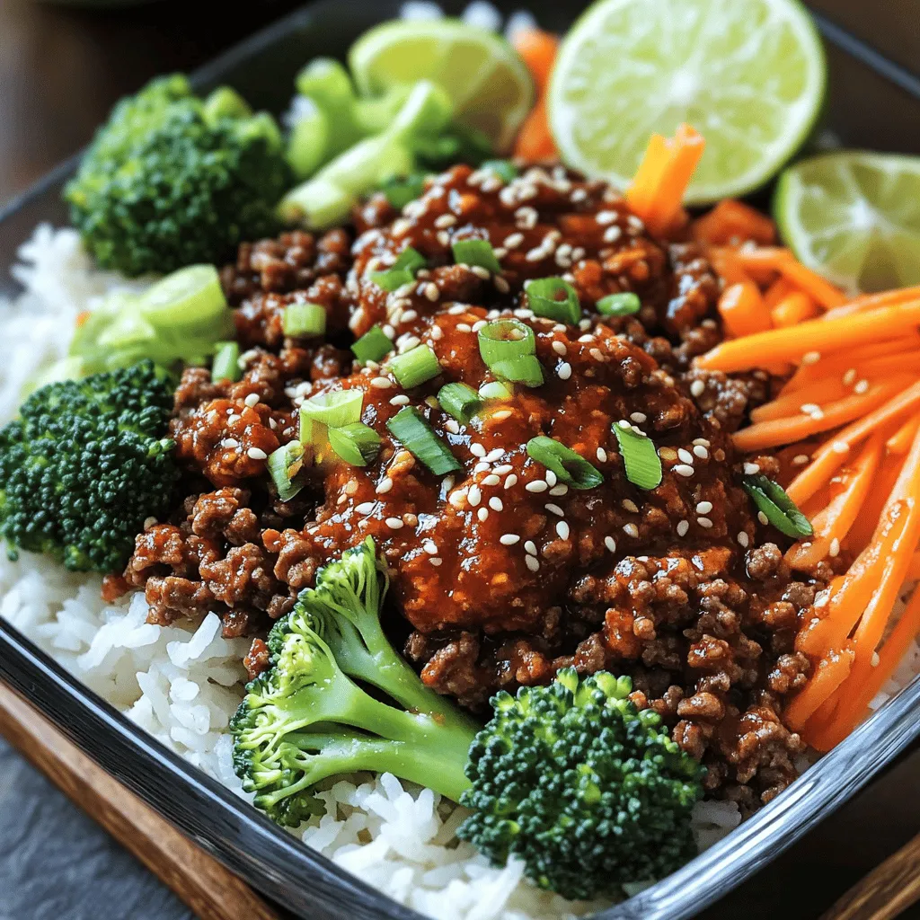- 1 lb (450g) ground beef - 2 tablespoons gochujang (Korean chili paste) - 2 tablespoons soy sauce - 1 tablespoon sesame oil - 2 teaspoons brown sugar - 1 teaspoon garlic, finely minced - 1 teaspoon ginger, freshly grated - 1 cup cooked jasmine rice - 1 cup broccoli florets, cut into bite-sized pieces - 1 large carrot, peeled and julienned - 2 green onions, thinly sliced The main ingredients make this dish bold and tasty. Ground beef gives a rich flavor. Gochujang and soy sauce add spice and depth. The ginger and garlic boost the taste, making it aromatic. Fresh veggies like broccoli and carrots bring color and crunch. - Sesame seeds - Lime wedges - Green onions Garnishes make your bowl look great and add fun flavors. Sesame seeds provide a nutty crunch. Lime wedges let you add a zesty kick. Fresh green onions give a burst of freshness on top. Using these garnishes will elevate your Spicy Korean Beef Bowls even more! Start by heating a large skillet over medium-high heat. Add 1 lb of ground beef to the skillet. Cook the beef until it turns brown, about 5-7 minutes. Use a spatula to break the meat into smaller pieces as it cooks. This helps it to cook evenly. If you see extra fat, drain it off. You want your dish to be hearty, not greasy. Once the beef is nicely browned, it’s time to add flavor. Stir in 2 tablespoons of gochujang, 2 tablespoons of soy sauce, and 1 tablespoon of sesame oil. Add 2 teaspoons of brown sugar, 1 teaspoon of minced garlic, and 1 teaspoon of grated ginger. Mix everything well and let it cook for another 3-4 minutes. This helps all the flavors blend together. While the beef cooks, prepare your vegetables. In a pot or steamer, add 1 cup of broccoli florets and 1 large carrot, which you will julienne. Steam them for about 3-5 minutes. You want them tender but still a bit crisp. This adds great texture to the dish. Keep an eye on the vegetables. You want them cooked but not mushy. They should still have a bright color and a slight crunch. This makes your dish more colorful and enjoyable. Now, it’s time to put everything together. Start by placing a scoop of cooked jasmine rice at the bottom of each bowl. Top the rice with a generous portion of the spicy beef mixture. The rice will soak up the flavors from the beef, making each bite delightful. For a beautiful finish, arrange the steamed broccoli and carrots next to the beef. This adds color and makes the dish look fresh. Garnish with sliced green onions and a sprinkle of sesame seeds. Don’t forget to add a lime wedge on the side. Squeezing fresh lime juice over the dish adds a tasty zing just before eating. Avoiding Greasiness To keep your Spicy Korean Beef Bowls light, drain the fat after browning the beef. This step stops the dish from becoming heavy. Use lean ground beef for less grease. Balancing Flavors Use gochujang wisely. This spicy paste adds heat but can overpower the dish. Start with two tablespoons and taste as you mix. Adjust with soy sauce and brown sugar for sweetness. Using Eye-Catching Dishware Choose deep bowls to show off your colorful ingredients. Bright colors from the veggies make the dish pop. The right dishware can make your meal look gourmet. Enhancing Aroma with Sesame Oil Drizzle a bit of sesame oil over the finished bowls. This adds a rich aroma that draws people in. The oil also gives a nice shine to your meal. Complementary Side Dishes Serve with a light cucumber salad or kimchi. These sides add a refreshing crunch and balance the bold flavors of the beef. Beverage Pairings Enjoy your meal with a cold Korean beer or a sweet tea. These drinks pair well and enhance the meal experience. {{image_4}} You can switch the ground beef with chicken or tofu. - Chicken: Use ground chicken for a lighter option. Cook it the same way as beef. - Tofu: For a plant-based choice, use firm tofu. Crumble it like beef and sauté until golden. If you want vegan substitutes, try seitan or tempeh. They both provide a hearty texture. Want to play with heat? You can adjust the spice level easily. - How to Modulate Heat: Start with less gochujang. Add more gradually if you want more kick. - Adding Extra Ingredients for Flavor: Consider adding a splash of rice vinegar. It adds tang without extra heat. For a healthy twist, swap jasmine rice with other grains. - Using Brown Rice or Quinoa: Both provide more fiber and nutrients. Cook them according to package directions. - Cauliflower Rice for Low-Carb: If you want something even lighter, use cauliflower rice. It’s simple to make and absorbs flavors well. These variations keep the dish fun and fresh. Enjoy experimenting with your Spicy Korean Beef Bowls! - Refrigerating Prepared Bowls: Store any leftover Spicy Korean Beef Bowls in an airtight container. This method keeps the flavors fresh. Your dish will last in the fridge for up to three days. When you store it, make sure to separate the rice from the beef and veggies. This keeps the rice from becoming soggy. - Freezing Options: You can freeze the beef mixture for later use. Place the beef in a freezer-safe bag. Remove as much air as possible before sealing. It will maintain its quality for about three months. Broccoli and carrots do not freeze well, so add fresh ones when you reheat. - Microwave vs. Stovetop: The microwave is quick for reheating. Place your bowl in the microwave for about two minutes. Stir halfway through to heat evenly. The stovetop works too. Heat in a skillet over medium heat, stirring often for about five minutes. - Preserving Texture and Flavor: To keep the texture nice, add a splash of water when reheating in the microwave. This helps steam the dish. If using the stovetop, a little sesame oil can add flavor back to the beef. Gochujang is a thick, red chili paste from Korea. It combines heat, sweetness, and umami. You will find it made from fermented soybeans, rice, and chili powder. This unique blend makes it a staple in Korean cooking. You can use it in marinades, stews, and sauces. You can find gochujang in most Asian grocery stores. Look for it in the international aisle of larger supermarkets. It usually comes in a red tub or jar. Yes, you can prepare this dish ahead of time. It makes meal prep easy and convenient. For meal prep, cook the beef mixture and store it in the fridge. You can also steam the veggies in advance. Keep the rice separate for the best texture. For storage, place the components in airtight containers. You can keep them in the fridge for up to three days. For longer storage, freeze the beef mixture and rice. To make this recipe gluten-free, swap the soy sauce. Use tamari or coconut aminos instead. Both work well and provide a similar flavor. Make sure to check the labels on all ingredients. Some gochujang brands offer gluten-free options. Always choose the ones made without wheat. This article covered how to make spicy Korean beef bowls. We explored key ingredients, like ground beef and gochujang, and optional garnishes to enhance the dish. The step-by-step guide helped with cooking, preparing veggies, and assembling your bowl attractively. Remember to balance flavors and use eye-catching dishware for a great presentation. With variations and storage tips, you can enjoy this meal multiple ways. I hope you feel confident to try making this dish and enjoy the flavors it brings to your table.