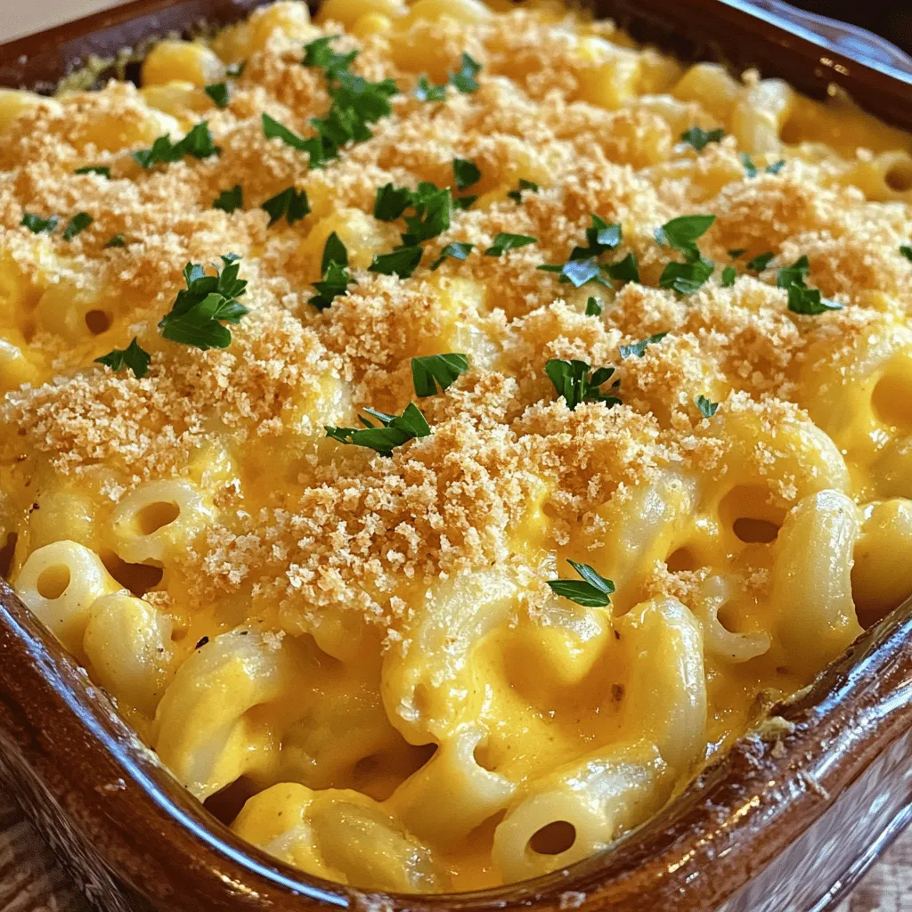 - 8 oz elbow macaroni - 2 tablespoons unsalted butter - 2 tablespoons all-purpose flour - 2 cups whole milk - 1 cup smoked Gouda cheese, finely shredded - 1 cup sharp cheddar cheese, finely shredded - 1 teaspoon garlic powder - 1 teaspoon onion powder - Salt and black pepper to taste - 1/2 cup panko breadcrumbs - 2 tablespoons fresh parsley, finely chopped The main ingredients create a creamy and rich flavor. The smoked Gouda adds a unique taste. You can use sharp cheddar for a nice balance. - Bacon bits - Hot sauce - Truffle oil Adding bacon bits gives a crunchy texture. Hot sauce can bring heat, while truffle oil adds a touch of luxury. Feel free to mix in what you love. - Recommended side dishes - Best wines to serve with mac and cheese Pair your mac and cheese with a fresh salad. A crisp green salad complements the richness well. For wine, a light white like Sauvignon Blanc works nicely. Enjoy these pairings to enhance your meal. Start by bringing a large pot of salted water to a boil. This step is key. Once the water bubbles, add 8 oz of elbow macaroni. Cook it according to the package directions until it is al dente. This usually takes about 7-8 minutes. Drain the pasta and set it aside while you focus on the cheese sauce. Next, it's time to prepare the roux. In the same pot, lower the heat to medium and add 2 tablespoons of unsalted butter. Let the butter melt completely. Then, sprinkle in 2 tablespoons of all-purpose flour. Whisk this mix continuously for about 1-2 minutes. You want it to turn a light golden color. Now, gradually pour in 2 cups of whole milk while whisking. Keep whisking to avoid lumps. This should take about 5 minutes until the mixture thickens. Lower the heat to a gentle simmer. Add 1 cup each of finely shredded smoked Gouda and sharp cheddar cheese. Stir until the cheeses melt into a creamy sauce. Don’t forget to add 1 teaspoon of garlic powder, 1 teaspoon of onion powder, and season it with salt and black pepper to taste. Now, mix the cooked elbow macaroni into the cheese sauce. Stir well to coat every piece of pasta with that rich sauce. Preheat your oven to 350°F (175°C). Lightly grease a baking dish with butter or cooking spray. Pour the macaroni and cheese mixture into the dish, spreading it evenly. For that extra crunch, prepare the topping. In a small bowl, mix 1/2 cup of panko breadcrumbs with a drizzle of olive oil. This will give it flavor and texture. Evenly sprinkle this mixture over the mac and cheese. Finally, place the baking dish in your preheated oven. Bake for about 20-25 minutes or until the top is golden-brown and the cheese is bubbling. Enjoy the process; soon, you will have a delicious dish ready to serve! To make the best cheese sauce, start with a smooth mix. When you add milk, pour it in slowly. Keep whisking as you go. This helps avoid lumps. A good sauce should be creamy, not too thick or too runny. If it seems too thick, add a bit more milk. If it’s too thin, cook it a bit longer. Look for a golden-brown top for perfect baking. You want the cheese to bubble and the crumbs to crisp up. If you want more crunch, try adding more panko breadcrumbs or some grated cheese on top before baking. You can also mix in spices for extra flavor. For a fun twist, serve mac and cheese in small ramekins. It adds charm and makes it easy to enjoy. You can also top each serving with fresh parsley and a dash of smoked paprika. For sides, serve a fresh salad or some roasted veggies. They pair nicely with the rich flavors of the dish. {{image_4}} You can swap out smoked Gouda for other tasty cheeses. Here are some fun options: - Gruyère: This cheese adds a nutty flavor. - Fontina: It's creamy and melts well. - Havarti: This cheese is buttery and smooth. Mixing cheeses makes your mac and cheese unique. Try combining smoked Gouda with sharp cheddar. This mix gives a rich taste. You can also blend it with pepper jack for a spicy kick. The options are endless! Want a gluten-free version? Use gluten-free pasta. You can find many brands that taste great. For the sauce, swap all-purpose flour for cornstarch. This will thicken your cheese sauce without gluten. If you're vegan, use a plant-based milk like almond or soy. For cheese, try vegan cheeses made from nuts or soy. They melt nicely and taste good too. You can even add nutritional yeast for a cheesy flavor! Adding seasonal veggies can boost flavor and nutrition. In spring, try fresh peas or asparagus. In fall, roasted butternut squash works well. These ingredients add color and taste to your dish. For holiday meals, think about toppings. Add crispy fried onions for a Thanksgiving twist. During winter, sprinkle some crushed rosemary or sage on top. These herbs add warmth to your mac and cheese. Enjoy exploring all these delicious variations! To keep your smoked Gouda mac and cheese fresh, place it in an airtight container. This helps prevent moisture loss. You can store it in the fridge for up to 3 days. I find it best to let it cool before sealing. When reheating, you want to keep that creamy texture. The best method is to use the oven. Preheat it to 350°F (175°C). Place the mac and cheese in a baking dish, cover with foil, and heat for about 20 minutes. If you use the microwave, warm it in short bursts. Stir it often to avoid dry spots. You can freeze leftover mac and cheese for up to 3 months. First, let it cool completely. Then, transfer it to a freezer-safe container. When you're ready to eat, thaw it in the fridge overnight. Reheat it in the oven as mentioned above for the best results. Yes, you can make this dish ahead. Cook the pasta and cheese sauce separately. Combine them before baking. Store in the fridge for up to two days. When ready, bake it straight from the fridge. Add a few extra minutes to the baking time. Smoked Gouda has a distinct smoky flavor. It adds depth to dishes. Regular Gouda is milder and creamier. Use smoked Gouda when you want a richer taste. Regular Gouda works well in classic cheese recipes. Absolutely! You can use any pasta you like. Shells, penne, or rotini work great. Choose a shape that holds cheese well. This ensures every bite is cheesy and delicious. Add crushed red pepper flakes for a kick. Mix in some diced jalapeños for freshness. You could also use a spicy cheese blend. Just remember to balance the heat with the creamy sauce. Reheat in the oven for the best results. Cover with foil to keep it moist. If using a microwave, add a splash of milk. This helps keep the sauce creamy. Enjoy your warm and cheesy dish! This post covered all you need to craft creamy mac and cheese. You learned about key ingredients, easy steps, and tips for a perfect bake. I emphasized the joy of personalizing your dish with add-ins and seasonal flavors. Remember to store your leftovers properly to enjoy them later. With these skills, you can impress friends and family. Dive in and make your own tasty version today!