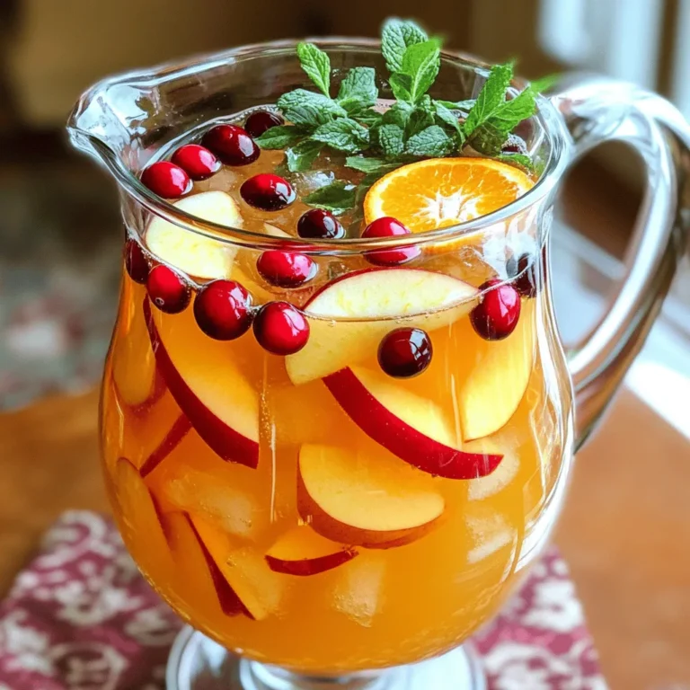 - 4 cups of apple cider - 2 cups of cranberry juice - 1 cup of sparkling water or lemon-lime soda - 1/2 cup of freshly squeezed orange juice - 1/4 teaspoon of ground cinnamon - 1/4 teaspoon of ground nutmeg - 1 orange, thinly sliced - 1 apple, thinly sliced - 1 cup of fresh cranberries (optional) - Ice cubes This punch is a great mix of flavors. Apple cider gives it a sweet base. Cranberry juice adds a tangy kick. The orange juice brightens it up. Ground cinnamon and nutmeg bring warmth. Fresh fruits add color and texture. You can also use cranberries for a nice touch. Each ingredient plays a role in the final taste. Apple cider is the star. The juices balance sweetness and tartness. Spices add depth. The sparkling water or soda makes it lively. You can serve it any time, but it shines in fall. Make sure to use fresh ingredients. They will give you the best flavor. Thinly sliced fruits look great and add zest. You can adjust the spice amounts to your taste. Enjoy this drink at gatherings or quiet nights at home. - Combine apple cider and cranberry juice. Pour 4 cups of apple cider into a large pitcher. Add 2 cups of cranberry juice. This mix gives a sweet and tart base. - Add spices and orange juice. Next, squeeze 1/2 cup of fresh orange juice into the mix. Sprinkle in 1/4 teaspoon of ground cinnamon and 1/4 teaspoon of ground nutmeg. These spices add warmth and depth. - Stir in sliced fruits and cranberries. Slice 1 orange and 1 apple thinly. Carefully add them to the pitcher. If you want extra texture, toss in 1 cup of fresh cranberries. - Chill the punch. Cover the pitcher and place it in the fridge. Chill for at least 1 hour. This helps the flavors blend well. - Serve with sparkling water. Just before serving, stir in 1 cup of sparkling water or lemon-lime soda. This will give your punch a nice fizz. Pour over ice cubes in glasses. Enjoy the fresh and fruity taste! To boost the taste of your Apple Cider Harvest Punch, try adding fresh herbs. Rosemary or thyme can add a nice touch. For spice lovers, a hint of ginger or cardamom can bring warmth. You can adjust the sweetness of your punch easily. If you want it sweeter, add more cranberry juice or honey. For a tarter flavor, use less juice and more apple cider. For garnishes, consider using pomegranate seeds or star anise. These not only add flavor but also look pretty. Serve your punch in clear glass pitchers. This way, everyone can see the colorful fruit slices. Each glass will look inviting and festive. Garnish each drink with fresh mint or a cinnamon stick. This adds a lovely aroma and enhances the flavor. Plus, it makes your punch look even more appealing. Enjoy serving this delightful drink! {{image_4}} You can change this punch with different juices. Instead of cranberry juice, try pomegranate juice or grape juice. These juices add sweetness and a new taste. You can also mix in some sparkling apple juice for extra fizz. If you want a kick, add a splash of alcohol. Rum or vodka works well. Just remember to mix in the alcohol after chilling the punch. This way, you keep that refreshing taste. Seasonal fruits can make this punch even better. In fall, add pear slices or fresh figs. For winter, think about using pomegranate seeds or citrus fruits. They bring a festive flair. Adjust the punch for holidays too. For Thanksgiving, use spices like cloves or allspice for a warm flavor. For Christmas, red and green fruits add holiday cheer. You can also use candy canes as a fun garnish. These variations keep the punch fresh and exciting. Each season brings new tastes to explore. Enjoy experimenting with flavors that reflect the time of year! When you have leftover punch, store it in the fridge. Use a clean, airtight container. This helps keep it fresh and tasty. The punch stays good for about 3 days. After that, the flavors may change. You can use leftover punch ingredients in fun ways. Here are some ideas: - Apple and Orange Slices: Add them to salads for a fruity twist. - Cranberry Juice: Mix it with sparkling water for a refreshing drink. - Spices: Use cinnamon and nutmeg in baked goods, like muffins or pies. - Cider: Heat it up with spices for a warm drink. These ideas help reduce waste and add flavor to your meals! You can use white grape juice or pear juice. These drinks give a similar sweet taste. They also add a fun twist to your punch. Yes! You can prepare the punch up to a day in advance. Just mix the juices and spices, then chill. Add the sparkling water right before serving. This keeps the fizz fresh! Absolutely! This punch is a hit with both kids and adults. It has no alcohol, so everyone can enjoy it. You can even add a splash of rum for adults if you wish. To serve more people, simply double or triple the recipe. Use a larger pitcher or bowl. Make sure to have enough ice and fruit slices for all your guests. Enjoy the fun! You can find the full recipe for Apple Cider Harvest Punch [here](#). This punch is a perfect blend of sweet and tart flavors. It combines apple cider, cranberry juice, and sparkling water. I love how the spices like cinnamon and nutmeg add warmth. When you prepare this drink, you can adjust it to your taste. For example, if you want it sweeter, add more orange juice. If you prefer it more tart, use more cranberry juice. This flexibility makes it fun to create your perfect punch. You can also add fresh cranberries for a festive touch. They not only look great but also add a nice texture. The thin slices of orange and apple elevate the drink’s look and flavor. Chilling the punch for an hour lets the flavors blend well. Right before serving, add sparkling water for a fizzy finish. Pour it over ice for a refreshing drink. Serve it in clear pitchers to show off its bright colors. Garnish with mint or a cinnamon stick for extra flair. Enjoy this drink at your next gathering, and watch your guests love it. This blog post covered how to make a tasty apple cider harvest punch. We discussed the ingredients, step-by-step preparation, and tips to enhance flavor. You can customize the drink for holidays and try different juices, too. Remember to store leftovers properly and explore using extra ingredients in other recipes. Enjoy creating this festive drink that delights everyone. It's easy, fun, and perfect for gatherings!