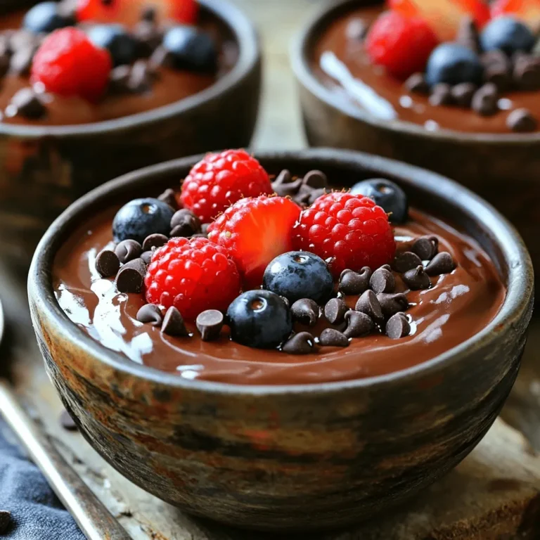 To make chocolate cottage cheese pudding, gather these key items: - 1 cup cottage cheese - 1/4 cup unsweetened cocoa powder - 1/4 cup honey or maple syrup - 1/2 teaspoon pure vanilla extract - 1/4 teaspoon sea salt - 1/2 cup milk (choose dairy or a non-dairy alternative) These ingredients create a rich and creamy base. The cottage cheese gives body, while cocoa powder adds chocolate flavor. Honey or maple syrup sweetens the pudding naturally. The vanilla extract enhances the taste, and sea salt balances the sweetness. You can make your pudding even better with these extras: - 2 tablespoons mini chocolate chips (optional for garnish) - Fresh berries (like raspberries or strawberries) - Sliced bananas Using toppings adds color and texture to your dessert. Fresh fruits bring brightness and a hint of tartness. Mini chocolate chips create a fun crunch. If you need to swap ingredients, here are some ideas: - Use Greek yogurt instead of cottage cheese for a tangy twist. - Try agave nectar or stevia in place of honey or maple syrup for lower sugar. - Almond milk or oat milk can replace cow's milk for a dairy-free option. These substitutions maintain the pudding's flavor and texture while catering to your dietary needs. Feel free to mix and match until you find what you love! First, gather your ingredients. You will need cottage cheese, cocoa powder, honey or maple syrup, vanilla, and sea salt. Place the cottage cheese in a blender. Add the cocoa powder, honey, vanilla, and sea salt. This mix is the heart of your pudding. The cottage cheese adds protein. The cocoa gives a rich chocolate flavor. Next, pour in the milk. You can use dairy or a non-dairy option. Blend on high speed. Keep blending until your mixture is smooth and creamy. Stop the blender sometimes. Scrape down the sides to mix everything well. After blending, taste your pudding. If it needs more sweetness, add a bit more honey or maple syrup. Now, spoon the pudding into bowls or dessert cups. If you like, fold in some mini chocolate chips for extra texture. Cover each bowl with plastic wrap or a lid. Place them in the fridge for at least 30 minutes. This step helps the flavors mix and the pudding set. Just before serving, top with fresh berries or banana slices. You can also add more mini chocolate chips for a fun touch. Enjoy your rich and creamy treat! To make your chocolate cottage cheese pudding creamy, start with fresh cottage cheese. Blend it well with cocoa powder, honey, vanilla, and salt. Gradually add milk while blending. This helps create a smooth texture. If your pudding is still grainy, blend it a bit longer. Scraping the sides of the blender ensures all ingredients mix well. This step is key to achieving that rich and creamy feel. Taste your pudding after blending. If you want it sweeter, add more honey or maple syrup. You can also try different flavors. For a hint of spice, mix in a pinch of cinnamon or a splash of coffee. These tweaks let you customize the taste. Remember, balance is important. You want the chocolate flavor to shine through without being too sweet. Presentation makes your pudding even more fun to eat. Use small cups or bowls to serve. Top each serving with fresh berries or banana slices. This adds color and freshness. A few mini chocolate chips on top give a nice touch. You could even drizzle some extra honey for shine. A beautiful presentation makes everyone excited to dig in! {{image_4}} You can make this pudding even more fun by adding new flavors. If you like mint, try adding a few drops of mint extract. It will give your pudding a fresh taste. For a coffee twist, add a teaspoon of espresso powder. This adds a rich, bold flavor that pairs well with chocolate. Taste your pudding after blending. You can adjust the flavor to your liking by adding more of your chosen extract. If you want a healthier version, you can cut down on sugar. Use a sugar-free sweetener instead of honey or maple syrup. This keeps the taste great without all the sugar. For a dairy-free option, swap the cottage cheese for a dairy-free alternative. Silken tofu works well and keeps it creamy. You can also use almond or coconut milk instead of regular milk. These options help make the pudding lighter while still being delicious. Toppings can take your pudding to the next level. Fresh berries, like raspberries or strawberries, add a tasty, fruity burst. Sliced bananas bring a nice sweetness that works well with chocolate. You can also sprinkle some nuts for a crunchy texture. Try adding a dollop of whipped cream for a creamy finish. Mini chocolate chips are a fun touch, too. Mix and match your toppings to find your favorite combination! To keep your chocolate cottage cheese pudding fresh, store it in the fridge. Use airtight containers to prevent it from absorbing other smells. Cover the bowls tightly with plastic wrap or lids. This helps maintain its creamy texture and rich flavor. When stored properly, this pudding lasts about 3 to 5 days in the fridge. Always check for any changes in smell or texture before eating. If you see any signs of spoilage, toss it out to stay safe. You can freeze chocolate cottage cheese pudding for longer storage. Portion it into freezer-safe containers. Leave some space at the top, as it will expand when frozen. It can last up to 2 months in the freezer. When ready to eat, thaw it overnight in the fridge. Stir it well before serving to restore its creamy texture. Yes, you can use other sweeteners. Try agave nectar or stevia. Each sweetener gives a unique flavor. Adjust the amount based on your taste. Start with less, then add more if needed. This way, you can find your perfect sweetness. Many toppings work well with this pudding. Here are some ideas: - Fresh berries like raspberries or strawberries - Sliced bananas - Mini chocolate chips - A dollop of whipped cream - Chopped nuts for a crunchy texture These toppings add flavor and make your pudding look great. Get creative and mix your favorites! Yes, this recipe is perfect for meal prep. You can make it ahead of time. Just store it in the fridge. The pudding stays fresh for about three days. This makes it easy to grab a sweet snack or dessert later. This recipe for Chocolate Cottage Cheese Pudding is simple and fun. We covered the main ingredients and how to blend them well. You also learned tips to make it creamy and sweet, with ideas for flavors and toppings. Take this pudding and customize it to your taste. It’s perfect for any occasion. Enjoy your dessert with family and friends or as a tasty treat for yourself. With easy storage tips, you can keep it fresh, too. Dive in, and make this delicious pudding your own!