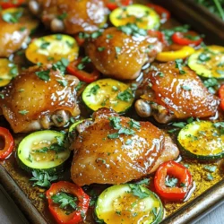 - 4 boneless, skinless chicken thighs - 2 medium zucchinis, sliced into rounds - 1 red bell pepper, thinly sliced - 1 yellow bell pepper, thinly sliced - 1/4 cup honey - 4 cloves garlic, finely minced - 2 tablespoons soy sauce - 2 tablespoons olive oil - 1 teaspoon ground ginger - 1 teaspoon smoked paprika - Fresh parsley, finely chopped The main ingredients form the heart of this dish. The chicken thighs bring a rich flavor. Zucchini adds a fresh crunch, and bell peppers give a colorful pop. For the marinade, honey is the star. It adds sweetness that balances with garlic's strong taste. Soy sauce brings umami, while olive oil helps blend the flavors. Seasoning is essential, too. Ground ginger gives warmth, and smoked paprika adds depth. Finally, fresh parsley brightens the dish and makes it pretty. Gather these ingredients before you start. This makes the cooking process smooth and fun. You can mix and match some veggies or spices based on what you love. Enjoy the process! - Preheat the oven: Start by setting your oven to 400°F (200°C). This high heat helps caramelize the veggies and cook the chicken perfectly. - Mix the marinade: In a medium bowl, whisk together the honey, minced garlic, soy sauce, ground ginger, smoked paprika, salt, and pepper. This blend will give your dish a sweet and savory kick. - Coat the chicken thighs: Place your chicken thighs in a large bowl. Pour half of the honey garlic marinade over the chicken. Toss until every piece is well coated. - Marinating time: Let the chicken sit for a bit while you prep the veggies. This allows the flavors to soak in. - Slice the vegetables: Take two medium zucchinis and slice them into rounds. Thinly slice one red bell pepper and one yellow bell pepper. - Arrange on the sheet pan: On a large sheet pan, spread out the sliced zucchinis and bell peppers in a single layer. Drizzle with olive oil and season with salt and pepper. Toss to coat evenly. - Bake time and temperature: Remove the marinated chicken from the bowl and place it in the center of the sheet pan. Brush the remaining marinade over the chicken. Bake in the oven for 25-30 minutes. The chicken should reach an internal temperature of 165°F (75°C) and the veggies should be tender. - Rest period before serving: After baking, let the chicken and veggies rest for a few minutes. This step lets the juices settle, keeping the chicken juicy and tasty. - Brushing the marinade: To get that shiny glaze, brush the leftover marinade over the chicken before baking. This adds flavor and creates a beautiful finish. Use a silicone brush for even coverage. - Using high-quality honey: Choose a pure honey for the best taste. It should be thick and rich. A good honey enhances the sweetness and pairs well with garlic. - Internal temperature checks: Always check the chicken's internal temperature. It should reach 165°F (75°C) to be safe and juicy. Use a meat thermometer for accuracy. - Cooking times for different ovens: Ovens can vary. If your oven runs hot, check the chicken a few minutes earlier. If it runs cool, it may need a bit longer. Keep an eye on the veggies too; they should be tender. - Rustic serving style: For a cozy look, serve the dish straight from the sheet pan. This invites everyone to dig in and enjoy the meal together. - Plating for guests: If you want to impress, plate each chicken thigh with a mix of colorful veggies. Drizzle extra marinade over the top for a tasty touch. A sprinkle of fresh parsley adds color and freshness. {{image_4}} You can swap out chicken thighs for other proteins. Chicken breasts work well too. They are leaner and cook faster. Just adjust the cooking time to avoid dryness. If you want a vegetarian option, try tofu or tempeh. These options soak up the marinade nicely. Feel free to add more veggies to the mix. Broccoli, snap peas, or carrots can brighten up the dish. Seasonal veggies like asparagus in spring or squash in fall also make great choices. This can add flavor and nutrition. Want to spice things up? Add some red pepper flakes or chili powder to the marinade. This will give your dish a nice kick. If you like sweet and savory, toss in some pineapple chunks or diced apples. This will complement the honey and garlic perfectly. After enjoying your Honey Garlic Chicken Zucchini Sheet Pan, store any leftovers in the fridge. Place the chicken and veggies in an airtight container. They will stay fresh for about 3 to 4 days. If you want to keep them longer, consider freezing. You can freeze the chicken and veggies in a freezer-safe bag. They will last for up to 3 months. Just make sure to remove as much air as possible from the bag. When it’s time to enjoy your leftovers, you have a few great options for reheating. The best way is to use the oven. Preheat your oven to 350°F (175°C). Place the chicken and veggies on a baking sheet. Heat for about 15-20 minutes, or until warmed through. This method keeps the chicken juicy and the veggies tender. You can also use a microwave if you’re in a hurry. Just heat them in short bursts, stirring in between. This way, you keep the flavors and texture intact. Yes, you can use chicken breasts. Chicken thighs are juicier and more flavorful. They stay tender during cooking. Breasts may dry out if overcooked. Thighs also have more fat, which adds flavor. If using breasts, check them often as they cook faster. Aim for an internal temperature of 165°F (75°C) for safety. Great sides include: - Rice or quinoa for a hearty base. - A fresh salad for crispness. - Garlic bread for a tasty touch. - Roasted potatoes to complement the flavors. These sides balance the dish and create a complete meal. To check if the chicken is done, use a meat thermometer. Insert it into the thickest part of the thigh. Look for a temperature of 165°F (75°C). If you don’t have a thermometer, cut into the chicken. The meat should be white, with no pink inside. Let it rest after cooking for juicier meat. This blog post shared a tasty recipe for Honey Garlic Chicken with Zucchini and Peppers. We covered the main ingredients, like chicken thighs and fresh veggies, and created a flavorful marinade. I provided step-by-step instructions and helpful tips for a perfect dish. Remember, you can adapt this recipe with different proteins and vegetables. I hope you enjoy making this meal as much as I do! Cooking can be fun and rewarding, so get started today!