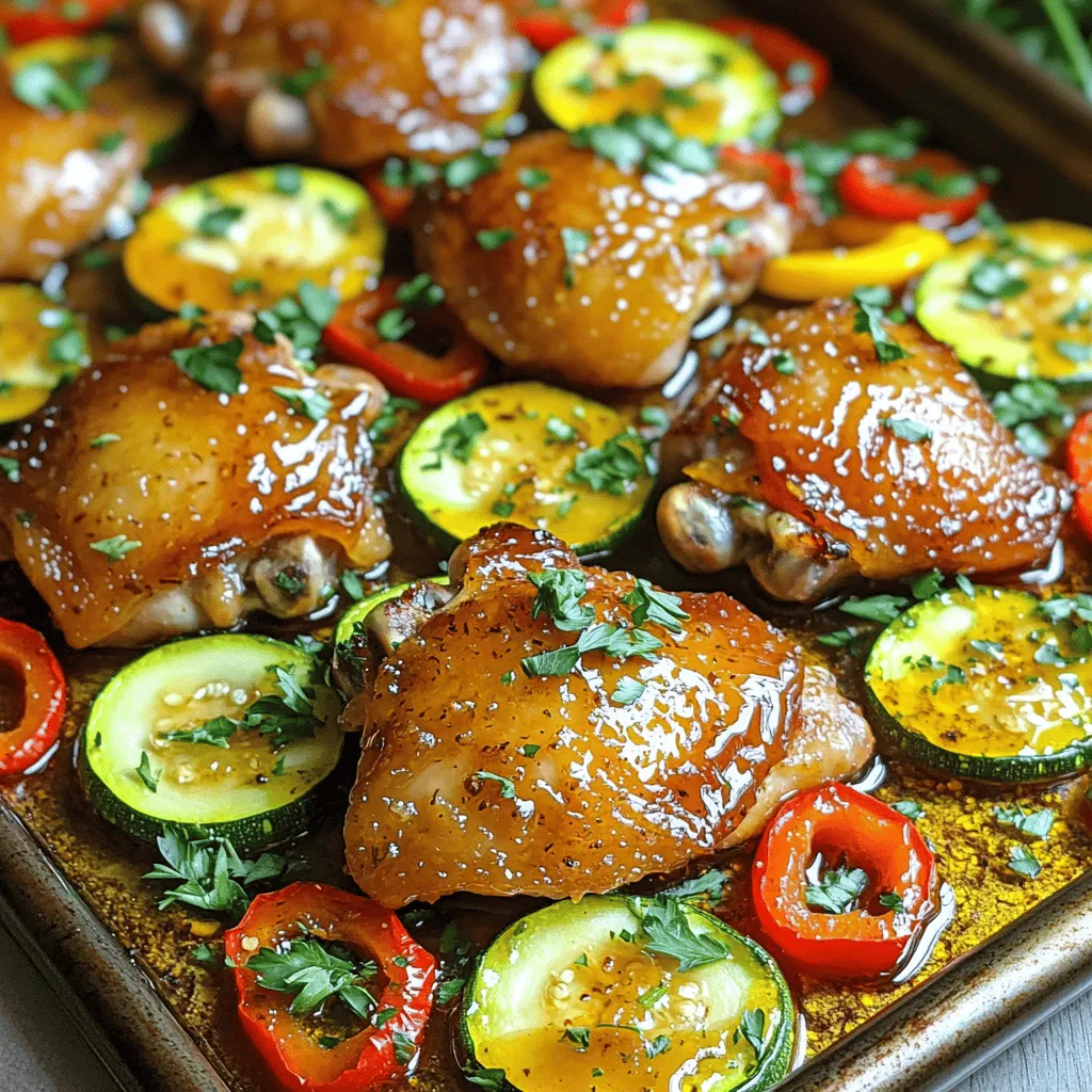 - 4 boneless, skinless chicken thighs - 2 medium zucchinis, sliced into rounds - 1 red bell pepper, thinly sliced - 1 yellow bell pepper, thinly sliced - 1/4 cup honey - 4 cloves garlic, finely minced - 2 tablespoons soy sauce - 2 tablespoons olive oil - 1 teaspoon ground ginger - 1 teaspoon smoked paprika - Fresh parsley, finely chopped The main ingredients form the heart of this dish. The chicken thighs bring a rich flavor. Zucchini adds a fresh crunch, and bell peppers give a colorful pop. For the marinade, honey is the star. It adds sweetness that balances with garlic's strong taste. Soy sauce brings umami, while olive oil helps blend the flavors. Seasoning is essential, too. Ground ginger gives warmth, and smoked paprika adds depth. Finally, fresh parsley brightens the dish and makes it pretty. Gather these ingredients before you start. This makes the cooking process smooth and fun. You can mix and match some veggies or spices based on what you love. Enjoy the process! - Preheat the oven: Start by setting your oven to 400°F (200°C). This high heat helps caramelize the veggies and cook the chicken perfectly. - Mix the marinade: In a medium bowl, whisk together the honey, minced garlic, soy sauce, ground ginger, smoked paprika, salt, and pepper. This blend will give your dish a sweet and savory kick. - Coat the chicken thighs: Place your chicken thighs in a large bowl. Pour half of the honey garlic marinade over the chicken. Toss until every piece is well coated. - Marinating time: Let the chicken sit for a bit while you prep the veggies. This allows the flavors to soak in. - Slice the vegetables: Take two medium zucchinis and slice them into rounds. Thinly slice one red bell pepper and one yellow bell pepper. - Arrange on the sheet pan: On a large sheet pan, spread out the sliced zucchinis and bell peppers in a single layer. Drizzle with olive oil and season with salt and pepper. Toss to coat evenly. - Bake time and temperature: Remove the marinated chicken from the bowl and place it in the center of the sheet pan. Brush the remaining marinade over the chicken. Bake in the oven for 25-30 minutes. The chicken should reach an internal temperature of 165°F (75°C) and the veggies should be tender. - Rest period before serving: After baking, let the chicken and veggies rest for a few minutes. This step lets the juices settle, keeping the chicken juicy and tasty. - Brushing the marinade: To get that shiny glaze, brush the leftover marinade over the chicken before baking. This adds flavor and creates a beautiful finish. Use a silicone brush for even coverage. - Using high-quality honey: Choose a pure honey for the best taste. It should be thick and rich. A good honey enhances the sweetness and pairs well with garlic. - Internal temperature checks: Always check the chicken's internal temperature. It should reach 165°F (75°C) to be safe and juicy. Use a meat thermometer for accuracy. - Cooking times for different ovens: Ovens can vary. If your oven runs hot, check the chicken a few minutes earlier. If it runs cool, it may need a bit longer. Keep an eye on the veggies too; they should be tender. - Rustic serving style: For a cozy look, serve the dish straight from the sheet pan. This invites everyone to dig in and enjoy the meal together. - Plating for guests: If you want to impress, plate each chicken thigh with a mix of colorful veggies. Drizzle extra marinade over the top for a tasty touch. A sprinkle of fresh parsley adds color and freshness. {{image_4}} You can swap out chicken thighs for other proteins. Chicken breasts work well too. They are leaner and cook faster. Just adjust the cooking time to avoid dryness. If you want a vegetarian option, try tofu or tempeh. These options soak up the marinade nicely. Feel free to add more veggies to the mix. Broccoli, snap peas, or carrots can brighten up the dish. Seasonal veggies like asparagus in spring or squash in fall also make great choices. This can add flavor and nutrition. Want to spice things up? Add some red pepper flakes or chili powder to the marinade. This will give your dish a nice kick. If you like sweet and savory, toss in some pineapple chunks or diced apples. This will complement the honey and garlic perfectly. After enjoying your Honey Garlic Chicken Zucchini Sheet Pan, store any leftovers in the fridge. Place the chicken and veggies in an airtight container. They will stay fresh for about 3 to 4 days. If you want to keep them longer, consider freezing. You can freeze the chicken and veggies in a freezer-safe bag. They will last for up to 3 months. Just make sure to remove as much air as possible from the bag. When it’s time to enjoy your leftovers, you have a few great options for reheating. The best way is to use the oven. Preheat your oven to 350°F (175°C). Place the chicken and veggies on a baking sheet. Heat for about 15-20 minutes, or until warmed through. This method keeps the chicken juicy and the veggies tender. You can also use a microwave if you’re in a hurry. Just heat them in short bursts, stirring in between. This way, you keep the flavors and texture intact. Yes, you can use chicken breasts. Chicken thighs are juicier and more flavorful. They stay tender during cooking. Breasts may dry out if overcooked. Thighs also have more fat, which adds flavor. If using breasts, check them often as they cook faster. Aim for an internal temperature of 165°F (75°C) for safety. Great sides include: - Rice or quinoa for a hearty base. - A fresh salad for crispness. - Garlic bread for a tasty touch. - Roasted potatoes to complement the flavors. These sides balance the dish and create a complete meal. To check if the chicken is done, use a meat thermometer. Insert it into the thickest part of the thigh. Look for a temperature of 165°F (75°C). If you don’t have a thermometer, cut into the chicken. The meat should be white, with no pink inside. Let it rest after cooking for juicier meat. This blog post shared a tasty recipe for Honey Garlic Chicken with Zucchini and Peppers. We covered the main ingredients, like chicken thighs and fresh veggies, and created a flavorful marinade. I provided step-by-step instructions and helpful tips for a perfect dish. Remember, you can adapt this recipe with different proteins and vegetables. I hope you enjoy making this meal as much as I do! Cooking can be fun and rewarding, so get started today!