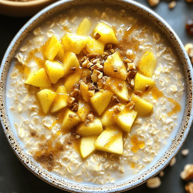 To make slow cooker cinnamon apple oats, gather these key items: - 2 cups rolled oats - 4 cups almond milk (or any milk of your choice) - 2 medium apples, peeled, cored, and diced - 1/2 cup brown sugar or pure maple syrup - 1 teaspoon ground cinnamon - 1/4 teaspoon ground nutmeg - 1/4 teaspoon salt - 1 teaspoon pure vanilla extract These ingredients blend well together. The oats soak up the milk and flavors. Apples add a fresh taste and nice texture. The cinnamon and nutmeg provide warmth and spice. You can make your oats even better with these tasty toppings: - Chopped nuts (like walnuts or pecans) - Dried fruits (such as cranberries or raisins) - Additional fresh apple slices These toppings add crunch or sweetness. They also make your dish look nice. Feel free to mix and match based on what you like. If you have dietary needs, try these swaps: - Use gluten-free oats for a gluten-free option. - Substitute almond milk with coconut, soy, or oat milk. - For a sugar-free option, replace brown sugar with a sugar-free sweetener. These changes keep the dish safe and yummy. You can enjoy this meal while meeting your dietary needs. In your slow cooker, add the rolled oats and almond milk. Next, peel, core, and dice the apples. Toss the diced apples into the slow cooker. Sprinkle in brown sugar or pure maple syrup. Add in ground cinnamon, ground nutmeg, and salt. Use a spatula to stir everything well. Make sure all the oats soak up the milk and mix evenly. Once your mixture is ready, secure the lid on the slow cooker. Set it to cook on low heat for 6 to 8 hours. The oats will simmer gently. Check them after about 6 hours. You want the oats soft and creamy. They should absorb most of the liquid during cooking. When the cooking time ends, remove the lid and stir in pure vanilla extract. This adds a lovely flavor. If the oats seem too thick, add a splash of milk. Now, it is time to serve! Scoop the warm oats into bowls. You can add toppings like chopped nuts, dried fruits, or fresh apple slices. Enjoy your delicious breakfast! To get the best texture, use rolled oats. They cook evenly and stay soft. I like to mix the oats with almond milk and diced apples. Stir well so every oat gets soaked. Cook on low for 6 to 8 hours. Check the oats near the end. They should be creamy and not too dry. If they seem thick, add more milk slowly. To boost flavor, add spices like nutmeg and cinnamon. These spices make the oats warm and cozy. For sweetness, brown sugar or maple syrup works well. You can also add a splash of vanilla extract at the end. This will make the dish taste even better. Consider mixing in chopped nuts or dried fruits for extra flavor and texture. For a pretty look, serve the oats in clear jars. Layer the oats with toppings like nuts or fresh apple slices. This adds color and makes it fun to eat. A drizzle of honey or syrup on top makes it more appealing. It also adds shine and sweetness. Enjoy your creative breakfast! {{image_4}} You can change the flavor with other fruits. Try adding bananas or pears for a twist. Berries like blueberries or strawberries can also add a sweet touch. Just chop the fruit and mix it in with the oats. You can even use frozen fruits if fresh ones are not available. They will add color and taste. If you need a nut-free option, skip the nuts completely. You can use seeds like pumpkin or sunflower seeds instead. These seeds add crunch and nutrition without any nuts. For a creamier texture, try adding a dollop of yogurt on top after cooking. This keeps the meal nut-free while still tasting great. To make this recipe vegan, just use plant-based milk like almond or oat milk. For a gluten-free version, make sure to choose certified gluten-free oats. You can also replace brown sugar with maple syrup to keep it vegan. These changes make the dish friendly for all diets, while still being delicious and filling. After enjoying your cinnamon apple oats, store any leftovers in a tight container. Place them in the fridge. They will stay fresh for about 3 to 5 days. To keep the oats from drying out, consider adding a little splash of milk before sealing the container. This keeps them creamy and tasty. If you want to save some for later, freezing works great. Use a freezer-safe container or bag. Make sure to leave some space for the oats to expand. They can last up to 3 months in the freezer. When you're ready, just thaw them overnight in the fridge. Reheating your cinnamon apple oats is easy. You can use a microwave or a stovetop. If using the microwave, heat for 1 to 2 minutes. Stir halfway for even heating. If using the stovetop, place the oats in a pot with a splash of milk. Heat over low heat, stirring until warm. Enjoy them like they are fresh from the slow cooker! Yes, you can use steel-cut oats. They will take longer to cook. I recommend cooking them for 8 to 10 hours on low heat. Steel-cut oats give a chewier texture. If you like a heartier bite, they are a great choice. To make this recipe sugar-free, skip the brown sugar or maple syrup. Use ripe bananas for natural sweetness instead. You can also add a touch of unsweetened applesauce. This keeps the flavor without added sugar. I love adding chopped nuts like walnuts or pecans. They add a nice crunch. Dried fruits, like cranberries or raisins, bring extra sweetness. Fresh apple slices add brightness. You can also drizzle honey or maple syrup on top for sweetness. This blog post covered everything about making cinnamon apple oats. We discussed key ingredients, cooking steps, and tips for perfect oats. You learned about tasty variations and how to store your oats. These insights will help you make comforting meals that fit your needs. Remember, cooking can be fun and adaptable. Enjoy experimenting with flavors and textures. Cinnamon apple oats can be yours in many delicious forms. Dive in and make it your own!