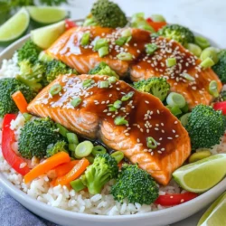 - 4 salmon fillets (about 6 ounces each) - 1/3 cup teriyaki sauce (store-bought or homemade) - 2 cups cooked jasmine rice (warm) - 1 cup broccoli florets (fresh or frozen) - 1 red bell pepper, thinly sliced - 1 medium carrot, julienned (cut into thin matchsticks) - 2 green onions, thinly sliced (for garnish) - 1 tablespoon sesame seeds (toasted for added flavor) - 1 tablespoon extra virgin olive oil (for vegetables) - Salt and black pepper to taste When I create this dish, I focus on using fresh ingredients. Salmon fillets provide a rich and buttery flavor. Teriyaki sauce adds sweetness and depth. Jasmine rice brings a fragrant base to the bowl, making every bite satisfying. For veggies, I love adding broccoli florets for crunch. Red bell peppers bring color and sweetness. Carrots cut into matchsticks add a nice bite. The green onions and sesame seeds on top not only look great but also add flavor and texture. I use extra virgin olive oil to coat the veggies, enhancing their taste. Salt and black pepper round out the flavors nicely. These ingredients come together to create a delicious meal that is easy to make and fun to eat. First, preheat your oven to 400°F (200°C). This step warms up the oven and helps cook everything evenly. Next, line a large baking sheet with parchment paper. This will help prevent sticking and makes cleanup a breeze. In a bowl, whisk together 1/3 cup of teriyaki sauce, 1 tablespoon of extra virgin olive oil, and a pinch of salt and black pepper. Add the 4 salmon fillets to the bowl. Make sure to turn them, coating each piece well with the marinade. Let the salmon marinate for 10-15 minutes. This lets the flavors soak in and makes the fish taste amazing. While the salmon marinates, grab another bowl. Combine 1 cup of broccoli florets, 1 sliced red bell pepper, and 1 julienned carrot. Drizzle the veggies with 1 tablespoon of olive oil. Season them with salt and black pepper. Toss everything gently so the oil and seasonings coat the vegetables evenly. Now, place the marinated salmon fillets in the center of the prepared baking sheet. Surround the salmon with the seasoned vegetables. Make it look nice and colorful. This step is important for both taste and presentation. Slide the baking sheet into the preheated oven. Bake for about 15-20 minutes. The salmon should flake easily with a fork when it’s done. While the salmon and vegetables bake, cook 2 cups of jasmine rice according to the package instructions. Time it so the rice is warm when the salmon is ready. Once everything is done baking, carefully take the baking sheet out of the oven. In each of the 4 serving bowls, place a portion of the warm rice. Top each bowl with a salmon fillet. Drizzle some flavorful pan juices over the fish. Finally, sprinkle sliced green onions and toasted sesame seeds on top for a beautiful finish. To get the best salmon, check for doneness. Salmon cooks well when it reaches 145°F (63°C). Use a fork to gently flake the fish. If it breaks apart easily, it is ready. If you like it less cooked, aim for 125°F (52°C). This gives a nice, moist texture. Keep an eye on the time, too. Cooking usually takes about 15 to 20 minutes. Feel free to swap out veggies based on what you have. Snow peas, zucchini, or asparagus work great too. You can even add mushrooms for an earthy taste. Use fresh or frozen greens, as both are good options. Just remember to adjust the cooking time for firmer vegetables. Each veggie brings its unique flavor and texture to your bowl. Making your own teriyaki sauce is simple and fun. Here’s a quick recipe: - Ingredients: - 1/3 cup soy sauce - 1 tablespoon rice vinegar - 1 tablespoon brown sugar - 1 teaspoon sesame oil - 1 teaspoon fresh ginger, minced - 1 clove garlic, minced - 1 tablespoon cornstarch mixed with 2 tablespoons water (for thickening) 1. Combine soy sauce, rice vinegar, brown sugar, sesame oil, ginger, and garlic in a small pot. 2. Heat on medium until it simmers. 3. Stir in the cornstarch mix until it thickens. This sauce adds a personal touch to your dish! {{image_4}} If you want to switch up the protein in this dish, you have many options. You can use other fish like cod or tilapia. These fish cook fast and taste great with teriyaki sauce. Chicken breast is another good option. Cut it into thin strips for even cooking. You can also try shrimp. Just make sure to adjust baking time based on the protein you choose. For a vegetarian twist, use tofu or tempeh. Both provide a hearty base with great texture. Start with firm tofu. Press it to remove excess moisture, then cut it into cubes. Marinate the cubes in teriyaki sauce for flavor. Tempeh is another choice. It has a nutty taste and is packed with protein. Slice it thin and marinate just like tofu. Both options will soak up the sauce and taste amazing! You can easily boost the flavor of your dish. Try adding garlic or ginger to the marinade. These ingredients add depth and warmth. For a spicy kick, a dash of chili flakes or sriracha works well. You might also consider using different marinades. A honey-soy blend can add sweetness. Experiment with flavors to find the mix you love most! To store leftovers, let the rice bowls cool. Place them in airtight containers. This keeps the flavors fresh. Store in the fridge for up to three days. When you're ready to eat, just pull them out. For the best freezing, separate the salmon and rice from the veggies. Place each in freezer-safe bags. Remove as much air as possible. Label the bags with the date. You can freeze them for up to three months. This keeps your meal tasty and safe. To safely reheat, use the oven or microwave. For the oven, preheat to 350°F (175°C). Place the rice bowl in an oven-safe dish. Cover it with foil. Heat for about 15-20 minutes, until warm. If using the microwave, heat in short bursts. Stir in between to ensure even heating. Enjoy your meal! Yes, you can use frozen salmon. Start by thawing it in the fridge overnight. If you're short on time, submerge the sealed salmon in cold water for about an hour. Cooking frozen salmon is easy. Just add a few extra minutes to the baking time. Keep an eye on it to avoid overcooking. The salmon should be opaque and flake easily when done. You can serve many side dishes with these rice bowls. Try a simple salad with mixed greens and sesame dressing. Edamame or steamed snap peas are also great options. If you want a warm side, consider miso soup or pickled vegetables. These add a nice balance to the flavors of the salmon and rice. Leftovers last about three days in the fridge. Store them in an airtight container to keep them fresh. Always check for any off smells or changes in texture before eating. You can reheat the salmon and veggies in the microwave or the oven. Make sure they reach a safe temperature of 165°F before serving. This recipe for teriyaki salmon rice bowls shows how to create a delicious meal. We covered the main ingredients and the steps to prepare everything perfectly. Remember to adjust cooking times and seasonings to fit your taste. You can swap proteins or veggies for variety. Following these tips will help ensure your dish is a hit. Keep experimenting with flavors, and enjoy your cooking journey!