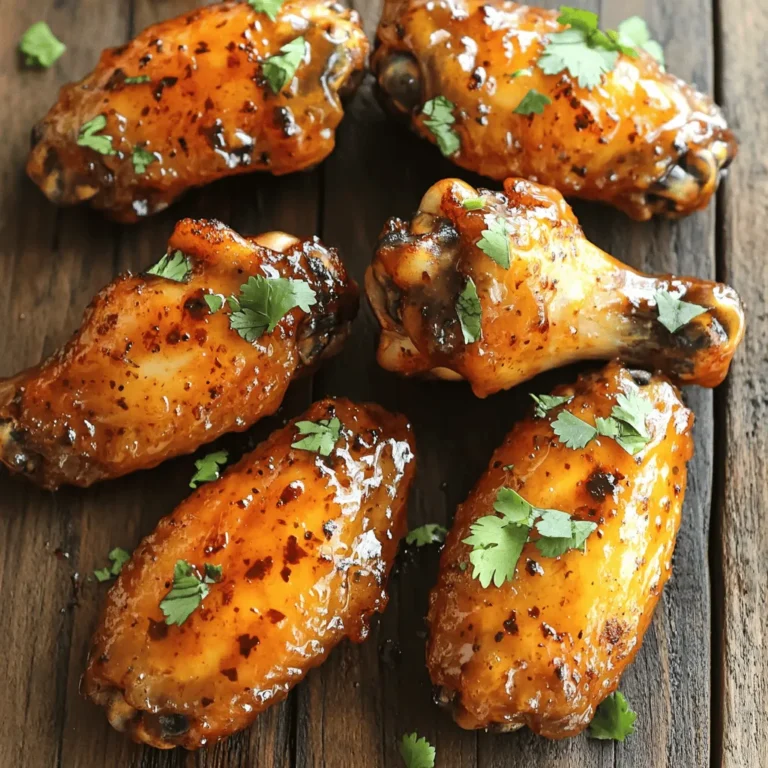 - 2 lbs chicken wings - 1/4 cup honey - 2 tablespoons chipotle sauce - 2 tablespoons soy sauce - 1 tablespoon olive oil - 1 teaspoon garlic powder - 1 teaspoon onion powder - 1/2 teaspoon smoked paprika - Salt and pepper to taste - Fresh cilantro, chopped, for garnish To make Air Fryer Honey Chipotle Chicken Wings, you need a few key ingredients. Start with fresh chicken wings. They are the star of the dish. Honey adds sweetness and helps create a sticky glaze. Chipotle sauce gives a spicy kick and rich flavor. Soy sauce adds depth and umami. Next, gather some additional ingredients. Olive oil helps the wings crisp up nicely. Garlic powder and onion powder bring in a savory taste. Smoked paprika gives a hint of smokiness that pairs well with the other flavors. For seasoning, use salt and pepper to taste. They enhance all the flavors in the dish. Finally, fresh cilantro is perfect for garnish. It adds a burst of color and freshness when you serve the wings. To start, gather a large mixing bowl. In it, combine these ingredients: - 1/4 cup honey - 2 tablespoons chipotle sauce - 2 tablespoons soy sauce - 1 tablespoon olive oil - 1 teaspoon garlic powder - 1 teaspoon onion powder - 1/2 teaspoon smoked paprika - Salt and pepper to taste Whisk them until smooth. This mix gives the wings a sweet and spicy kick. Next, add the 2 lbs of chicken wings to the bowl. Coat each wing well with the marinade. It’s best to cover the bowl with plastic wrap or a lid. Refrigerate for at least 30 minutes. If you want more flavor, marinate them overnight. Now, preheat your air fryer to 380°F (190°C). Let it warm up for about 5 minutes. While it heats, lightly spray the basket with cooking spray to prevent sticking. Place the marinated wings in a single layer in the air fryer basket. Make sure there is space between each wing. This helps them cook evenly. Cook the wings for 25-30 minutes. Flip them halfway through cooking. This step ensures they get crispy and golden. Check if they are done. The wings should be crunchy outside and cooked through. After cooking, let them rest for about 5 minutes. This helps keep them juicy. Before serving, sprinkle chopped cilantro on top for a fresh touch. To get wings that are crispy, use a hot air fryer. Set it to 380°F (190°C). Cooking time is key, so keep it between 25 to 30 minutes. Flip the wings halfway through for even cooking. This helps them brown and crisp up nicely. Avoid overcrowding the air fryer. Place the wings in a single layer. This allows hot air to flow around each wing, making them crispy. If you pack them too tightly, they will steam instead of fry. For richer flavor, marinate the wings longer. Aim for at least 30 minutes, but overnight is best. This gives the marinade time to soak into the meat. You can also mix in extra spices or sauces. Try adding cayenne for more heat or lime juice for a tangy kick. Experiment with flavors that you love! Pair the wings with tasty sides. Some great options include crispy fries, coleslaw, or a fresh salad. These sides balance the spicy and sweet flavors of the wings. Presentation matters too! Arrange the wings on a large platter. Add a sprinkle of chopped cilantro on top for color. Serve with dipping sauces like ranch or blue cheese for an extra treat. {{image_4}} You can switch up the sauce to match your taste. Here are some options: - Buffalo Sauce: This classic option gives a spicy kick. - BBQ Sauce: For a sweet and smoky flavor, BBQ is great. - Garlic Parmesan: Mix garlic and Parmesan for a rich, savory twist. Each sauce adds a unique touch. You can experiment and find your favorite! You can cook honey chipotle wings in other ways too. - Oven-Baked Wings: Preheat your oven to 400°F (200°C). Spread wings on a baking sheet. Bake for 40-45 minutes, flipping halfway. This method gives a nice crunch. - Grilling: Preheat your grill to medium heat. Grill wings for about 20-25 minutes. Flip them often to avoid burning. The grill adds a smoky flavor and char. These methods keep the wings tasty and fun! You can easily make this recipe fit your diet. - Gluten-Free Options: Use gluten-free soy sauce. This keeps the flavor while being safe for gluten-free diets. - Low-Sodium Modifications: Choose low-sodium soy sauce. This reduces the salt without losing flavor. These changes let everyone enjoy the wings! To keep your honey chipotle chicken wings fresh, store them in the fridge. Place the wings in an airtight container. This keeps moisture out and the wings tasty. You can also wrap them tightly in plastic wrap. Try to eat them within three days for best flavor. To reheat wings, the air fryer works best. Set your air fryer to 350°F (175°C). Heat the wings for about 10 minutes. Flip them halfway through to ensure they get hot all over. If you prefer the microwave, place the wings on a microwave-safe plate. Heat them for 1-2 minutes. Watch closely so they don’t become rubbery. You can also use the oven. Preheat to 350°F (175°C) and bake for 15 minutes. You can freeze cooked wings for later. First, let them cool completely. Then, place them in a freezer-safe bag. Remove as much air as possible before sealing the bag. They will stay good for up to three months. To thaw, move the wings to the fridge overnight. For quick thawing, you can use cold water. Just seal them in a bag and submerge the bag in cold water for about an hour. Reheat as mentioned above after thawing. Yes, you can use frozen chicken wings. First, thaw them in the fridge overnight. If you're short on time, place them in a sealed bag and submerge in cold water for about 30 minutes. Once thawed, pat the wings dry with paper towels. This helps the marinade stick better. Follow the recipe from there. Check the internal temperature of the wings. They should reach at least 165°F (74°C) for safe eating. Use a meat thermometer to get an accurate reading. The wings should look golden brown and crispy on the outside. If unsure, cook them a bit longer. If your wings aren't crispy, try a few tricks. Make sure to pat them dry before marinating. This helps remove extra moisture. Cook them in a single layer in the air fryer. Avoid overcrowding the basket. If they still need more crunch, cook for a few more minutes. You can also give them a light spray of cooking oil before cooking. This adds extra crispiness. In this blog post, I covered how to make tasty honey chipotle chicken wings. You learned about the key ingredients, including chicken wings, honey, and chipotle sauce. I also shared tips for marinating, cooking in an air fryer, and achieving the perfect crisp. You can experiment with different sauces, cooking methods, and dietary needs. Remember, storing leftovers properly and reheating them can keep the flavor alive. Try out these recipes and tips, and enjoy these wings at your next gathering!