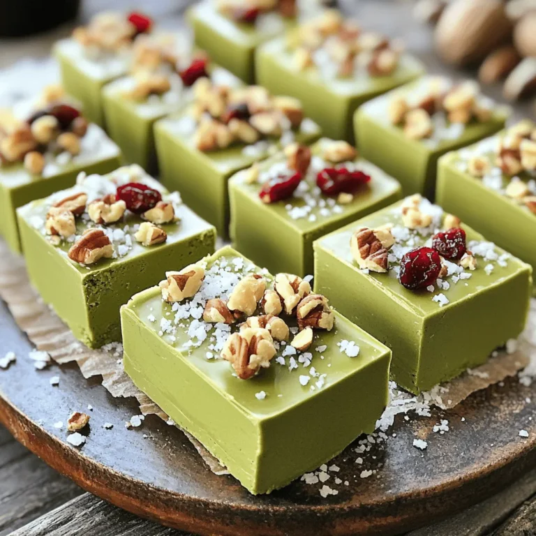 To make No Bake Matcha White Chocolate Bars, you need these tasty ingredients: - 1 cup white chocolate chips - 2 tablespoons matcha green tea powder - 1/2 cup coconut oil, melted - 1/4 cup almond butter (or any nut butter of your choice) - 1/4 cup maple syrup - 1/2 cup crushed nuts (such as almonds or pistachios) - 1/4 cup dried cranberries or goji berries (optional) - A pinch of sea salt You can swap out some of these ingredients if you need to. Here are some ideas: - Use dark chocolate chips instead of white chocolate for a richer taste. - If you don’t have almond butter, try peanut butter or sunflower seed butter. - Honey can replace maple syrup if you want a different sweet flavor. - For nuts, use whatever you like, such as walnuts or pecans. - If you can't find matcha, look for green tea powder as an alternative. These bars can fit many diets. Here are some things to note: - They contain white chocolate, which has dairy. - For a dairy-free option, use vegan white chocolate. - The recipe is gluten-free as long as your nut butter is certified gluten-free. - If you want a nut-free version, skip the nuts and use seeds instead. - The bars are naturally sweetened, making them a better choice for a treat. To make these bars, start by gathering your ingredients. You need white chocolate chips, matcha powder, melted coconut oil, almond butter, maple syrup, and some nuts or dried fruit. 1. Mix the Base: Place 1 cup of white chocolate chips in a large mixing bowl. Add 1/2 cup of melted coconut oil on top. Stir gently until the chocolate chips melt and blend. 2. Add the Flavors: Next, stir in 2 tablespoons of matcha powder, 1/4 cup of almond butter, and 1/4 cup of maple syrup. Mix well until everything is smooth. 3. Incorporate Texture: If you like, fold in 1/2 cup of crushed nuts and 1/4 cup of dried cranberries or goji berries. This step adds crunch and a burst of flavor. 4. Prepare the Pan: Line an 8x8-inch baking dish with parchment paper. Make sure to leave some paper hanging out. This helps when lifting the bars later. 5. Pour and Spread: Carefully pour the mixture into the dish. Use a spatula to spread it evenly across the pan. 6. Add Sea Salt: For a touch of flavor, sprinkle a pinch of sea salt on top. This enhances the sweet taste of the bars. 7. Chill: Cover the dish with plastic wrap. Place it in the fridge for at least 2-3 hours until the bars feel firm. 8. Slice and Serve: Once set, lift the bars out using the parchment paper. Cut them into squares or rectangles as you prefer. Melting chocolate can be tricky. Here are some simple tips to help: - Use Low Heat: Always melt your chocolate on low heat. This prevents it from burning. - Double Boiler Method: If you have one, use a double boiler. This method gives gentle heat. - Microwave Option: If using a microwave, heat in short bursts. Stir in between to ensure even melting. Consistency is key for a great bar. To achieve this: - Mix Well: Make sure all ingredients blend smoothly. No lumps should remain. - Use Proper Tools: A whisk or spatula works best for mixing. They help combine everything nicely. - Check Texture: The mixture should look silky and homogenous before pouring it into the dish. This ensures even bars when set. Following these steps will help you create perfect no-bake matcha white chocolate bars. Enjoy the process and the tasty results! A pinch of sea salt makes a big difference. It balances the sweetness of the bars. When you sprinkle it on top, it pops with flavor. It creates a great contrast to the creamy white chocolate. You can also mix some salt into the batter. This adds depth to each bite. Make your bars look even more inviting. Use a pretty platter to display them. You can sprinkle extra matcha powder on top. This adds color and highlights the matcha flavor. For a fun touch, place whole nuts on top of each bar. Serve them with fresh fruit or a cup of herbal tea. This creates a lovely snack spread. Avoid using too much matcha. It can make the bars bitter. Stick to the recipe amount for the best taste. Make sure the chocolate is melted smoothly. If it clumps, it won’t blend well. Lastly, let the bars chill fully before cutting. If they’re too soft, they will crumble when sliced. {{image_4}} You can add a twist to your bars by using flavor infusions. Try adding citrus zest for a fresh touch. Grate the peel of an orange or lemon and mix it in with the matcha. This adds bright notes that pair well with the sweet white chocolate. You can also experiment with vanilla extract or almond extract for a different flavor profile. Each infusion will give your bars a unique taste. You can switch up the nuts and berries in your recipe. Instead of almonds, use walnuts or pecans for a different crunch. If you prefer, you can also leave out the nuts altogether. For berries, swap dried cranberries with raisins or apricots. Goji berries add a fun pop of color and nutrition. Customizing these ingredients lets you create your favorite combinations. Want to make your bars vegan or dairy-free? You can easily swap out the white chocolate chips. Look for dairy-free chocolate chips made from coconut or almond milk. Use a plant-based butter instead of almond butter if you like. Maple syrup is already vegan, so it fits perfectly. These changes keep the bars delicious while meeting your dietary needs. To keep your No Bake Matcha White Chocolate Bars fresh, store them in an airtight container. Place the container in the refrigerator. This will help maintain their texture and flavor. Avoid leaving the bars at room temperature for long. Heat can cause them to soften and lose their shape. These bars last about one week when stored correctly in the fridge. If you want them to last longer, consider freezing them. They may lose some texture after thawing, but the taste remains delicious. To freeze your bars, cut them into squares first. Wrap each square tightly in plastic wrap. Then, place the wrapped bars in a freezer-safe bag or container. They can last up to three months in the freezer. When you crave a treat, just take out a square and let it thaw for a bit before enjoying! Yes, you can use different chocolates. Dark chocolate or milk chocolate works well. Each type gives a unique taste. Dark chocolate adds a rich flavor. Milk chocolate makes it sweeter. Adjust matcha to balance the sweetness. The bars are ready when they feel firm to the touch. You should not see any soft spots. A good test is to gently press the top with your finger. If it stays firm, they are set. Chill them longer if they feel soft. These bars pair well with fresh fruit. Try serving them with berries or sliced apples. You can also enjoy them with a cup of herbal tea. A light tea balances the sweetness. For a fun twist, serve with a scoop of vanilla ice cream. In this blog post, we covered the key steps to make matcha white chocolate bars. We explored ingredients, preparation methods, and tips to enhance flavor. You learned about variations and how to store them properly. These bars are fun to make and share. Remember to try different ingredients for unique flavors. With a bit of care, you can avoid common mistakes to make a tasty treat. Enjoy your sweet creation!