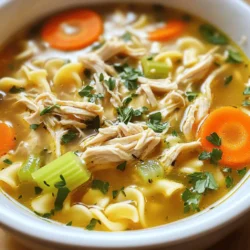 - 1.5 lbs boneless, skinless chicken thighs - 4 cups low-sodium chicken broth - 2 cups water - 2 medium carrots, sliced - 2 celery stalks, chopped - 1 medium onion, diced - 3 cloves garlic, minced - 1 teaspoon dried thyme - 1 teaspoon dried rosemary - 1 bay leaf - 8 oz egg noodles - Salt and pepper to taste - Fresh parsley for garnish To make a great slow cooker chicken noodle soup, you need these key ingredients. The chicken thighs give the soup a rich flavor. I prefer boneless and skinless for easy prep. The low-sodium chicken broth helps control the salt. Next, we add water for a perfect balance. Carrots and celery add crunch and sweetness. The onion and garlic bring depth. Thyme and rosemary add warmth and earthiness. The bay leaf enhances the broth's taste. Egg noodles make it a filling meal. Finally, salt and pepper enhance the flavor. Fresh parsley adds color and freshness when serving. Each ingredient plays a role in this cozy dish. I love how they all blend together in the slow cooker. It creates a comforting meal for any day. 1. Start by placing the boneless, skinless chicken thighs at the bottom of the slow cooker. This layer forms the base of our soup. 2. Next, pour in the chicken broth and water. These liquids will create a rich, warm broth. 3. Add the sliced carrots, chopped celery, diced onion, and minced garlic. Each vegetable adds flavor and texture. 4. Sprinkle in the dried thyme, dried rosemary, and bay leaf. These herbs boost the soup's aroma. 5. Season with salt and freshly ground black pepper to taste. Stir gently to mix all the ingredients well. 1. Cover the slow cooker with its lid. Set it to cook on low for 6-8 hours or on high for 3-4 hours. This slow cooking makes the chicken tender. 2. When cooking time is up, carefully remove the chicken thighs from the slow cooker. Use two forks to shred the meat into bite-sized pieces. 3. Return the shredded chicken to the soup. Discard the bay leaf. 4. Add the egg noodles into the slow cooker. Stir them in to combine with the soup. Cover again and cook on high for an additional 30 minutes. This ensures the noodles are perfectly tender. 1. Before serving, taste the soup. Adjust the seasoning by adding more salt and pepper if needed. This step ensures a balanced flavor. 2. Ladle the warm soup into bowls. Garnish with freshly chopped parsley for a pop of color. 3. Serve the soup with warm crusty bread on the side. This makes a cozy meal even better! To ensure tender chicken, always use boneless, skinless chicken thighs. They stay juicy and cook well in the slow cooker. Place the chicken at the bottom of the pot for even cooking. For flavor, start with quality chicken broth. Low-sodium broth is best for control over salt. Layer in fresh vegetables like carrots and celery for added taste. Don't skip the garlic; it adds depth to your broth. If you're watching your sodium, choose low-sodium chicken broth. You can also use fresh herbs instead of dried ones for extra flavor without added salt. For those needing gluten-free options, swap egg noodles with gluten-free pasta. Rice noodles or quinoa can be great substitutes. They will soak up the soup flavors nicely. To boost flavor, add fresh herbs near the end of cooking. Parsley, thyme, or dill can brighten the taste. A squeeze of lemon or lime juice adds a fresh zing, too. Consider adding more vegetables for extra nutrition. Peas, corn, or spinach blend well into the soup. Just toss them in during the last 30 minutes of cooking. This keeps them vibrant and tasty. {{image_4}} To make a creamy chicken noodle soup, you can add a few simple ingredients. At the end of cooking, stir in 1 cup of heavy cream or half-and-half. This will give your soup a rich and smooth texture. You might also want to add a sprinkle of grated Parmesan cheese for extra flavor. This change makes the soup feel cozy and filling. If you want to pack in more veggies, you can easily do so. Try adding 1 cup of chopped green beans or 1 cup of peas. You can also throw in some spinach or kale a few minutes before serving. These additions not only boost nutrition but also add color and texture to your soup. Feel free to mix in any veggies you enjoy. For those who love heat, a spicy chicken noodle soup is a great twist. You can add 1-2 teaspoons of red pepper flakes or a chopped jalapeño pepper to the pot. If you want more depth, a dash of hot sauce can also work well. These changes will spice up your soup and warm you right up on chilly days. After enjoying your soup, let it cool a bit. Use airtight containers to store leftovers. Glass or plastic containers work well. Make sure to leave some space at the top for expansion. In the fridge, your chicken noodle soup stays fresh for about three to four days. To freeze chicken noodle soup, first let it cool completely. Pour it into freezer-safe bags or containers. Remove as much air as possible to prevent freezer burn. Label the bags with the date and type of soup inside. You can freeze it for up to three months. When you are ready to eat it, thaw the soup overnight in the fridge. If you forget, you can thaw it in cold water or the microwave. To reheat, pour the soup into a pot. Heat it over medium-low heat, stirring often. You can also use the microwave. Heat in short bursts, stirring in between. This helps keep the soup's flavor and texture. If the soup is too thick, add a splash of broth or water. Enjoy your warm bowl of comfort! Yes, you can use frozen chicken. It is safe and easy. Just add the frozen chicken thighs directly into the slow cooker. You may need to increase the cooking time by an hour or so. Check that the chicken is cooked through before shredding it. This method saves time and helps you enjoy a warm meal without thawing. You can store leftovers in the fridge for up to four days. Make sure to keep the soup in a sealed container. If you want to save it longer, consider freezing it. The soup will stay tasty for about three months in the freezer. Just remember to label your containers with the date. Yes, you can make this soup ahead of time. It tastes even better the next day! Prepare it fully and store it in the fridge. Reheat it on the stove or in the microwave. If you plan to freeze it, do so before adding the noodles. Add the noodles when you reheat the soup. This keeps them from becoming mushy. This blog post covered how to make a delicious chicken noodle soup in a slow cooker. We discussed the simple ingredients needed, detailed step-by-step cooking instructions, and tips for adjustments or variations. You can create a creamy, spicy, or veggie-packed soup to fit your tastes. Remember to store leftovers properly and enjoy them later. With this easy recipe, comforting soup is always just a few hours away. You can impress everyone with your cooking skills! Enjoy every warm bowl of this hearty meal.