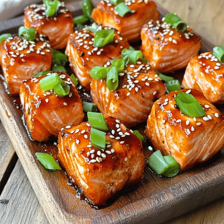 To make these tasty teriyaki salmon bites, you need these key items: - 1 lb (450g) salmon fillet, skin removed and cut into bite-sized cubes - 1/4 cup teriyaki sauce (store-bought or homemade) - 1 tablespoon sesame oil - 1 tablespoon honey - 1 teaspoon fresh ginger, finely grated - 2 cloves garlic, minced - Salt and pepper to taste These ingredients blend well to create a sweet and savory flavor. The salmon is rich in omega-3 fats, making this dish healthy and satisfying. To enhance the look and taste of your salmon bites, consider adding: - 1 tablespoon sesame seeds (toasted, if desired) - 2 green onions, finely chopped These garnishes add a nice crunch and fresh taste, making your dish pop with color and flavor. This dish offers great nutrition. Salmon is high in protein and healthy fats. Each serving provides: - Protein: Helps build and repair tissues. - Omega-3 fatty acids: Good for heart health. - Vitamins and minerals: Supports overall well-being. Enjoy these salmon bites guilt-free, as they are both delicious and nutritious! Start by making the marinade. In a medium bowl, whisk together the teriyaki sauce, sesame oil, honey, grated ginger, minced garlic, salt, and pepper. Mix until it is smooth. Add the salmon cubes and gently toss them in the marinade. Make sure every piece is coated well. Cover the bowl with plastic wrap. Let it sit in the fridge for at least 30 minutes. This lets the salmon soak in all the tasty flavors. While the salmon is marinating, it's time to prep your air fryer. Set it to 400°F (200°C). Allow it to heat for about 5 minutes. This step is key for getting a nice crisp on your salmon bites. After marination, take the salmon out of the fridge. Lightly spray the air fryer basket with cooking oil spray. This helps prevent sticking. Place the marinated salmon cubes in a single layer in the basket. Do not overcrowd them, or they won't cook evenly. Cook for 8-10 minutes. Shake the basket halfway through to ensure even cooking. Your salmon should look opaque and slightly caramelized when it's done. Once the salmon bites are cooked, transfer them to a serving platter. Sprinkle them with toasted sesame seeds for extra crunch. Add finely chopped green onions for a pop of color and flavor. Enjoy your teriyaki salmon bites while they are warm, or serve them over rice for a tasty meal. To get that wonderful texture, marinate your salmon for at least 30 minutes. This step is key. It allows the flavors to soak in and keeps the salmon moist. When you cook, don't overcrowd the basket. Air needs to flow around each piece. This helps them cook evenly and get a nice crisp. Set your air fryer to 400°F (200°C) for the best results. Always pick fresh salmon for the best taste. Look for bright, vibrant colors. The flesh should feel firm and not slimy. If you can, buy from a trusted fishmonger. Ask about its source and when it arrived. Fresh salmon makes all the difference in your teriyaki salmon bites. You can boost the flavor with a few simple tweaks. Add a pinch of red pepper flakes for heat. Squeeze in some lime juice for a fresh twist. You can also try different marinades, like soy sauce or honey mustard. Toasted sesame seeds add crunch and flavor. Use your favorite ingredients to make these bites your own! {{image_4}} You can change the flavors of your teriyaki salmon bites with different marinades. Try a honey-soy mix for a sweet touch. A spicy sriracha blend adds heat and zest. You can also use a citrus marinade with lime or orange juice for a fresh twist. Experimenting with these alternatives keeps your meals exciting. These salmon bites can shine in many ways. Serve them as an appetizer at a party. They pair well with steamed rice or a fresh salad for a main dish. You can also add them to tacos for a fun fusion meal. The options are endless, so let your creativity flow! Using an air fryer gives you crispy salmon bites without too much oil. They cook quickly and evenly, which is great for busy nights. Traditional methods like grilling or baking can work too, but they may take longer. An air fryer also reduces the mess, making cleanup a breeze. Choose the method that fits your kitchen style and time! You can store leftover teriyaki salmon bites in an airtight container. Make sure to cool them first. Place the container in the fridge. They will stay fresh for up to three days. If you want to keep them longer, consider freezing. To reheat, use the air fryer for the best results. Set it to 350°F (175°C). Heat the salmon bites for about 4-5 minutes. This helps retain their crunch. You can also use the microwave, but the salmon may become soggy. If you use a microwave, heat in short bursts. For freezing, place the salmon bites in a single layer on a baking sheet. Freeze until solid, then transfer them to a freezer-safe bag. They can stay frozen for up to three months. Just remember to thaw them in the fridge before reheating. This keeps them tasty and juicy. Yes, you can use frozen salmon. Just ensure to thaw it first. Place it in the fridge overnight or run it under cold water. Cut it into cubes after thawing. The marination will help keep the flavors strong. Salmon bites are done when they turn opaque and flake easily with a fork. The outside should have a slight caramel color. The cooking time is about 8-10 minutes in the air fryer. If you want, you can use a food thermometer. The salmon should reach 145°F (62.8°C). You can pair teriyaki salmon bites with rice or quinoa. They also work well with steamed vegetables. Try a fresh salad for a light option. Serve with a side of soy sauce or extra teriyaki sauce for dipping. Yes, you can cook these salmon bites in a regular oven. Preheat the oven to 425°F (220°C). Place the marinated salmon on a baking sheet lined with parchment paper. Bake for 12-15 minutes, or until cooked through. You can also pan-sear them in a skillet over medium heat. Teriyaki salmon bites are simple and tasty. We explored key ingredients, marinating, and cooking steps. Your bites can shine with extra tips for texture and flavor. Remember, salmon is flexible with marinades and methods. Storing leftovers is easy, too. You can use frozen salmon if needed. This dish is fun and healthy for any meal. Enjoy making and sharing your teriyaki salmon bites!
