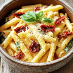 - 12 oz penne pasta - 1 cup sun-dried tomatoes, packed in oil (drained and coarsely chopped) - 1 medium onion, finely diced - 3 cloves garlic, minced To start, the penne pasta is the star of the dish. It cooks well and holds the sauce nicely. Sun-dried tomatoes add a sweet, tangy flavor. They bring depth that brightens each bite. The onion and garlic create a strong base. They form the aromatic heart of this dish. - 1 cup heavy cream or coconut cream - ½ cup grated Parmesan cheese or nutritional yeast The creamy base is crucial for the dish's richness. Heavy cream gives a velvety texture. If you prefer a dairy-free option, coconut cream works wonderfully. The cheese adds a salty, savory note. Grated Parmesan enhances the overall flavor profile, while nutritional yeast offers a similar taste without dairy. - 1 teaspoon dried basil - 1 teaspoon dried oregano - Salt and freshly ground pepper to taste - Fresh basil leaves for garnish Dried herbs are key to flavoring the sauce. Basil adds a sweet, herbal note, while oregano brings warmth. A pinch of salt and pepper rounds out the taste. Fresh basil leaves make for a lovely garnish. They enhance the dish's presentation and brightness. 1. First, warm the olive oil in a large pot over medium heat. 2. Next, toss in the diced onion. Sauté it for about 5 minutes. It should turn soft and slightly clear. 3. Add the minced garlic to the pot. Stir for about 1 minute, making sure it does not burn. 4. Now, mix in the chopped sun-dried tomatoes. Sauté for an extra 2 minutes to enhance their flavor. 1. Pour in 2 cups of vegetable broth. Bring the mixture to a gentle boil, stirring everything together. 2. Once boiling, add the penne pasta. Stir it in well. 3. Lower the heat and cover the pot. Let it simmer for 12 to 15 minutes. Stir occasionally to keep the pasta from sticking. 1. When the pasta is al dente, reduce the heat to low. 2. Mix in 1 cup of heavy cream, dried basil, dried oregano, and ½ cup of grated Parmesan cheese. Stir until creamy and combined. 3. Next, add 1 cup of fresh baby spinach. Cook for an additional 2 to 3 minutes until the spinach wilts. 4. Taste the dish and season it with salt and pepper as needed. 5. Finally, let the dish rest for a couple of minutes to thicken the sauce. To make your sauce creamy, start with heavy cream or coconut cream. If it seems too thick, add a splash of vegetable broth. Stir well to mix. For a smoother sauce, let it simmer on low heat for a few minutes. This helps it blend nicely with the pasta. To prevent stickiness, stir the penne often while it cooks. Use a large pot to give the pasta room to move. If the pasta clumps together, add a bit more broth or cream to loosen it up. Prep your veggies ahead of time. Dice your onion and chop your garlic the night before. Store them in the fridge in an airtight container. This helps you save time when you start cooking. Consider using pre-chopped sun-dried tomatoes. They can save you a few minutes in the kitchen. Also, you can buy bagged fresh spinach for an easy add-in. For extra flavor, try adding a pinch of red pepper flakes. This adds a nice kick to the dish. You can also mix in fresh herbs, like parsley, for a burst of freshness. Pair this dish with a simple green salad or garlic bread. A crisp white wine, like Sauvignon Blanc, goes well too. Enjoy the creamy goodness with these tasty sides! {{image_4}} If you want a dairy-free meal, swap heavy cream for coconut cream. It adds a rich taste without dairy. For cheese, try nutritional yeast. It gives a cheesy flavor without using animal products. For gluten-free options, use gluten-free penne pasta. Many brands offer great pasta that cooks just as well as regular penne. Check the label to ensure it fits your needs. You can change up the veggies in this dish. Try bell peppers, zucchini, or mushrooms. They add texture and flavor. You can also mix in some frozen peas for a pop of color. For protein, add cooked chicken or shrimp. They blend nicely with the creamy sauce. If you're vegetarian, add chickpeas or lentils for a hearty boost. Want to add some heat? Sprinkle in chili flakes. They give a nice kick to the creamy sauce. For a more Italian vibe, try different cheeses. Mozzarella or goat cheese can make it even creamier. Add these at the end for a melt-in-your-mouth experience. Feel free to explore these variations to make the dish your own! To keep your creamy sun-dried tomato penne fresh, cool it down quickly. Let it sit at room temperature for no more than two hours. After that, place it in an airtight container. This helps prevent drying out and keeps flavors intact. I recommend using glass containers for best results. They don’t retain odors and are easy to clean. When it’s time to eat, you want to reheat without losing texture. The stovetop works best for this dish. Pour the pasta into a pan and add a splash of water or broth. Heat it on low, stirring gently until warm. If using a microwave, cover it with a lid or microwave-safe wrap. Heat in short bursts, stirring in between. This helps warm it evenly. Refrigerated leftovers last about three to five days. Check for signs of spoilage before eating. If the pasta smells off or the sauce looks separated, it’s best to discard it. Remember, if you see mold, throw it out immediately. Keeping an eye on these details helps you enjoy your dish safely. This dish takes about 30 minutes from start to finish. - Prep time: 10 minutes - Cook time: 20 minutes Yes, you can easily make this dish vegan. - Use coconut cream instead of heavy cream. - Substitute Parmesan cheese with nutritional yeast. This creamy penne pairs well with many sides. Consider these options: - A fresh green salad with a light dressing. - Garlic bread or crusty baguette for dipping. - Roasted vegetables for added flavor and nutrition. - A simple vegetable soup for a warm starter. In this blog post, I covered how to make Creamy Sun-Dried Tomato Penne. We explored the key ingredients, including pasta, cream, and flavorful seasonings. I shared step-by-step instructions for preparing the dish and tips to perfect the sauce. We also looked at variations for different diets and how to store leftovers effectively. Ultimately, this dish is a crowd-pleaser. With easy swaps and tips, you can enjoy this meal any night. I hope you’re excited to try it!