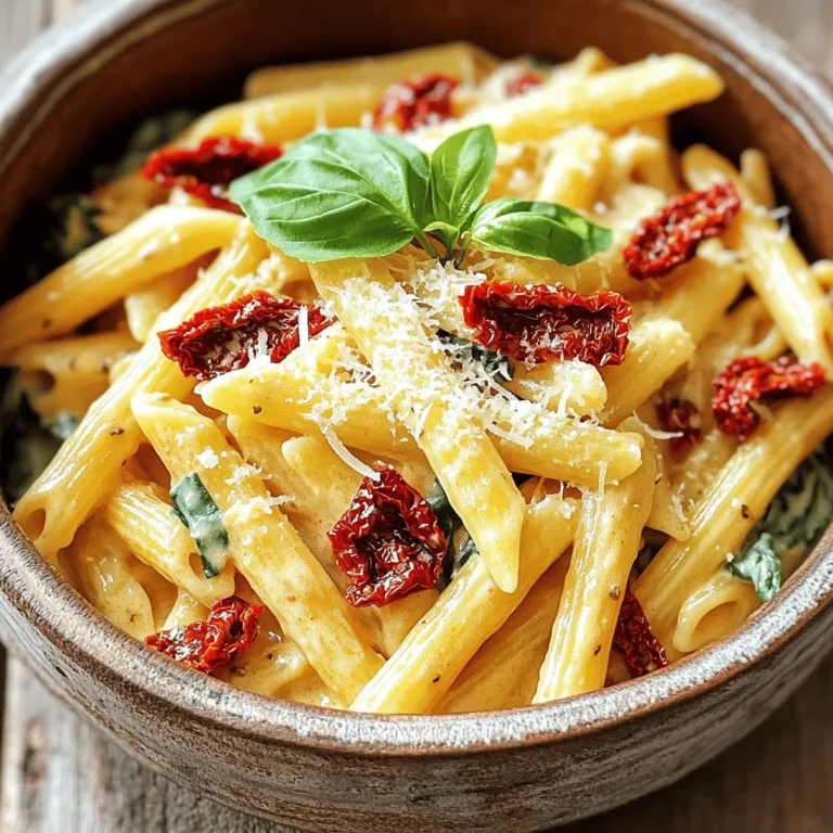 - 12 oz penne pasta - 1 cup sun-dried tomatoes, packed in oil (drained and coarsely chopped) - 1 medium onion, finely diced - 3 cloves garlic, minced To start, the penne pasta is the star of the dish. It cooks well and holds the sauce nicely. Sun-dried tomatoes add a sweet, tangy flavor. They bring depth that brightens each bite. The onion and garlic create a strong base. They form the aromatic heart of this dish. - 1 cup heavy cream or coconut cream - ½ cup grated Parmesan cheese or nutritional yeast The creamy base is crucial for the dish's richness. Heavy cream gives a velvety texture. If you prefer a dairy-free option, coconut cream works wonderfully. The cheese adds a salty, savory note. Grated Parmesan enhances the overall flavor profile, while nutritional yeast offers a similar taste without dairy. - 1 teaspoon dried basil - 1 teaspoon dried oregano - Salt and freshly ground pepper to taste - Fresh basil leaves for garnish Dried herbs are key to flavoring the sauce. Basil adds a sweet, herbal note, while oregano brings warmth. A pinch of salt and pepper rounds out the taste. Fresh basil leaves make for a lovely garnish. They enhance the dish's presentation and brightness. 1. First, warm the olive oil in a large pot over medium heat. 2. Next, toss in the diced onion. Sauté it for about 5 minutes. It should turn soft and slightly clear. 3. Add the minced garlic to the pot. Stir for about 1 minute, making sure it does not burn. 4. Now, mix in the chopped sun-dried tomatoes. Sauté for an extra 2 minutes to enhance their flavor. 1. Pour in 2 cups of vegetable broth. Bring the mixture to a gentle boil, stirring everything together. 2. Once boiling, add the penne pasta. Stir it in well. 3. Lower the heat and cover the pot. Let it simmer for 12 to 15 minutes. Stir occasionally to keep the pasta from sticking. 1. When the pasta is al dente, reduce the heat to low. 2. Mix in 1 cup of heavy cream, dried basil, dried oregano, and ½ cup of grated Parmesan cheese. Stir until creamy and combined. 3. Next, add 1 cup of fresh baby spinach. Cook for an additional 2 to 3 minutes until the spinach wilts. 4. Taste the dish and season it with salt and pepper as needed. 5. Finally, let the dish rest for a couple of minutes to thicken the sauce. To make your sauce creamy, start with heavy cream or coconut cream. If it seems too thick, add a splash of vegetable broth. Stir well to mix. For a smoother sauce, let it simmer on low heat for a few minutes. This helps it blend nicely with the pasta. To prevent stickiness, stir the penne often while it cooks. Use a large pot to give the pasta room to move. If the pasta clumps together, add a bit more broth or cream to loosen it up. Prep your veggies ahead of time. Dice your onion and chop your garlic the night before. Store them in the fridge in an airtight container. This helps you save time when you start cooking. Consider using pre-chopped sun-dried tomatoes. They can save you a few minutes in the kitchen. Also, you can buy bagged fresh spinach for an easy add-in. For extra flavor, try adding a pinch of red pepper flakes. This adds a nice kick to the dish. You can also mix in fresh herbs, like parsley, for a burst of freshness. Pair this dish with a simple green salad or garlic bread. A crisp white wine, like Sauvignon Blanc, goes well too. Enjoy the creamy goodness with these tasty sides! {{image_4}} If you want a dairy-free meal, swap heavy cream for coconut cream. It adds a rich taste without dairy. For cheese, try nutritional yeast. It gives a cheesy flavor without using animal products. For gluten-free options, use gluten-free penne pasta. Many brands offer great pasta that cooks just as well as regular penne. Check the label to ensure it fits your needs. You can change up the veggies in this dish. Try bell peppers, zucchini, or mushrooms. They add texture and flavor. You can also mix in some frozen peas for a pop of color. For protein, add cooked chicken or shrimp. They blend nicely with the creamy sauce. If you're vegetarian, add chickpeas or lentils for a hearty boost. Want to add some heat? Sprinkle in chili flakes. They give a nice kick to the creamy sauce. For a more Italian vibe, try different cheeses. Mozzarella or goat cheese can make it even creamier. Add these at the end for a melt-in-your-mouth experience. Feel free to explore these variations to make the dish your own! To keep your creamy sun-dried tomato penne fresh, cool it down quickly. Let it sit at room temperature for no more than two hours. After that, place it in an airtight container. This helps prevent drying out and keeps flavors intact. I recommend using glass containers for best results. They don’t retain odors and are easy to clean. When it’s time to eat, you want to reheat without losing texture. The stovetop works best for this dish. Pour the pasta into a pan and add a splash of water or broth. Heat it on low, stirring gently until warm. If using a microwave, cover it with a lid or microwave-safe wrap. Heat in short bursts, stirring in between. This helps warm it evenly. Refrigerated leftovers last about three to five days. Check for signs of spoilage before eating. If the pasta smells off or the sauce looks separated, it’s best to discard it. Remember, if you see mold, throw it out immediately. Keeping an eye on these details helps you enjoy your dish safely. This dish takes about 30 minutes from start to finish. - Prep time: 10 minutes - Cook time: 20 minutes Yes, you can easily make this dish vegan. - Use coconut cream instead of heavy cream. - Substitute Parmesan cheese with nutritional yeast. This creamy penne pairs well with many sides. Consider these options: - A fresh green salad with a light dressing. - Garlic bread or crusty baguette for dipping. - Roasted vegetables for added flavor and nutrition. - A simple vegetable soup for a warm starter. In this blog post, I covered how to make Creamy Sun-Dried Tomato Penne. We explored the key ingredients, including pasta, cream, and flavorful seasonings. I shared step-by-step instructions for preparing the dish and tips to perfect the sauce. We also looked at variations for different diets and how to store leftovers effectively. Ultimately, this dish is a crowd-pleaser. With easy swaps and tips, you can enjoy this meal any night. I hope you’re excited to try it!