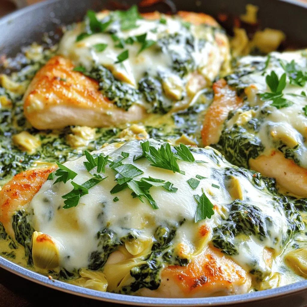 - 4 boneless, skinless chicken breasts - 1 cup fresh spinach, finely chopped - 1 cup canned artichoke hearts, drained and coarsely chopped - 1 cup cream cheese, softened to room temperature - 1/2 cup grated Parmesan cheese - 1/2 teaspoon garlic powder - 1/4 teaspoon onion powder - Salt and pepper, to taste - 2 tablespoons olive oil - 1/2 cup shredded mozzarella cheese - Fresh parsley, chopped, for garnish In this tasty dish, you will need simple yet flavorful ingredients. Start with boneless, skinless chicken breasts for a tender and juicy base. Fresh spinach gives a bright color and a burst of nutrition, while canned artichoke hearts bring a unique taste and texture. You'll use cream cheese to create a rich and creamy sauce. Grated Parmesan cheese adds a salty flavor that enhances the overall dish. Seasoning with garlic powder and onion powder boosts the taste. Don't forget salt and pepper to make all the flavors pop. Use olive oil to help sear the chicken, adding a lovely crispness. To finish, shredded mozzarella cheese melts beautifully on top, creating a delicious layer. For the final touch, fresh parsley adds color and brightness, while lemon wedges give a zesty kick when served. 1. Preheat your oven to 375°F (190°C). This helps the chicken cook evenly. 2. Season both sides of the chicken breasts with garlic powder, onion powder, salt, and pepper. Use just enough seasoning to enhance the flavor. 3. Heat olive oil in a large, oven-safe skillet over medium heat. Add the seasoned chicken breasts to the skillet. 4. Sear the chicken for about 5-7 minutes on each side. You want a nice golden-brown crust. The chicken is done when it reaches an internal temperature of 165°F (74°C). Once cooked, set the chicken on a plate. 1. In the same skillet, toss in the chopped spinach and artichoke hearts. Sauté them for about 2-3 minutes. Stir occasionally until the spinach wilts. 2. Lower the heat and add the softened cream cheese and grated Parmesan cheese. Stir the mixture until the cheeses melt and combine into a creamy sauce. 1. Place the seared chicken breasts back into the skillet. Spoon the creamy spinach-artichoke mixture over each piece. Make sure every chicken breast is fully covered. 2. Sprinkle shredded mozzarella cheese evenly on top. This will create a delicious cheesy layer. 3. Transfer the skillet to the preheated oven. Bake for 15-20 minutes. The mozzarella should be bubbly and golden when done. 4. Let the dish sit for a few minutes after baking. Garnish with freshly chopped parsley before serving. This adds a nice touch of color and flavor. - Best practices for searing chicken: Searing chicken is key for flavor. Start with a hot skillet. Use enough olive oil to coat the bottom. Place the chicken in the pan without crowding. This helps get a nice brown crust. Cook for 5-7 minutes per side. Check the internal temperature. It should reach 165°F (74°C) for safe eating. - Tips for melting cheese smoothly: To melt cheese smoothly, start with cream cheese at room temperature. This helps it mix easily. Stir in grated Parmesan over low heat. This ensures it melts without clumping. When adding mozzarella, do it last and mix gently for a creamy texture. - Presentation ideas: Serve this dish right from the skillet for a cozy feel. If you prefer, plate each chicken breast with a scoop of the spinach-artichoke mix. Add a drizzle of olive oil on top. Lemon wedges make a lovely touch. - Delicious pairings or side dishes: This chicken pairs well with rice, pasta, or a fresh salad. Roasted vegetables also make a great side. They add color and nutrition to your meal. - Alternatives for cheese and seasonings: If you need a dairy-free option, try cashew cream instead of cream cheese. Nutritional yeast can replace Parmesan for a cheesy flavor. Use fresh herbs instead of garlic and onion powder for a bright taste. - Variations for dietary preferences: For a low-carb option, swap chicken for zucchini noodles or cauliflower. You can use grilled tofu for a vegetarian version. Feel free to add more veggies like bell peppers or mushrooms for extra nutrition and flavor. {{image_4}} You can switch up the protein in this dish for variety. Instead of chicken, try using pork chops. They cook well and absorb flavors nicely. You can also use turkey cutlets for a leaner option. They pair well with the creamy sauce. For a vegetarian twist, tofu or mushrooms work great. Tofu takes on the flavors of the sauce nicely. Use firm tofu, cut into cubes. Sauté it until golden before adding the spinach and artichokes. Mushrooms, like portobello or cremini, also shine in this dish. Slice them thick and sauté until soft. They’ll add a rich and earthy taste to the creamy mix. Feel free to toss in extra veggies for color and nutrition. Bell peppers, zucchini, or broccoli add crunch and flavor. Chop them small and sauté with the spinach. You can enhance the dish with spices and herbs too. A pinch of red pepper flakes can add a nice kick. Fresh basil or thyme can give it a garden-fresh taste. Just sprinkle them in while you cook the spinach and artichokes. Experiment with flavors to make this dish your own! To store leftovers, let the dish cool to room temperature. Place it in an airtight container. This helps keep it fresh. Store it in the fridge for up to three days. When you want to enjoy it again, reheat it in the oven or microwave. For best results, heat it until hot throughout. This usually takes about 10-15 minutes at 350°F (175°C) in the oven. You can freeze this dish for a longer shelf life. To freeze, let the dish cool first. Then, transfer it to a freezer-safe container. Make sure to seal it tightly to avoid freezer burn. This dish can last up to three months in the freezer. When you are ready to eat it, thaw it in the fridge overnight. Reheat it in the oven for a nice texture. Be aware that freezing may change the creaminess. The cheese might not melt as smoothly as fresh. However, it will still taste great! How do I know when the chicken is cooked through? You can check if the chicken is done by using a meat thermometer. The inside should reach 165°F (74°C). If you don’t have a thermometer, cut into the thickest part of the chicken. It should be white, not pink. Can I make this recipe in advance? Yes, you can make this dish ahead of time. Prepare the chicken and sauce, then store them in the fridge. When ready to eat, bake it as directed. This makes meal prep easy and keeps your weeknight dinners simple. What are the calories per serving? Each serving of One-Pan Spinach Artichoke Chicken has about 400 calories. This can vary based on the amount of cheese used and any added ingredients. Is this dish healthy? Yes, this dish can be healthy. It has lean protein from chicken and nutrients from spinach and artichokes. You can make it even healthier by using low-fat cheese or adding more veggies. What type of skillet is best? A large, oven-safe skillet is best for this dish. Cast iron or stainless steel skillets work well. They heat evenly and go from stovetop to oven easily. Essential kitchen tools for this recipe You will need: - A meat thermometer - A spatula for stirring - A sharp knife for cutting - A cutting board for prep - Measuring cups for ingredients These tools help you cook efficiently and safely. This recipe for One-Pan Spinach Artichoke Chicken is easy and tasty. You learned about essential ingredients, step-by-step cooking, and helpful tips. You can also explore variations and storage methods. This dish suits many dietary needs. Enjoy experimenting with flavors and ingredients to find your perfect version. Your cooking will impress family and friends. Keep this recipe handy for quick meals throughout the week.