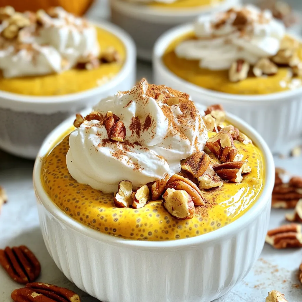 To make Pumpkin Pie Overnight Chia Pudding, you will need: - 1 cup almond milk (or your preferred milk alternative) - 1/3 cup chia seeds - 1/2 cup canned pumpkin puree - 2 tablespoons maple syrup (adjust for sweetness to taste) - 1 teaspoon vanilla extract - 1 teaspoon pumpkin pie spice (or a blend of cinnamon, nutmeg, and ginger) - A pinch of salt You can add fun toppings to enhance your chia pudding. Here are some great ideas: - Whipped coconut cream - Crushed pecans - A sprinkle of cinnamon If you run out of an ingredient, don't worry! You can swap things out easily: - Use oat milk or coconut milk instead of almond milk. - Honey or agave syrup can replace maple syrup. - If you don't have pumpkin pie spice, mix equal parts of cinnamon, nutmeg, and ginger. - For a nut-free option, skip the pecans or use sunflower seeds. These substitutions can keep your pudding tasty and fun! Start by taking a medium mixing bowl. Pour in 1 cup of almond milk. Add in 1/2 cup of canned pumpkin puree next. Then, mix in 2 tablespoons of maple syrup. You can adjust this to your taste. Next, add 1 teaspoon of vanilla extract and 1 teaspoon of pumpkin pie spice. If you want, you can use a mix of cinnamon, nutmeg, and ginger too. Finally, sprinkle in a pinch of salt. Whisk all these ingredients together until the mix is smooth. Once your pumpkin mix is smooth, it’s time for chia seeds. Take 1/3 cup of chia seeds and sprinkle them into the bowl. Use a spoon to stir well. You want the seeds to spread evenly in the pumpkin mix. This step is important as it helps the pudding get thick and creamy. Make sure there are no clumps of seeds. Now, we need to let the mixture chill. Cover the bowl with plastic wrap. You can also use a clean jar with a tight lid. This helps keep the mix fresh. Place the bowl or jar in the fridge. Let it sit for at least 4 hours, but overnight is best. This gives the chia seeds time to absorb the liquid. When you take it out, stir the pudding well. If you want it thinner, add a splash of almond milk. Now, it’s ready to serve! You can make this pudding your own! Swap almond milk for any milk you like. Use coconut milk for a creamier texture. Want a sweeter touch? Add more maple syrup. If you love spice, mix in extra pumpkin pie spice. You can even use flavored syrups like hazelnut or vanilla. Think about adding chocolate chips or dried fruit for fun bites. Texture is key for a great pudding. After mixing, let it sit for a few minutes before refrigerating. This helps the chia seeds begin to swell. When you stir it before serving, check for clumps. If it seems too thick, add a splash of milk and mix well. This will keep it smooth and creamy. Make your pudding shine! Use clear jars to show off the colors. Layer the pudding with whipped coconut cream for a beautiful look. Just before serving, sprinkle crushed pecans on top for crunch. A dusting of cinnamon adds a nice touch too. This not only makes it pretty but also adds flavor! {{image_4}} You can play with flavors in your chia pudding. Try adding a splash of almond extract for a nutty twist. You can swap pumpkin for sweet potato or butternut squash puree. These alternatives give a new taste while keeping the same creamy texture. If you want a spicier kick, add more pumpkin pie spice or even some cayenne pepper for warmth! This recipe is easy to adjust for different diets. Use oat milk or soy milk if you want a different base. For a lower sugar option, skip the maple syrup or use a sugar substitute like stevia. If you need a nut-free version, choose coconut milk instead. You can also use chia seeds in combination with ground flaxseeds for added nutrition. Serving this pudding can be fun and creative! Layer it in clear jars for a beautiful presentation. You can add layers of granola for crunch or fresh fruit like bananas or berries for color. For an extra treat, drizzle some nut butter on top. This makes each spoonful rich and delightful. Enjoy your pudding any time of day, from breakfast to dessert! To keep your pumpkin pie overnight chia pudding fresh, place it in an airtight container. If you made it in a jar, just close the lid tightly. Store it in the fridge to keep it cool and safe. This way, it stays tasty for later. Your chia pudding will last about 4 to 5 days in the fridge. Make sure to check for any changes in smell or texture. If it looks or smells off, it’s best to toss it out. Enjoy it while it’s fresh for the best taste! You do not need to heat chia pudding. It tastes best chilled. If you prefer a warm treat, gently heat it in a pot over low heat. Stir often and add a splash of almond milk for smoothness. Serve warm with your favorite toppings! Chia seeds are tiny but mighty. They pack a lot of nutrients. Here are some health benefits: - High in fiber: This helps with digestion and keeps you full. - Rich in omega-3 fatty acids: These are good for your heart and brain. - Full of protein: They provide a great plant-based protein source. - Loaded with antioxidants: These protect your cells from damage. - Good source of minerals: They contain calcium, potassium, and magnesium. These benefits make chia seeds a fantastic addition to your diet, especially in delicious recipes like pumpkin pie overnight chia pudding. The pudding keeps well in the fridge. It can last up to 5 days. Store it in a sealed jar or container. The longer it sits, the thicker it becomes. If it gets too thick, just add a splash of almond milk before serving. Yes, this recipe is already vegan-friendly! It uses almond milk and maple syrup. Both are plant-based. If you want to add whipped cream, use coconut cream for a vegan option. Enjoy your creamy, pumpkin-flavored delight without any animal products! You learned about making a tasty pudding with chia seeds and pumpkin. I explained the key ingredients and how to prepare the mix. You saw tips on custom flavors and perfect texture. Storage methods were also covered for keeping leftovers fresh. In summary, this recipe is easy and fun. You can enjoy it your way! Get creative, and make it your favorite dish.