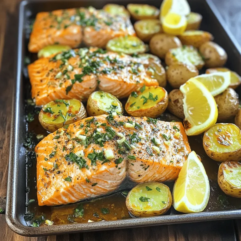 Here are the simple ingredients you need for this tasty dish: - 4 salmon fillets - 1 pound baby potatoes, halved - 4 cloves garlic, minced - 2 tablespoons olive oil - 1 tablespoon fresh rosemary, finely chopped - 1 tablespoon fresh parsley, finely chopped - Zest and juice of 1 lemon - Salt and black pepper to taste - Lemon wedges for serving Each ingredient plays a key role. The salmon brings a rich flavor and healthy fats. Baby potatoes add heartiness and texture. Garlic gives a punch, while olive oil helps everything cook nicely. Fresh herbs like rosemary and parsley make the dish smell great and taste fresh. The lemon zest and juice brighten the flavors, making each bite pop. Finally, salt and black pepper enhance all the tastes. Always use quality ingredients for the best results! Preheating your oven to 400°F (200°C) is key. This step makes sure your food cooks evenly. A hot oven gives your salmon and potatoes a nice, crispy finish. In a large bowl, mix the halved baby potatoes with half of the minced garlic, 1 tablespoon of olive oil, the chopped rosemary, lemon zest, salt, and black pepper. Toss well to coat each potato. This mix adds great flavor to the potatoes. Spread the seasoned potatoes in a single layer on a large sheet pan. Avoid overcrowding the pan. This helps the potatoes roast evenly and get that golden brown color. Once arranged, place the pan in the preheated oven and roast for 15 minutes. While the potatoes start cooking, season the salmon fillets with the remaining minced garlic, another tablespoon of olive oil, lemon juice, chopped parsley, and salt and pepper. Rub this mix over the fillets well. This step ensures a burst of flavor in each bite. After 15 minutes, take the pan out of the oven. With a spatula, push the potatoes to one side. This creates space for the salmon fillets on the other side of the pan. Put the pan back in the oven. Roast for another 12-15 minutes. The salmon is done when it flakes easily with a fork. The potatoes should be golden brown and fork-tender at this point. Once cooked, take the sheet pan out of the oven. Let it cool for a couple of minutes. Serve the salmon and potatoes on a platter with lemon wedges. The lemon adds a fresh touch to the dish. To make your dish pop, use fresh herbs. Rosemary and parsley add a lot of flavor. I like to chop them finely to mix well. You can also add a pinch of red pepper flakes for some heat. If you want a zestier taste, try adding more lemon juice. It brightens the dish and works well with the salmon. For extra flavor, marinate the salmon in the seasoning for 15 minutes before cooking. Even cooking is key in this recipe. I always spread the potatoes in a single layer on the sheet pan. This helps them roast evenly. When adding salmon, make sure it has space around it. If the pan is too crowded, heat won’t circulate well. Keep an eye on cooking time. Salmon should flake easily with a fork when done. The potatoes should be golden and tender. Serving this dish is fun and easy. I like to arrange the salmon and potatoes on a large platter. A splash of fresh lemon juice right before serving adds a nice touch. Garnish with extra parsley for color. Lemon wedges on the side give a nice pop. This way, everyone can add more zest to their plates. It makes the dish look bright and inviting. {{image_4}} You can change the flavor by using different herbs. Try dill or thyme instead of rosemary. Basil adds a fresh taste too. Each herb will change the dish's aroma and flavor. Mix and match to find what you like best. The sheet pan can hold more than just potatoes. Carrots add sweetness and color. Broccoli brings a nice crunch and nutrients. Bell peppers can add a sweet touch, too. Zucchini slices roast well and soak up those flavors. Use what you love or whatever you have on hand! If you want to switch things up, try grilling or broiling. Grilling gives a smoky flavor that works well with salmon. Broiling cooks the fish quickly, leaving it juicy. Both methods can save time and add delicious char. Just be sure to watch it closely to avoid overcooking. To keep your leftover salmon and potatoes fresh, store them in an airtight container. Place the container in the fridge. This helps keep the flavors intact. Try to eat the leftovers within three days for the best taste. Make sure to let the dish cool before sealing it. For the best texture, reheat the salmon and potatoes in the oven. Set your oven to 350°F (175°C). Place the food on a baking sheet. Heat for about 10-15 minutes or until warmed through. This method keeps the salmon moist and the potatoes crispy. You can also use the microwave, but this may make the fish less flaky. Yes, you can freeze this dish. To do this, let the salmon and potatoes cool completely. Wrap them tightly in plastic wrap and then in aluminum foil. This prevents freezer burn. You can store it in the freezer for up to two months. When ready to eat, thaw in the fridge overnight and follow reheating instructions. The best cooking time for salmon is about 12 to 15 minutes. This time works well at 400°F (200°C). Salmon should be tender and flaky when done. When cooking, keep an eye on it. The thickness of your fillets can change the time needed. A thicker piece may need a bit more time, while a thinner piece can take less. Always check for that perfect flake! Yes, you can use frozen salmon. Just make sure to thaw it first. The best way to thaw is overnight in the fridge. If you’re short on time, you can run it under cold water. Using frozen salmon can still give great results. Just season it well. The garlic and herbs will add flavor to the fish. To check if salmon is done, use a fork. Gently press down on the fish. If it flakes easily, it is ready. You can also look for a color change. The salmon should turn from a bright pink to a light pink. Another method is to use a meat thermometer. The fish should reach 145°F (63°C). This ensures it is safe to eat and still moist. Yes, you can swap out salmon for other proteins. Chicken, shrimp, or cod work well. Just adjust the cooking time according to the protein used. For chicken, cook it for about 25 to 30 minutes. Shrimp will need less time, about 8 to 10 minutes. Cod takes about the same time as salmon, 12 to 15 minutes. Enjoy experimenting with different flavors! This recipe guides you through a simple oven-roasted salmon and baby potatoes dish. We've covered the ingredients, step-by-step instructions, and helpful tips. You now have options for variations and storage. Cooking can be easy and fun when you use fresh herbs and simple techniques. I hope you feel ready to try this recipe and enjoy a delicious meal. Cooking is a chance to be creative and share joy with others. Enjoy your cooking journey and impress your loved ones with this tasty dish!