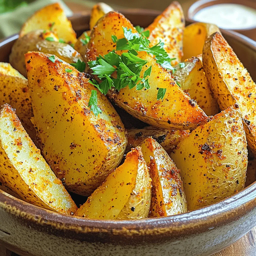 To make Air Fryer Cajun Potato Wedges, you need the following: - 4 medium russet potatoes, thoroughly washed and cut into wedges - 2 tablespoons extra virgin olive oil - 1 tablespoon Cajun seasoning (store-bought or homemade) - 1 teaspoon garlic powder - 1 teaspoon smoked paprika - ½ teaspoon fine sea salt - ½ teaspoon freshly ground black pepper These ingredients create a flavorful and crispy result. For Cajun seasoning, you have choices. You can buy pre-made blends or make your own. A simple mix might include: - Paprika - Oregano - Thyme - Cayenne pepper Homemade seasoning can add depth to your wedges. Adjust the spice level to match your taste. Garnishes can elevate your dish. I recommend: - Fresh parsley, finely chopped Sprinkling parsley adds color and freshness. It makes your potato wedges more appealing. Enjoy your tasty creation! Start by washing the russet potatoes under cold water. Scrub them well to remove dirt. Cut each potato into wedges about 1 inch wide. This size helps them cook evenly. Next, place the wedges in a large bowl. Cover them with cold water and let them soak for 30 minutes. Soaking helps remove extra starch. This step is key for getting crispy potato wedges. After soaking, drain the wedges. Spread them on a clean towel or paper towels. Pat them dry well. Removing moisture helps them crisp up in the air fryer. In a large bowl, whisk together the olive oil, Cajun seasoning, garlic powder, smoked paprika, sea salt, and black pepper. Make sure to mix well. Add the dried potato wedges to the bowl. Toss them gently but thoroughly. You want each wedge to be coated in the seasoning mix. This will give your wedges great flavor. To get those potato wedges crispy, start with soaking them in cold water. Soak for 30 minutes to remove excess starch. After soaking, dry them well with a towel. This step is crucial for crispiness. Use a good amount of olive oil to coat the wedges. This helps them crisp up nicely in the air fryer. Finally, avoid overcrowding the basket. Cook in batches if needed. This allows hot air to flow around each wedge. Cajun seasoning can vary in heat and flavor. If you want more spice, add extra Cajun seasoning or a pinch of cayenne pepper. For a milder taste, reduce the amount of seasoning. You can also mix in other spices like onion powder or thyme for a unique twist. Taste the oil and seasoning mix before adding the wedges. This way, you ensure the flavor is perfect for your liking. Cooking in batches helps you achieve even browning and crispiness. If you add too many wedges at once, they may steam instead of fry. Keep the cooked wedges warm in an oven set to low heat. This keeps them hot and ready to serve as you finish cooking the rest. Remember to flip the wedges halfway through cooking to promote even crispiness. Enjoy your perfectly cooked Cajun potato wedges! {{image_4}} To spice up your Cajun potato wedges, add some heat. You can mix in cayenne pepper or crushed red pepper flakes. Start with a half teaspoon and adjust to your taste. This adds a nice kick without overpowering the Cajun flavor. You can also toss in some diced jalapeños before air frying for an extra burst of spice. If you want a fresh twist, try herbs. Add dried oregano, thyme, or rosemary to the seasoning mix. These herbs can boost flavor without adding heat. You can also use fresh herbs after cooking for a vibrant finish. Chopped basil or cilantro can add a lovely touch. This recipe is already vegan-friendly, but you can enhance it. Swap olive oil for avocado oil for a different taste. You can also pair these wedges with a vegan dipping sauce. A simple mix of vegan mayo and hot sauce makes a great dip. Enjoy your wedges guilt-free! To keep your leftover potato wedges fresh, let them cool completely. After cooling, place them in an airtight container. Make sure to layer them with parchment paper to prevent sticking. Store the container in the fridge for up to three days. This method helps keep their flavor and texture intact. Reheating potato wedges can be tricky. To keep them crispy, use your air fryer. Preheat it to 350°F (175°C). Place the wedges in a single layer in the basket. Heat them for about 5-7 minutes. This method will help restore that crispy texture. You can also use an oven for reheating. Spread the wedges on a baking sheet and heat at 400°F (200°C) for 10-15 minutes. If you want to save some wedges for later, freezing is a great option. After cooking, let the wedges cool. Then, arrange them in a single layer on a baking sheet. Freeze them for about an hour. Once frozen, transfer the wedges to a freezer bag. Remove as much air as possible before sealing. They can last up to three months in the freezer. When ready to eat, simply reheat them directly from the freezer in your air fryer or oven. To make crispy potato wedges, start with soaking them in cold water. Soak for about 30 minutes. This helps remove starch, which can make them soggy. After soaking, dry the wedges well. Use a clean towel or paper towels to remove moisture. Season them with oil and spices before air frying. Cook at 400°F for 15-20 minutes. Flip them halfway for even browning. Keep an eye on them to get your desired crispiness. Yes, you can make potato wedges in the oven. Preheat your oven to 425°F. Follow the same steps for soaking, drying, and seasoning as in the air fryer method. Spread the wedges on a baking sheet in a single layer. Bake for 25-30 minutes, flipping halfway through. This method can also yield crispy wedges, but the air fryer is quicker. You can try various seasoning blends. Here are some tasty ideas: - Italian seasoning for a herby flavor - Chili powder for a spicy kick - Parmesan cheese mixed with herbs for a cheesy taste - Lemon zest for a fresh twist Feel free to experiment and find your favorite! In this post, we explored how to make delicious Cajun potato wedges in an air fryer. We discussed the key ingredients, step-by-step instructions, and tips for crispy texture. I shared ways to enhance flavors with various seasoning options and garnishes. Proper storage and reheating methods help keep your wedges tasty. Remember, these wedges are versatile and can suit many tastes. Enjoy experimenting with flavors and spices, and get creative with your wedges!