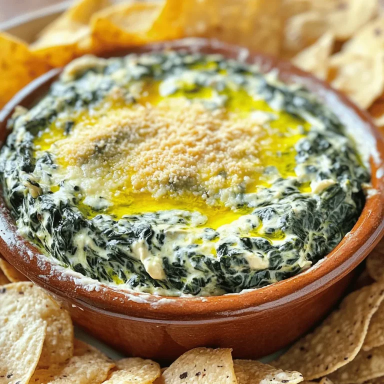 - Spinach: Use 1 cup of fresh spinach, finely chopped. Fresh spinach adds a bright color and flavor. - Garlic: You need 2 cloves of minced garlic. Garlic gives the dip a rich, savory taste. - Cheese: Grate 1 cup of Parmesan cheese. This cheese brings a nutty flavor and creamy texture. - Cream cheese: Grab 1 cup of cream cheese, softened. This makes the base creamy and smooth. - Sour cream: You’ll need 1/2 cup of sour cream. It adds tanginess to the dip. - Mayonnaise: Use 1/2 cup of mayonnaise. This helps create a rich, velvety dip. - Onion powder: Add 1 teaspoon of onion powder. It enhances the overall flavor. - Crushed red pepper flakes: If you like heat, use 1/2 teaspoon. This spice gives a nice kick. - Salt and pepper: Season to taste with salt and freshly cracked black pepper. These basic seasonings bring all the flavors together. This mix of fresh ingredients, dairy, and seasonings makes the dip rich and delicious. You can serve it warm with tortilla chips or bread for a perfect party treat. Set your oven to 350°F (175°C). This heat is perfect for baking the dip. Wait until the oven is fully heated before you add the dip. In a medium bowl, combine 1 cup of softened cream cheese, 1/2 cup of sour cream, and 1/2 cup of mayonnaise. Use a spatula or mixer to blend until the mix is smooth. This creamy base is key for the dip's richness. Now, fold in 1 cup of finely chopped fresh spinach. Next, add 1 cup of grated Parmesan cheese and 1/4 cup of grated mozzarella cheese. Toss in 2 minced garlic cloves and 1 teaspoon of onion powder. If you like spice, add 1/2 teaspoon of crushed red pepper flakes. Stir gently until everything mixes well. Transfer the creamy mixture to a baking dish. Spread it evenly to help it bake nicely. Place the dish in your preheated oven. Bake for 20 to 25 minutes. The dip is done when it is bubbly and the top is golden brown. Carefully pull the dish from the oven. Let it cool for a few minutes. This helps the dip set and keeps you safe from burns. To get a smooth dip, start with room-temperature cream cheese. This makes mixing easy. Use a spatula or a hand mixer to blend the cream cheese, sour cream, and mayonnaise. Mix until the texture is creamy and lump-free. When you fold in the spinach and cheese, do it gently. This keeps the dip fluffy and light. If you want a silkier texture, add a splash of milk. For serving, tortilla chips are a must. Their crunch pairs well with the creamy dip. You can also use slices of warm, crusty bread. This adds a nice touch and offers a different texture. You can serve the dip right in the baking dish. This makes it look rustic and inviting. A sprinkle of extra Parmesan on top gives it a nice finish. To elevate the taste, think about adding more spices. You can mix in some garlic powder or Italian herbs. These will deepen the flavor. If you enjoy heat, increase the crushed red pepper flakes. For a smoky flavor, try a bit of smoked paprika. Adding cooked bacon bits can also offer a savory twist. These small changes can make your dip stand out at any party. {{image_4}} You can make your spinach dip even more filling by adding proteins. Cooked chicken works great. Just shred or chop it and mix it in. Bacon is another tasty option. Cook it crispy, crumble it, and fold it into the dip. Both options will add flavor and make your dip heartier. If you want to switch up the cheese, there are great options. Instead of Parmesan, try Pecorino Romano for a sharper taste. For mozzarella, you could use fontina cheese. Fontina melts well and adds a creamy texture. Each choice will give your dip a new twist and keep it exciting. If you like heat, there are easy ways to spice up your dip. Adding more crushed red pepper flakes will give it a nice kick. You can also mix in diced jalapeños or a dash of hot sauce. This will make the dip bold and exciting. Adjust the heat to suit your taste for a perfect party treat. After your party, store any leftover creamy Parmesan spinach dip in an airtight container. Make sure to cool it to room temperature first. This helps keep it fresh longer. Place it in the fridge and use it within three days. Always check for any off smells before eating leftovers. When you're ready to enjoy the dip again, reheating is key. The best way is to use an oven or a microwave. For the oven, preheat it to 350°F (175°C). Place the dip in a baking dish and cover it with foil. Heat for about 15-20 minutes, or until warm. If using a microwave, heat in 30-second bursts, stirring in between. This helps maintain its creamy texture. If you have more dip than you can eat, freezing is a great option. First, let the dip cool completely. Then, transfer it to a freezer-safe container. Leave some space at the top, as it will expand when frozen. Seal it tightly and label it with the date. You can freeze it for up to three months. To thaw, place it in the fridge overnight. Once thawed, reheat it as mentioned before for the best taste. Yes, you can prepare this dip ahead. Mix all the ingredients in a bowl. Then, cover the bowl and place it in the fridge. You can keep it for one day before baking. When you're ready, just bake it in the oven as directed. This method saves time and helps the flavors blend. You can serve this dip with many tasty options. Here are some ideas: - Tortilla chips for a crunchy bite - Crusty bread slices for a soft touch - Fresh veggie sticks like carrots and celery - Pita chips for a unique twist - Crackers for a simple snack These pairings enhance the dip's rich flavors. Choose what you love! Yes, this dip is already vegetarian. All the main ingredients are plant-based. You can enjoy it without concern. If you want to add more veggies, try bell peppers or artichokes. This way, you can create a mix that suits your taste while keeping it vegetarian. This blog post covers how to make a delicious creamy Parmesan spinach dip. We discussed the key ingredients like fresh spinach, cheese, and dairy components. I shared step-by-step instructions for prepping and baking the dip. You learned tips for consistency, serving ideas, and flavor boosts. We also explored variations, storage tips, and common questions. Enjoy creating your dip, and remember, you can customize it to fit your taste!