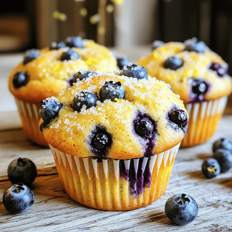 To make bakery style blueberry lemon muffins, gather these fresh ingredients. Each one plays a key role in flavor and texture. - 2 cups all-purpose flour - 1 tablespoon baking powder - 1/2 teaspoon baking soda - 1/2 teaspoon salt - 1/2 cup unsalted butter, softened - 1 cup granulated sugar - 2 large eggs - 1 teaspoon pure vanilla extract - 1/2 cup plain Greek yogurt - 1/4 cup freshly squeezed lemon juice - Zest of 1 lemon - 1 1/2 cups fresh blueberries - Turbinado sugar for sprinkling on top (optional) These ingredients are simple but powerful. The flour gives structure, while baking powder and soda help the muffins rise. Salt enhances the flavors. Butter adds richness, and sugar sweetens the mix. Eggs bind everything together, creating a soft texture. Vanilla extract brings warmth, and Greek yogurt adds moisture and tang. Fresh lemon juice and zest brighten the muffins, balancing the sweetness. Blueberries provide bursts of flavor. Turbinado sugar adds a nice crunch on top. Use fresh blueberries if you can. They taste best, but frozen works too. Just make sure to thaw and drain them first. Enjoy every bite of these delightful treats! First, set your oven to 375°F (190°C). This temperature helps the muffins rise perfectly. Prepare your muffin tin by adding paper liners or lightly greasing each cup. This keeps the muffins from sticking later. In a medium bowl, mix 2 cups of all-purpose flour, 1 tablespoon of baking powder, 1/2 teaspoon of baking soda, and 1/2 teaspoon of salt. Whisk these dry ingredients well and set them aside for now. In a large bowl, cream together 1/2 cup of softened unsalted butter and 1 cup of granulated sugar. Use an electric mixer on medium speed. Beat for about 3 to 4 minutes. This step adds air and makes the mixture light and fluffy. This air is key for soft muffins. Next, add 2 large eggs to your butter and sugar mix. Add them one at a time. Mix well after each egg. Then, stir in 1 teaspoon of pure vanilla extract for flavor. Now, mix in 1/2 cup of plain Greek yogurt, 1/4 cup of freshly squeezed lemon juice, and the zest of 1 lemon. Stir until everything blends smoothly. Now, it’s time to combine the dry and wet mixes. Gradually add the dry ingredients to the wet mix. Stir gently just until you see no more flour. Be careful not to overmix. A few streaks of flour are fine. Overmixing can make your muffins tough. With a gentle hand, fold in 1 1/2 cups of fresh blueberries. This step adds beautiful color and flavor. To make your muffins look even better, set aside a small handful of blueberries. You can place these on top before baking for a nice touch. Using a spoon or ice cream scoop, fill each muffin cup about three-quarters full. Top with the reserved blueberries and sprinkle with turbinado sugar if you like. This gives a nice crunch. Bake in the preheated oven for 18 to 20 minutes. Check for doneness by inserting a toothpick. It should come out clean or with a few moist crumbs. Once done, let the muffins cool in the tin for 5 minutes. Then, move them to a wire rack to cool completely. To get that bakery-style texture, focus on aeration. Cream the butter and sugar well. This process adds air and makes your muffins light. Use softened butter, not cold. Cold butter will not mix well and will affect the texture. Fresh blueberries are best for flavor and texture. They burst in the muffins, adding moisture. If fresh ones are out of season, frozen blueberries work too. Just remember to thaw and drain them first. This prevents extra juice from making the batter soggy. Overmixing is a common mistake that can ruin your muffins. Mix just until the flour disappears. It’s okay if there are a few streaks. Also, fill your muffin cups about three-quarters full. If you overfill them, the muffins can spill over and create a mess. {{image_4}} You can switch out blueberries for other berries. Raspberries, blackberries, or strawberries work great. Each berry adds a unique taste. If you want a sweeter muffin, use strawberries. For a tangy kick, raspberries shine. Just make sure to adjust your cooking time slightly if the berries are larger. Nuts or seeds can give your muffins a nice crunch. Try adding chopped walnuts or sliced almonds to the batter. You could also stir in chia seeds for a health boost. Remember to mix them in gently so the muffins stay fluffy. Boost the flavor with spices or extracts. A dash of cinnamon or nutmeg warms up the taste. You can also add almond or coconut extract for a twist. Just a small amount can make a big difference in flavor. Experiment and find your favorite mix! To keep your muffins fresh, place them in an airtight container. This stops air and moisture from drying them out. You can store them at room temperature for up to two days. If you want to keep them longer, the fridge is a good option. Just remember to seal them tight. Freezing muffins is easy and great for later use. First, let the muffins cool completely. Then, wrap each muffin in plastic wrap or foil. Place the wrapped muffins in a freezer bag. Squeeze out as much air as you can. When you're ready to enjoy them, take them out and let them thaw at room temperature. You can also heat them in the oven at 350°F (175°C) for about 10 minutes. Muffins last about two days at room temperature. If you store them in the fridge, they can last up to a week. If you freeze them, they stay good for about three months. Just remember, the sooner you eat them, the better they taste! Yes, you can use whole wheat flour. It will change the taste and texture. Whole wheat flour makes the muffins a bit denser. Start with half whole wheat and half all-purpose flour. This mix keeps the muffins lighter. If you don't have Greek yogurt, use sour cream or regular yogurt. These options will add moisture. You can also use buttermilk, which offers a nice tang. Each choice keeps the muffins soft and tasty. Look for a golden top and a clean toothpick. Insert the toothpick into the center. If it comes out clean or with a few crumbs, they are ready. If batter sticks to the toothpick, bake a few more minutes. Yes, you can prepare the batter a day ahead. Store it in the fridge to keep it fresh. You can also bake the muffins, then freeze them. Just thaw them at room temperature when ready to eat. You learned how to make tasty muffins filled with blueberries and lemon zest. We covered fresh ingredients, step-by-step instructions, and key tips for success. Remember to mix wet and dry ingredients carefully, and fold in blueberries gently. You can even try different fruits or add nuts for fun twists. Store your muffins well to keep them fresh. Enjoy baking and sharing your creations! Trust me, these muffins will be a hit with everyone.