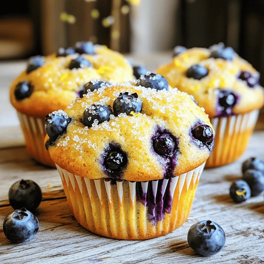 To make bakery style blueberry lemon muffins, gather these fresh ingredients. Each one plays a key role in flavor and texture. - 2 cups all-purpose flour - 1 tablespoon baking powder - 1/2 teaspoon baking soda - 1/2 teaspoon salt - 1/2 cup unsalted butter, softened - 1 cup granulated sugar - 2 large eggs - 1 teaspoon pure vanilla extract - 1/2 cup plain Greek yogurt - 1/4 cup freshly squeezed lemon juice - Zest of 1 lemon - 1 1/2 cups fresh blueberries - Turbinado sugar for sprinkling on top (optional) These ingredients are simple but powerful. The flour gives structure, while baking powder and soda help the muffins rise. Salt enhances the flavors. Butter adds richness, and sugar sweetens the mix. Eggs bind everything together, creating a soft texture. Vanilla extract brings warmth, and Greek yogurt adds moisture and tang. Fresh lemon juice and zest brighten the muffins, balancing the sweetness. Blueberries provide bursts of flavor. Turbinado sugar adds a nice crunch on top. Use fresh blueberries if you can. They taste best, but frozen works too. Just make sure to thaw and drain them first. Enjoy every bite of these delightful treats! First, set your oven to 375°F (190°C). This temperature helps the muffins rise perfectly. Prepare your muffin tin by adding paper liners or lightly greasing each cup. This keeps the muffins from sticking later. In a medium bowl, mix 2 cups of all-purpose flour, 1 tablespoon of baking powder, 1/2 teaspoon of baking soda, and 1/2 teaspoon of salt. Whisk these dry ingredients well and set them aside for now. In a large bowl, cream together 1/2 cup of softened unsalted butter and 1 cup of granulated sugar. Use an electric mixer on medium speed. Beat for about 3 to 4 minutes. This step adds air and makes the mixture light and fluffy. This air is key for soft muffins. Next, add 2 large eggs to your butter and sugar mix. Add them one at a time. Mix well after each egg. Then, stir in 1 teaspoon of pure vanilla extract for flavor. Now, mix in 1/2 cup of plain Greek yogurt, 1/4 cup of freshly squeezed lemon juice, and the zest of 1 lemon. Stir until everything blends smoothly. Now, it’s time to combine the dry and wet mixes. Gradually add the dry ingredients to the wet mix. Stir gently just until you see no more flour. Be careful not to overmix. A few streaks of flour are fine. Overmixing can make your muffins tough. With a gentle hand, fold in 1 1/2 cups of fresh blueberries. This step adds beautiful color and flavor. To make your muffins look even better, set aside a small handful of blueberries. You can place these on top before baking for a nice touch. Using a spoon or ice cream scoop, fill each muffin cup about three-quarters full. Top with the reserved blueberries and sprinkle with turbinado sugar if you like. This gives a nice crunch. Bake in the preheated oven for 18 to 20 minutes. Check for doneness by inserting a toothpick. It should come out clean or with a few moist crumbs. Once done, let the muffins cool in the tin for 5 minutes. Then, move them to a wire rack to cool completely. To get that bakery-style texture, focus on aeration. Cream the butter and sugar well. This process adds air and makes your muffins light. Use softened butter, not cold. Cold butter will not mix well and will affect the texture. Fresh blueberries are best for flavor and texture. They burst in the muffins, adding moisture. If fresh ones are out of season, frozen blueberries work too. Just remember to thaw and drain them first. This prevents extra juice from making the batter soggy. Overmixing is a common mistake that can ruin your muffins. Mix just until the flour disappears. It’s okay if there are a few streaks. Also, fill your muffin cups about three-quarters full. If you overfill them, the muffins can spill over and create a mess. {{image_4}} You can switch out blueberries for other berries. Raspberries, blackberries, or strawberries work great. Each berry adds a unique taste. If you want a sweeter muffin, use strawberries. For a tangy kick, raspberries shine. Just make sure to adjust your cooking time slightly if the berries are larger. Nuts or seeds can give your muffins a nice crunch. Try adding chopped walnuts or sliced almonds to the batter. You could also stir in chia seeds for a health boost. Remember to mix them in gently so the muffins stay fluffy. Boost the flavor with spices or extracts. A dash of cinnamon or nutmeg warms up the taste. You can also add almond or coconut extract for a twist. Just a small amount can make a big difference in flavor. Experiment and find your favorite mix! To keep your muffins fresh, place them in an airtight container. This stops air and moisture from drying them out. You can store them at room temperature for up to two days. If you want to keep them longer, the fridge is a good option. Just remember to seal them tight. Freezing muffins is easy and great for later use. First, let the muffins cool completely. Then, wrap each muffin in plastic wrap or foil. Place the wrapped muffins in a freezer bag. Squeeze out as much air as you can. When you're ready to enjoy them, take them out and let them thaw at room temperature. You can also heat them in the oven at 350°F (175°C) for about 10 minutes. Muffins last about two days at room temperature. If you store them in the fridge, they can last up to a week. If you freeze them, they stay good for about three months. Just remember, the sooner you eat them, the better they taste! Yes, you can use whole wheat flour. It will change the taste and texture. Whole wheat flour makes the muffins a bit denser. Start with half whole wheat and half all-purpose flour. This mix keeps the muffins lighter. If you don't have Greek yogurt, use sour cream or regular yogurt. These options will add moisture. You can also use buttermilk, which offers a nice tang. Each choice keeps the muffins soft and tasty. Look for a golden top and a clean toothpick. Insert the toothpick into the center. If it comes out clean or with a few crumbs, they are ready. If batter sticks to the toothpick, bake a few more minutes. Yes, you can prepare the batter a day ahead. Store it in the fridge to keep it fresh. You can also bake the muffins, then freeze them. Just thaw them at room temperature when ready to eat. You learned how to make tasty muffins filled with blueberries and lemon zest. We covered fresh ingredients, step-by-step instructions, and key tips for success. Remember to mix wet and dry ingredients carefully, and fold in blueberries gently. You can even try different fruits or add nuts for fun twists. Store your muffins well to keep them fresh. Enjoy baking and sharing your creations! Trust me, these muffins will be a hit with everyone.