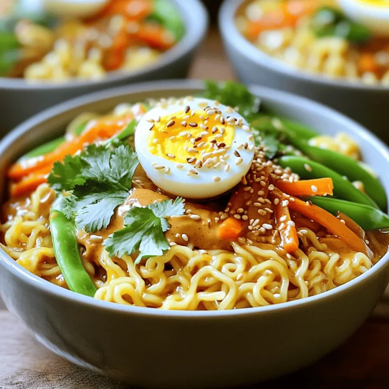 - Ramen noodles: Use 200g of your favorite ramen. Fresh or dried works well. - Peanut butter: Choose between smooth or crunchy. Smooth gives a creamy sauce while crunchy adds texture. - Chili crisp oil: Pick a brand you love. It adds heat and flavor. - Scallions: Use 1-2 scallions. Chop the white parts for cooking and save the green tops for garnish. - Snap peas and carrots: These veggies add crunch and color. They balance the rich sauce well. - Optional garnishes: A halved boiled egg adds protein. Toasted sesame seeds and fresh cilantro boost flavor and look. To make great ramen, bring a big pot of water to a rolling boil. Add 200g of ramen noodles. Cook them for about 3-4 minutes. Check the package for exact times. Once done, drain the noodles in a colander. Rinse them briefly under cold water. This stops cooking and keeps them firm. In a medium bowl, mix 2 tablespoons of peanut butter and 2 tablespoons of chili crisp oil. Add 2 tablespoons of low-sodium soy sauce, 1 tablespoon of sesame oil, and 1 teaspoon of rice vinegar. Use a whisk or fork to blend until smooth. Taste the sauce. Adjust flavors if needed. You want it creamy and tasty. In a large skillet, heat a drizzle of sesame oil over medium heat. Add chopped scallions, julienned carrots, and snap peas. Sauté them for about 2-3 minutes. Stir often to keep them fresh and bright. You want them tender but still crisp. With the veggies still in the pan, add the drained ramen noodles. Pour the peanut butter sauce over the noodles. Use tongs or a spatula to toss everything gently. Be careful not to break the noodles. Ensure the sauce coats the noodles and veggies evenly. Portion the ramen into two bowls. If you like, place a halved boiled egg on top of each serving. Sprinkle toasted sesame seeds and fresh cilantro leaves for a nice touch. For a vibrant look, consider adding extra chili crisp oil or edible flowers. Enjoy your colorful and tasty Chili Crisp Peanut Butter Ramen! - Adding spicy elements: You can boost the heat with extra chili crisp. Try brands like Lao Gan Ma or any local favorite. They add crunch and flavor. You can also sprinkle some red pepper flakes for an extra kick. - Suggestions for additional sauces or spices: Consider adding sriracha or hoisin sauce. Both can add depth to the dish. You can also mix in a splash of lime juice for brightness. - Best methods for sautéing vegetables for texture: Use medium heat when sautéing. This keeps the veggies bright and crisp. Stir often, so they cook evenly. Don't overcook them; you want a nice crunch. - Alternative cooking methods for ramen: Try stir-frying the noodles instead of boiling. It adds a nice char and flavor. Just cook them briefly in a hot pan with a little oil. - Gluten-free options for noodles: Look for rice noodles or gluten-free ramen. Many brands offer great taste without gluten. Be sure to check labels for certification. - Nut allergies: Alternatives to peanut butter: If you have nut allergies, use sunflower seed butter. It has a similar creaminess and pairs well with the other flavors. You could also try tahini for a different taste. {{image_4}} You can add protein to your Chili Crisp Peanut Butter Ramen for a hearty meal. Here are some great options: - Chicken: Use cooked chicken breast. Slice it thin and add it just before serving. Cook for about 2-3 minutes to heat. - Tofu: Press tofu to remove water. Cut it into cubes, fry until golden, then mix it in. This will take about 5-7 minutes. - Shrimp: Peel and devein shrimp. Sauté them in a pan for 3-4 minutes until they turn pink. Add them to your ramen last. These proteins boost the dish's taste and make it filling. If you're looking for a vegan option, you can easily swap ingredients. Here’s how: - Plant-based sauces: Use almond or cashew butter instead of peanut butter. Look for vegan chili crisp oil, too. - Meat substitutes: Try tempeh or seitan in place of animal proteins. These options add great texture and flavor. - Tips for a fully vegan bowl: Make sure all sauces and oils are vegan-friendly. Top with avocado for creaminess. These changes keep the dish tasty while being plant-based. You can give your ramen a unique flair by adding regional ingredients. Here are some ideas: - Asian-inspired additions: Kimchi brings tang and spice. Add a scoop on top for a bold kick. Bok choy adds crunch and nutrition; toss it in while sautéing. - Mediterranean influences: Feta cheese crumbles add creaminess and saltiness. You can also toss in olives for a briny flavor. These twists can change the whole vibe of your dish and keep it exciting. To keep your Chili Crisp Peanut Butter Ramen fresh, refrigerate it right after serving. Use an airtight container to prevent any odors from the fridge. This ramen stays good for about three days. When you want to eat it again, reheat it gently. You can do this in a pot over low heat or in the microwave. Add a splash of water to help with moisture. This helps keep the noodles from getting too dry. You can save time by prepping your sauce and veggies ahead of time. Mix the peanut butter, chili crisp oil, soy sauce, sesame oil, and rice vinegar in advance. Store this mix in the fridge for up to a week. For veggies, chop your scallions, carrots, and snap peas. Keep them in a separate container in the fridge. This keeps them crisp and ready to cook. For dry noodles, you can store them in a cool, dry place. Ramen noodles can last for months if kept sealed. This way, you can whip up a quick meal whenever you want! You can store leftover Chili Crisp Peanut Butter Ramen in the fridge for up to three days. Make sure to place it in an airtight container. This helps keep it fresh and tasty. When you reheat it, add a splash of water to help it regain some moisture. Yes, you can easily make this recipe gluten-free. Use gluten-free ramen noodles. Many brands offer great options that taste good. Also, check the soy sauce label for gluten-free versions. Tamari is a great choice for a soy sauce alternative. Chili crisp oil is a spicy, flavorful oil that adds depth to dishes. It includes chili flakes, oil, and often garlic or onions. You can find chili crisp oil in Asian grocery stores or online. Some recommended brands include Lao Gan Ma and Fly by Jing. They both deliver great taste and quality. To make this dish milder, reduce the amount of chili crisp oil. You can also add some sugar or honey to balance the heat. If you like it spicier, add more chili crisp oil or some fresh chili slices. Taste as you go to find your perfect level of spice. Yes, you can use other nut butters in this recipe. Almond butter or cashew butter can work well. Each nut butter adds a different flavor. Almond butter is lighter, while cashew butter is creamier. Adjust the amount based on your taste preferences. This blog post covered making a delicious Chili Crisp Peanut Butter Ramen. We discussed key ingredients, cooking tips, and presentation ideas. You learned how to mix flavors and textures while maintaining freshness. Overall, this dish is adaptable to your needs and tastes. Experiment with proteins, veggies, and spice levels to create your perfect bowl. Enjoy the process, and share your unique versions!