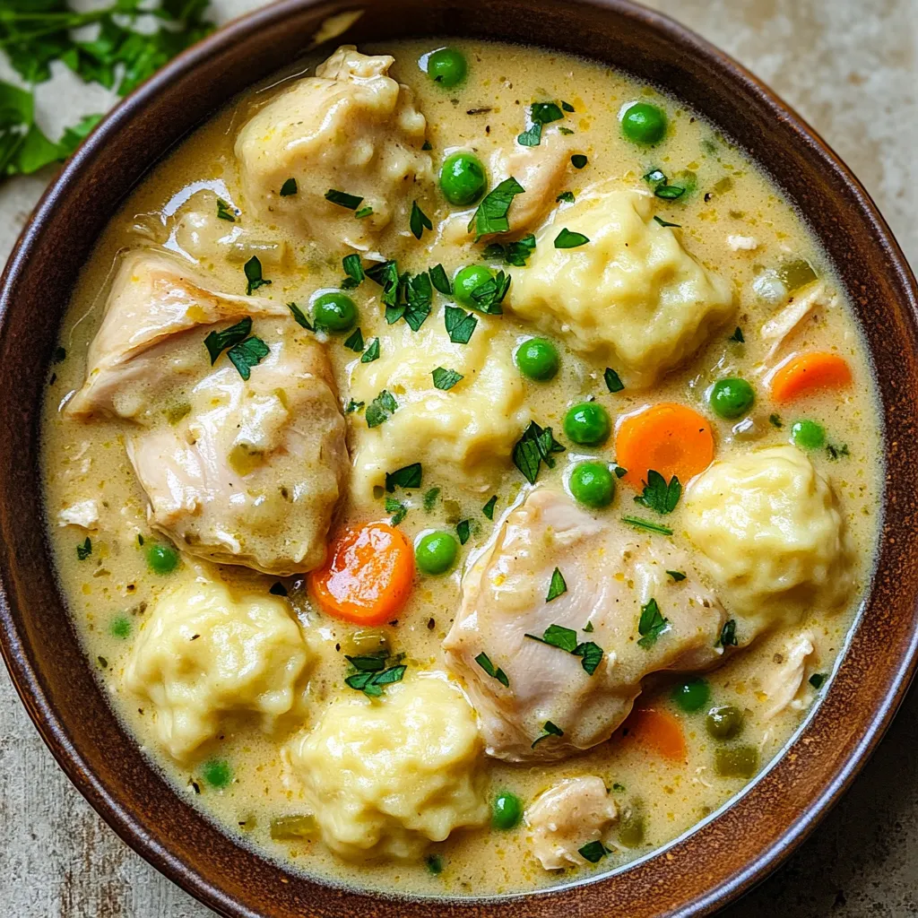- 2 pounds boneless, skinless chicken thighs - 4 cups chicken broth - 1 medium onion, finely chopped - 3 cloves garlic, minced - 3 carrots, peeled and diced - 3 celery stalks, diced - 1 cup frozen peas - 1 teaspoon dried thyme - 1 teaspoon dried rosemary - 1 teaspoon salt - ½ teaspoon freshly ground black pepper Chicken thighs are my go-to. They stay juicy and tender in the slow cooker. The chicken broth adds depth and flavor. Onion and garlic bring a tasty base. Carrots and celery add sweetness and crunch. Frozen peas give a fresh pop of color. Thyme and rosemary are two herbs that enhance the dish. They add warmth and earthiness. Salt and pepper are key for flavor balance. - 2 cups all-purpose flour - 1 tablespoon baking powder - 1 teaspoon salt (for dumplings) - ¾ cup milk (for dumplings) - 3 tablespoons fresh parsley, chopped (for garnish) For the dumplings, the flour gives structure. Baking powder makes them fluffy. Salt helps the flavor shine. Milk keeps the batter moist. Garnish with fresh parsley for a bright touch. It adds color and a fresh taste. This mix of ingredients creates a cozy, comforting meal. Each bite is rich and satisfying. Layering Ingredients Start by placing the chicken thighs at the bottom of your slow cooker. They will soak up all the flavors. Next, add the chicken broth. This will keep everything moist and tasty. Then, toss in the chopped onion, minced garlic, diced carrots, and diced celery. These veggies add great taste and nutrition. Mixing for Flavor Now, sprinkle in the dried thyme, dried rosemary, salt, and black pepper. Stir gently to mix everything well. It’s important that all the ingredients blend together. This step builds the base for rich flavor in your dish. Cooking Duration Cover the slow cooker with its lid. Set it on low heat and let it cook for 5 to 6 hours. This slow cooking makes the chicken tender and juicy. You’ll know it’s done when the chicken easily pulls apart. Shredding the Chicken Once the cooking time is up, use tongs to remove the chicken thighs. Place them on a plate. With two forks, shred the chicken into small pieces. It should fall apart easily. Return the shredded chicken back into the slow cooker. This helps it soak in all those delicious juices. Making Dumpling Batter In a medium bowl, whisk together the all-purpose flour, baking powder, and salt. This will be the dry mix for your dumplings. Gradually add the milk, stirring gently. Be careful not to overmix. The batter should stay thick and a bit lumpy for soft dumplings. Adding Dumplings to the Cooker Drop spoonfuls of the dumpling batter evenly over the creamy chicken mixture in the slow cooker. Do not stir! Just cover it with the lid and let it cook for an additional hour. This time lets the dumplings rise and cook through, making them fluffy and light. Spoon the dish into bowls, and enjoy the warm, creamy goodness! To keep chicken tender, use chicken thighs instead of breasts. Thighs have more fat, making them moist. Always cook on low heat for the best texture. Let it cook for 5-6 hours. This slow method helps the chicken become soft and flavorful. For fluffy dumplings, mix the batter gently. Overmixing makes them tough. The batter should be thick and lumpy. Drop spoonfuls over the chicken mixture without stirring. Cover the slow cooker and let them rise for an hour. This allows the dumplings to cook through and become fluffy. Serve the dish in shallow bowls. Make sure each bowl has chicken, dumplings, and creamy sauce. Sprinkle fresh parsley on top for color. This adds a nice touch and brightens the dish. Pair this dish with crusty bread or a simple salad. Bread helps soak up the creamy sauce. A salad adds a fresh crunch to your meal. Enjoy it with family and friends for a cozy gathering! {{image_4}} You can switch the chicken thighs with other proteins. Chicken breast works well, too. If you want a twist, try turkey or pork. For a meatless option, use chickpeas or lentils. These swaps make the dish fun and fresh. Feel free to change the veggies in your dish. You can add green beans or corn for variety. Sweet potatoes or mushrooms add a nice touch, too. Just remember to chop them small for even cooking. Want to kick up the flavor? Add spices like paprika or cumin. A pinch of cayenne pepper gives a nice heat. Fresh herbs like basil or dill can also brighten the dish. Experiment with flavors to find what you love. If you want more creaminess, try using half-and-half instead of heavy cream. You can also stir in some cream cheese for a richer texture. For a lighter option, use coconut milk. It adds a unique twist and makes it dairy-free. - Storing Leftovers: After enjoying your dish, let it cool. Place any leftovers in the fridge within two hours. This keeps the food safe. It will stay fresh for 3 to 4 days. - Recommended Containers: Use airtight containers for storing your creamy chicken and dumplings. Glass or plastic containers work well. Make sure they seal tightly to keep moisture in. - Freezing Instructions: You can freeze this dish too! Let it cool completely first. Then, transfer it to freezer-safe bags or containers. Squeeze out extra air for better storage. It can last up to 3 months in the freezer. - Thawing Process: To enjoy later, thaw in the fridge overnight. For faster results, use the microwave on low. Once thawed, reheat on the stove or in the slow cooker. Add a splash of broth or cream for extra moisture. Can I use chicken breast instead of thighs? Yes, you can use chicken breast. It cooks faster than thighs. However, chicken thighs are juicier and more tender. If you choose breasts, check for doneness early. How do I keep the dumplings from getting soggy? To avoid soggy dumplings, do not stir them once added. Keep the lid closed while they cook. This helps them rise and stay fluffy. What to do if the dumplings turn out dense? If your dumplings are dense, they may be overmixed. Mix the batter just until combined. Also, ensure you use fresh baking powder. Old baking powder can affect fluffiness. How to adjust cooking time for different slow cookers? Cooking times can vary. If your slow cooker runs hot, check the chicken sooner. If it runs cool, add an extra hour. Always use a meat thermometer for safety. This post covered the key ingredients for a delicious meal, step-by-step cooking tips, and how to store leftovers. With the right mix of chicken, veggies, and herbs, you can create a tasty dish anyone will love. Remember, don’t hesitate to swap proteins or add your favorite spices for extra flavor. Use these tips to make perfect dumplings and impress at your next meal. Enjoy experimenting, and happy cooking!