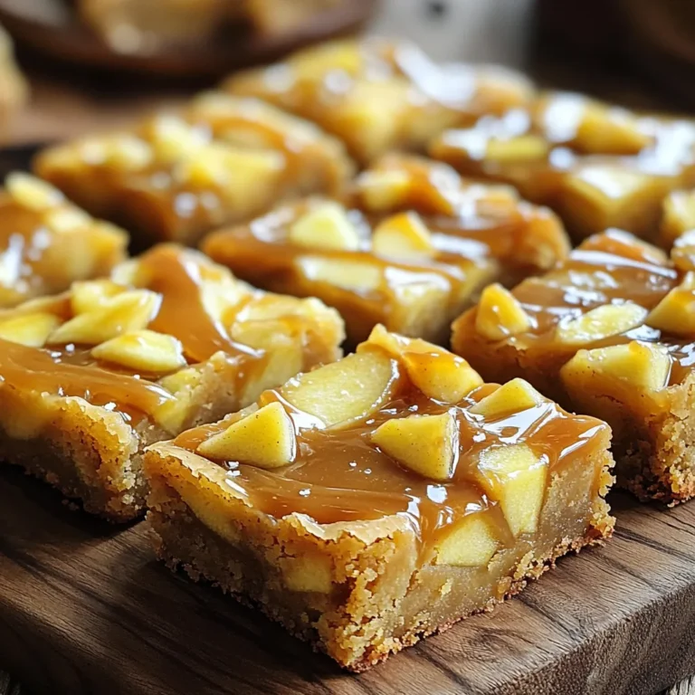 To make delicious caramel apple cider blondies, gather these simple ingredients: - 1 cup unsalted butter, melted - 1 cup packed brown sugar - 1/2 cup granulated sugar - 2 large eggs - 2 teaspoons pure vanilla extract - 1 1/2 cups all-purpose flour - 1/2 teaspoon baking powder - 1/2 teaspoon baking soda - 1/2 teaspoon salt - 1 teaspoon ground cinnamon - 1 cup apple cider - 1 medium apple, peeled and diced - 1/2 cup caramel sauce Each ingredient plays a key role. The butter adds moisture and richness. Brown sugar gives depth and flavor, while granulated sugar adds sweetness. Eggs bind everything together, creating a chewy texture. Vanilla extract enhances the flavor, making each bite taste better. Flour gives structure, while baking powder and baking soda help the blondies rise. Salt balances the sweetness, and cinnamon adds warmth. Apple cider brings a fruity punch, and diced apple adds texture and freshness. Finally, caramel sauce makes it all deliciously sweet. These ingredients together create a treat that feels like fall in every bite. Set your oven to 350°F (175°C). Use a 9x9 inch baking pan. Grease it well, or line it with parchment paper. This makes it easier to lift out the blondies later. In a large bowl, whisk the melted butter with brown sugar and granulated sugar. Mix until it looks smooth. Next, add in the eggs one at a time. Mix well after each egg. Stir in the vanilla extract for extra flavor. In another bowl, sift the flour, baking powder, baking soda, salt, and ground cinnamon. Sifting helps mix the dry ingredients well. This step is key for even cooking. Add the dry mix to the wet mix slowly. Alternate this with the apple cider. Stir gently until everything is just mixed. Avoid overmixing, as it can make the blondies tough. Fold in the diced apples carefully. Spread them evenly in the batter. Pour half the batter into the prepared pan. Drizzle half of the caramel sauce on top. Then, add the rest of the batter and spread it out. Drizzle the remaining caramel on top of the last layer. Bake for 25-30 minutes. Check if they are done by inserting a toothpick in the center. If it comes out clean, they are ready. Let the blondies cool in the pan for about 15 minutes. Then, move them to a wire rack to cool completely. To check if your blondies are done, use a toothpick. Insert it into the center. If it comes out clean, they are ready. If it has wet batter, bake a few more minutes. If your oven runs hot, check them earlier. You want a soft center and golden edges. Baking time can also change based on your pan size. For a larger pan, they might bake faster. Serve the blondies warm for the best taste. A scoop of vanilla ice cream on top works great. You can also add more caramel sauce for extra sweetness. Another idea is to sprinkle some chopped nuts on top for a nice crunch. For a pretty finish, cut the blondies into neat squares. Drizzle extra caramel sauce over them. A sprinkle of sea salt adds a nice contrast. Adding a thin apple slice on top makes it look fresh and inviting. {{image_4}} You can add nuts to your blondies for extra flavor. Walnuts or pecans work great. Just chop them coarsely. Mix in about 1/2 cup of your chosen nuts when you fold in the apples. This gives a nice crunch and makes each bite even better. Want to spice things up? Try adding different spices like nutmeg or ginger. Just a pinch can change the whole taste. You can also increase the cinnamon for a warm flavor. Experiment with these spices to find your favorite mix. If you want a lighter version, there are easy swaps. Use applesauce instead of some butter. This will cut down on fat. You can also use whole wheat flour instead of all-purpose flour. Another idea is to reduce the sugar or use a sugar substitute. These changes will help make a healthier treat without losing taste. To keep your caramel apple cider blondies fresh, start by letting them cool. Once cooled, cut them into squares. Place them in an airtight container. You can also use plastic wrap for added protection. Keep them at room temperature if you plan to eat them within a few days. To freeze blondies, first, let them cool completely. Cut them into squares. Wrap each square tightly in plastic wrap and then place them in a freezer bag. Make sure to squeeze out as much air as possible. To thaw, take them out and let them sit at room temperature for about an hour. You can also microwave them for a few seconds to warm them up. When stored properly, caramel apple cider blondies last about 3 to 5 days at room temperature. If you keep them in the fridge, they can last up to a week. Freezing extends their life to about three months. Be sure to check for any signs of spoilage before enjoying them. If your blondies turn out dry, here are some tips to fix them: - Add moisture: Drizzle some apple cider or extra caramel sauce on top. - Serve warm: Heating them in the microwave can help restore some moisture. - Use less flour: Next time, try adding a bit less flour to the mix. - Check baking time: Make sure you do not bake them too long. Yes, you can use different apples for this recipe. Here are some great choices: - Granny Smith: This tart apple adds a nice contrast to the sweet blondies. - Honeycrisp: These apples are sweet and crisp, making them a great option. - Fuji: They are sweet and juicy, perfect for adding flavor and moisture. - Gala: This type is sweet and soft, blending well with the other flavors. Absolutely! Here are some suggestions for gluten-free flour alternatives: - Almond flour: It adds a nutty flavor and keeps the blondies moist. - Coconut flour: Use this in smaller amounts as it absorbs more moisture. - Gluten-free all-purpose flour: Many brands work well for baking without changes. - Oat flour: This adds a nice texture and flavor, but check for gluten-free oats. You now have a clear recipe for caramel apple cider blondies. We covered ingredients, step-by-step instructions, and helpful tips. Feel free to explore variations to suit your taste. Storing them properly will keep them fresh longer. Enjoy them warm or topped for an extra treat. I hope you make these delicious blondies soon and share them with others. Happy baking!