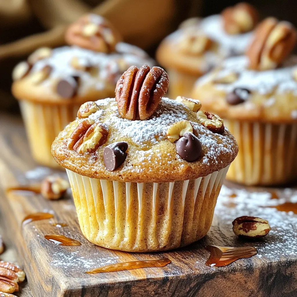 For these delightful pecan pie muffins, you'll need a mix of flours and sugars. Here’s a quick list: - 1 cup all-purpose flour - 1 cup whole wheat flour - 1 cup packed brown sugar - 1/2 cup granulated sugar - 1 tablespoon baking powder - 1/2 teaspoon baking soda - 1/2 teaspoon salt These dry ingredients create a great base. The all-purpose flour gives structure, while whole wheat flour adds flavor and nutrition. Brown sugar brings sweetness and moisture. Baking powder and baking soda help the muffins rise. Now, let’s focus on the wet ingredients. You’ll use: - 2 large eggs - 1 cup buttermilk (or milk with vinegar) - 1/2 cup unsalted butter, melted and slightly cooled - 1 teaspoon pure vanilla extract - 1/4 cup pure maple syrup The eggs bind everything together. Buttermilk adds richness and a slight tang. Melted butter gives a soft texture. Vanilla and maple syrup add lovely flavors that pair perfectly with pecans. For a special touch, consider adding: - 1 cup pecans, roughly chopped - 1/2 cup mini chocolate chips (optional) Pecans add crunch and a nutty taste. Mini chocolate chips bring a bit of sweetness and fun. You can skip the chocolate if you want to keep it classic. Start by preheating your oven to 350°F (175°C). This step helps your muffins bake evenly. Prepare your muffin tin by lining it with paper liners. If you don’t have liners, lightly grease each cup with cooking spray or butter. This ensures easy removal after baking. In a large bowl, combine the all-purpose flour, whole wheat flour, brown sugar, granulated sugar, baking powder, baking soda, and salt. Use a whisk to mix these dry ingredients well. This helps distribute the baking powder and soda, ensuring your muffins rise perfectly. In another bowl, crack the eggs and beat them lightly. Then add the buttermilk, melted butter, vanilla extract, and maple syrup. Mix these wet ingredients until smooth. Make sure the melted butter is cool to avoid cooking the eggs. This is key for a good batter. Now, pour the wet mixture into the bowl with the dry ingredients. Use a spatula to stir gently until just combined. Be careful not to overmix! The batter should look slightly lumpy. This keeps your muffins fluffy and light. Fold in the chopped pecans and mini chocolate chips if you want extra flavor. Use a scoop or spoon to fill each muffin cup about three-quarters full. Bake in the preheated oven for 18 to 20 minutes. To check if they are done, insert a toothpick into a muffin. If it comes out clean or with a few moist crumbs, they are ready! After baking, allow the muffins to cool in the tin for about 5 minutes. Then, transfer them to a wire rack to cool completely. For serving, dust the muffins with powdered sugar. You can also add a whole pecan on top for a nice touch. A small jug of maple syrup on the side makes it even better! Enjoy this sweet treat any time of day. To get the best texture in your pecan pie muffins, follow these tips: - Use room temperature eggs for better mixing. - Don't overmix the batter; stir until just combined. - Keep the batter slightly lumpy to ensure fluffiness. - Let the melted butter cool before adding to the eggs. These steps help create muffins that are soft yet firm. You want that perfect balance, where each bite is airy but holds together well. To keep your muffins fresh and tasty: - Store them in an airtight container at room temperature. - They stay good for about 2-3 days. - If you want to keep them longer, freeze them. When you freeze, wrap each muffin in plastic wrap. Place them in a freezer bag. They can last up to 3 months in the freezer. To enjoy, thaw them at room temperature or warm them in the oven. Make your muffins look as good as they taste: - Serve them warm for the best flavor. - Lightly dust with powdered sugar for a sweet touch. - Top each muffin with a whole pecan for charm. - Offer maple syrup in a small jug for drizzling. These simple touches make your muffins shine. They not only taste great but also look amazing on your table. {{image_4}} You can change up your pecan pie muffins with fun add-ins. Try different nuts, like walnuts or almonds. These nuts bring unique tastes and textures. You can also add fruits like dried cranberries or chopped apples. They add sweetness and moisture. For a twist, mix in coconut flakes. This makes your muffins even more special. Want to make these muffins healthier? Swap some ingredients for better options. Use whole wheat flour instead of all-purpose flour for more fiber. You can replace brown sugar with coconut sugar. This keeps them sweet but lowers the glycemic index. Also, use Greek yogurt in place of buttermilk for a protein boost. These changes keep the muffins tasty while adding health benefits. Boost the flavor of your muffins with spices and extracts. A pinch of cinnamon adds warmth and depth. You can also include nutmeg for a cozy touch. If you're a fan of vanilla, try using almond extract for extra flavor. It gives a nice twist to the classic taste. These small changes can elevate your muffins from good to amazing! You can find pecan pie muffins at local bakeries. Look for shops that focus on fresh, homemade treats. They often use quality ingredients, which makes their muffins special. Ask for recommendations from friends or check online reviews. Many online stores sell pecan pie muffins. Websites like Goldbelly offer baked goods from famous bakeries. You can browse a wide range of flavors and pick your favorites. Another good option is local bakeries that ship their goods. Check their websites for shipping details. Farmer's markets are great spots to find unique muffins. Local artisans often sell baked goods made from fresh, local ingredients. You can ask the vendors about their muffins. Many shops offer samples, so you can taste before you buy. Enjoy supporting local businesses while treating yourself! Yes, you can make these muffins gluten-free. Use a gluten-free flour blend instead of all-purpose flour and whole wheat flour. Make sure the blend contains xanthan gum for the best texture. Store leftover muffins in an airtight container. This keeps them fresh and moist. You can place parchment paper between layers to prevent sticking. Yes, you can freeze pecan pie muffins. Wrap each muffin in plastic wrap and place them in a freezer bag. They can last up to three months in the freezer. Serve these muffins warm with a sprinkle of powdered sugar on top. You can also add a drizzle of maple syrup or a dollop of whipped cream for extra flavor. Pecan pie muffins last about 3-5 days at room temperature. If kept in the fridge, they can last up to a week. For longer storage, freeze them as mentioned above. In this article, we covered all you need to know about pecan pie muffins. We explored the best dry and wet ingredients and optional flavors. I shared step-by-step instructions and tips for perfect texture and storage. You can even try tasty variations with nuts or fruits. Plus, I highlighted where to buy these delicious muffins. Baking can be fun. Enjoy making your pecan pie muffins and share them with others!