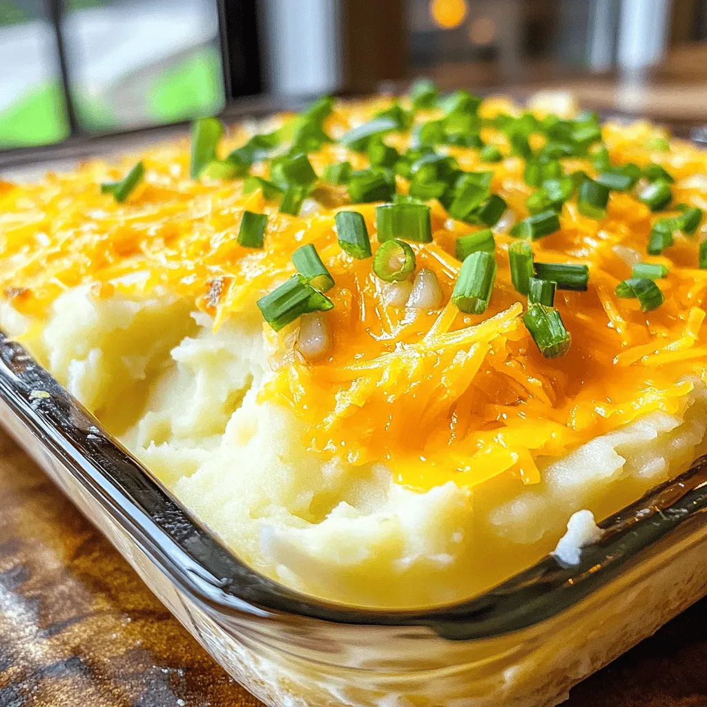 - 4 large russet potatoes - 4 cloves of garlic - 1 cup sour cream - 1/2 cup cream cheese - 1 cup shredded sharp cheddar cheese - 1/2 cup milk - 3 tablespoons unsalted butter - 1 teaspoon salt - 1/4 cup green onions In this dish, I love using large russet potatoes. They mash up creamy and smooth. The garlic adds a strong flavor that pairs well with the cheese. For a rich base, I mix in sour cream. It gives the potatoes a nice tang. I also use cream cheese. It makes the mash extra velvety. Sharp cheddar cheese is key. It melts wonderfully and adds a bold taste. I add milk to help blend everything together. Butter is a must for flavor. It enriches the mix and helps with texture. I sprinkle salt for seasoning. Green onions at the end bring a fresh bite. They brighten up this dish and add color too. This combination of ingredients makes a cheesy garlic mashed potato casserole that is simply delightful! - Preheat the oven to 350°F (175°C). - Peel and cube 4 large russet potatoes. - Mince 4 cloves of garlic for flavor. - Fill a large pot with salted water. - Add the cubed potatoes and minced garlic. - Bring the pot to a boil over medium-high heat. - Cook for 15-20 minutes until the potatoes are tender. - Check tenderness by piercing with a fork. - Drain well and set aside. - Return the drained potatoes and garlic to the pot. - Add 1/2 cup of softened cream cheese, 3 tablespoons of butter, 1/2 cup of milk, and 1 cup of sour cream. - Sprinkle in 1 teaspoon of salt, 1/2 teaspoon of black pepper, and 1/4 teaspoon of smoked paprika. - Mash until smooth and creamy. - Gently fold in 1 cup of shredded sharp cheddar cheese. - Mix until the cheese melts into the potatoes. To get creamy mashed potatoes, start with the right potatoes. I like using russet potatoes because they are fluffy. Boil them until soft, but don't overcook. This helps them stay light. Ensure your ingredients are at room temperature. Cold butter or cream cheese can cool the mix down. This can make your mash lumpy. When you add warm milk, it blends in better. Spices can boost flavor in your casserole. I suggest adding smoked paprika for a nice touch. You can also try garlic powder or onion powder. These add depth without much effort. For extra cheese, feel free to mix in different types. Gouda or mozzarella can give a unique taste. Just remember to adjust the amount so it blends well. Garnish is key for a beautiful dish. I like using green onions for a fresh look. They add color and a slight crunch. You can also sprinkle some extra cheese on top before serving. Serve this casserole next to roasted chicken or grilled steak. It pairs well with many main dishes. You can also present it in rustic bowls for a cozy feel at gatherings. {{image_4}} You can switch up the cheese in your casserole. If you want a twist, try using mozzarella or gouda. Each cheese brings its own flavor. Mixing in cheese spreads can also add creaminess. Try a soft cheese spread for a fun new texture. If you want to cut calories, substitute cream cheese with Greek yogurt. This keeps the dish creamy but lowers fat. For a vegan option, use plant-based cream cheese and dairy-free milk. Your casserole will still taste great and be kinder to the planet. Add herbs or spices to change the dish's flavor. Try adding thyme or rosemary for an earthy touch. You can also use roasted garlic instead of raw garlic. Roasted garlic has a sweeter taste and adds depth to your casserole. To store leftovers, let the casserole cool to room temperature. Place it in an airtight container. Glass or plastic containers work well for this. Make sure to seal it tightly to keep out air. The casserole can last for up to four days in the fridge. To freeze the casserole, first, let it cool completely. Cut it into portions for easy use later. Wrap each portion in plastic wrap, then place it in a freezer-safe bag. Label the bag with the date. For best taste, use it within three months. Thaw it overnight in the fridge before reheating. To reheat, bake it at 350°F (175°C) until hot, about 20-25 minutes. To extend freshness, always store the casserole in the fridge right after serving. Keep it sealed tight. Look for signs of spoilage, such as an off smell or mold. If you see any, it’s best to discard it. Yes, you can make this casserole ahead of time. Prepare the dish and store it in the fridge. Cover it well with plastic wrap or foil. It can stay fresh for up to two days. When you are ready to bake, let it sit at room temperature for about 30 minutes. This helps it cook evenly. Bake it in a preheated oven at 350°F (175°C) for about 30-35 minutes. This way, you enjoy a warm and cheesy dish without all the rush. If you need a substitute for sour cream, there are great options. Greek yogurt works well and adds a nice tang. You can also use cottage cheese, blended until smooth. For a non-dairy option, try using cashew cream or almond yogurt. Each of these alternatives gives a different flavor, but they all keep the dish creamy. Choose based on what you have or your diet. Absolutely! Adding vegetables can enhance the flavor and nutrition of your casserole. Some good choices are broccoli, spinach, or even corn. You can steam or sauté them before mixing them in. For a fun twist, try adding roasted red peppers or sautéed mushrooms. These veggies add color and taste. Mix and match based on what you like or have on hand. This blog post shared a tasty recipe for creamy potato casserole. You learned about the key ingredients, step-by-step cooking instructions, and tips for texture and flavor. Remember to explore variations and healthy options to suit your needs. In the end, enjoy experimenting with this dish. Feel free to make it your own. Happy cooking!