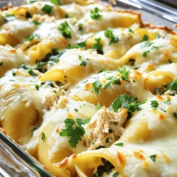- 20 jumbo pasta shells - 2 cups cooked chicken, shredded - 1 cup creamy ricotta cheese - 1 cup shredded mozzarella cheese (plus extra for topping) - 1 cup Alfredo sauce (store-bought or homemade) - 1/2 cup grated Parmesan cheese - 1 cup fresh spinach, chopped - 2 cloves garlic, minced - Salt and black pepper to taste - 1 teaspoon Italian seasoning - Fresh parsley, chopped (for garnish) Each ingredient plays a key role in making Loaded Chicken Alfredo Stuffed Shells truly delicious. The jumbo pasta shells serve as the perfect vessel for the creamy filling. I like using cooked chicken for its ease and flavor. Ricotta and mozzarella cheese add creaminess, while Parmesan gives a sharp bite. Alfredo sauce ties everything together with its rich taste. Fresh spinach adds color and a healthy twist. Garlic enhances the flavor, and the seasoning gives it that extra punch. Don't forget salt and pepper for balance. Finally, fresh parsley acts as a bright garnish. This mix of ingredients creates a comforting yet gourmet dish that's sure to impress. It's simple, fun to make, and will make your kitchen smell amazing! 1. Prepping the oven and baking dish Start by setting your oven to 375°F (190°C). This step ensures even cooking. Next, take a 9x13 inch baking dish and lightly grease it. This helps keep the stuffed shells from sticking. 2. Cooking the pasta shells Boil a large pot of water. Add the jumbo pasta shells and cook them until they are al dente. This usually takes about 9-11 minutes. You want them firm so they hold the filling well. Once cooked, drain the shells and let them cool slightly. 1. Combining chicken, cheeses, spinach, and seasoning In a large mixing bowl, combine the shredded chicken, ricotta cheese, and 1 cup of mozzarella cheese. Then, add half of the Alfredo sauce, chopped spinach, minced garlic, Italian seasoning, and a pinch of salt and pepper. Mix everything until well blended. The filling should be creamy and packed with flavor. 1. Filling the pasta shells Take each cooked shell and fill it generously with the chicken and cheese mixture. It’s okay to be a bit generous here! Place the filled shells seam-side up in the greased baking dish. 2. Adding sauce and cheese toppings Pour the remaining Alfredo sauce evenly over the stuffed shells. Make sure each shell gets a good coating. Then, sprinkle additional mozzarella and Parmesan cheese over the top for a cheesy finish. 1. Covering and initial baking Cover the baking dish tightly with aluminum foil. Place it in the preheated oven and bake for 20 minutes. This initial baking helps the flavors blend and keeps the shells moist. 2. Uncovering for finishing bake After 20 minutes, carefully remove the foil. Continue baking for another 10-15 minutes. You want the cheese on top to melt and turn bubbly and golden. This gives the dish a nice color and texture. Once done, let the dish cool for a few minutes. It’s ready to serve and enjoy! - Tips for cooking al dente pasta: Start by boiling water in a large pot. Add salt to the water; it helps flavor the pasta. Cook the jumbo shells until they are firm, not soft. Check the package for the right time. Drain them carefully and let them cool. This way, they won’t stick together. - Best practices for filling shells: Use a spoon or a small spatula to fill each shell. Make sure to pack the filling well but don’t overstuff. Place them seam-side up in the baking dish. This keeps the filling inside while baking. - Additional spices: Add a pinch of red pepper flakes for heat. A dash of smoked paprika adds depth. You can also try a sprinkle of dried oregano for a fresh taste. - Cheese variations: Mix in some goat cheese for a tangy flavor. You can also swap mozzarella for provolone for a richer taste. Experiment with different cheeses to find your favorite blend. - Pairing with sides or salads: These stuffed shells go great with a simple green salad. A Caesar salad adds a nice crunch. Garlic bread is also a perfect side. - Ideal plating techniques: Use a large spoon to serve the shells. Place a few on each plate. Drizzle extra Alfredo sauce over the top. Finish with chopped parsley for a fresh look. {{image_4}} You can make this dish lighter by substituting some ingredients. Use whole wheat pasta shells instead of regular ones. This change adds fiber and nutrients. You can also swap the Alfredo sauce for a light cream sauce or a homemade version with Greek yogurt. This option cuts calories while keeping a creamy texture. For low-calorie options, try using shredded rotisserie chicken. It’s quick and often lower in fat. You can also use low-fat cheese varieties. They melt well and still taste great. Another option is to add more spinach or other leafy greens, boosting vitamins without many calories. To mix up the flavors, try adding different proteins. Cooked shrimp, ground turkey, or even smoked chicken can change the taste. Each protein brings its own unique flavor. Using assorted vegetables can also enhance the dish. Chopped bell peppers, mushrooms, or zucchini work well. These veggies add crunch and freshness. Make sure to sauté them first for better flavor before adding to the filling. For a gluten-free version, choose gluten-free pasta shells. They come in many brands and cook similarly to regular pasta. Just be mindful of the cooking time. If you want a vegetarian version, skip the chicken and add more cheese. You can also include beans or lentils for protein. This keeps the dish hearty and satisfying while sticking to plant-based ingredients. To keep your Loaded Chicken Alfredo Stuffed Shells fresh, store them in an airtight container. Place them in the refrigerator if you plan to eat them within three days. Make sure to cover the dish tightly with foil or plastic wrap. This helps prevent the shells from drying out. For longer storage, freeze the stuffed shells. First, let them cool completely. Then, wrap them in plastic wrap and place them in a freezer-safe bag. They can last up to three months in the freezer. Remember to label the bag with the date to keep track. The best way to reheat your stuffed shells is in the oven. Preheat it to 350°F (175°C). Place the shells in a baking dish and cover them with foil. This keeps moisture in and prevents drying. Bake for about 20 minutes, or until heated through. If you’re in a hurry, you can use the microwave. Place the shells on a microwave-safe plate. Cover them with a damp paper towel. Heat in short bursts, about 1-2 minutes, checking often. This method helps retain moisture and flavor. Enjoy your delicious meal again! Can I use different types of cheese? Yes, you can use different cheeses. Try using cheddar or gouda for a new twist. Mixing cheeses adds flavor and creaminess. Just ensure that the total amount is the same. How can I make this dish ahead of time? You can prep the stuffed shells in advance. Fill the shells and place them in the baking dish. Cover with sauce and cheese, then wrap it tightly. Store it in the fridge for up to 24 hours before baking. What can I serve with Loaded Chicken Alfredo Stuffed Shells? These shells pair well with a side salad. A light Caesar salad or steamed veggies works great too. Garlic bread can add a nice crunch and flavor to the meal. Can I freeze the stuffed shells before baking? Yes, you can freeze the shells. Prepare them as normal, but don’t bake yet. Wrap them tightly and place them in the freezer. They can last for about three months. What is the best way to reheat stuffed shells? The best method is to reheat in the oven. Preheat to 350°F (175°C). Place the shells in a baking dish, cover with foil, and bake for about 20 minutes. This keeps them moist and warm. You now know how to create Loaded Chicken Alfredo Stuffed Shells. We covered the best ingredients, solid preparation steps, and assembly tips. I shared storage methods and welcomed dietary tweaks. You can personalize your dish with flavors or healthier options. Remember to serve it right for a beautiful meal. This recipe is fun to make and sure to impress! Enjoy your cooking and share the joy with others.