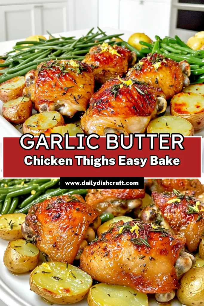 Indulge in the savory goodness of Garlic Butter Chicken Thighs Sheet Pan Delight! This easy recipe combines juicy chicken thighs with tender baby potatoes and crisp green beans, all drizzled in a mouthwatering garlic butter sauce. Perfect for a hassle-free dinner, it’s packed with flavor and is ready in just 50 minutes. Click to explore this delicious recipe and elevate your dinner game tonight! #GarlicButterChicken #SheetPanMeals #EasyRecipes #DinnerIdeas