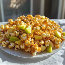 - 8 cups popped popcorn (about 1/2 cup of popcorn kernels) - 1 cup finely chopped apples (Granny Smith for tartness) - 1 cup granulated sugar - 1/2 cup unsalted butter - 1/4 cup light corn syrup - 1/2 teaspoon salt - 1/2 teaspoon baking soda - 1 teaspoon pure vanilla extract - 1 teaspoon ground cinnamon - 1/2 cup chopped nuts (optional, like pecans or walnuts) - You can add mini chocolate chips for a sweet twist. - Try using caramel bits instead of making your own sauce. - Dried cranberries or raisins can add a nice chew. - For a dairy-free option, use coconut oil instead of butter. - Use maple syrup in place of light corn syrup for a unique flavor. - If you can't find Granny Smith apples, any tart apple works well. First, you need to pop the popcorn. You can use an air popper or stovetop method. If using the stovetop, heat a pot with oil and add the kernels. Once popped, transfer the popcorn to a large bowl. Remember to check for unpopped kernels and remove them. You don't want any hard surprises in your clusters. For the caramel sauce, grab a medium saucepan. Over medium heat, mix granulated sugar, unsalted butter, light corn syrup, and salt. Stir it continuously as it heats. When it boils, let it bubble without stirring for about 4-5 minutes. Watch closely until it turns a light golden color. Once it's ready, carefully take the saucepan off the heat. Stir in the baking soda slowly. The mixture will bubble up, so be cautious! Then, add pure vanilla extract and ground cinnamon. Mix well to combine all the flavors. Now, it’s time to combine the popcorn and caramel. Quickly pour the hot caramel over the popped popcorn. Use a rubber spatula to fold and mix gently. Make sure every piece gets coated in that sweet caramel. Next, add the finely chopped apples to the mix. If you want some crunch, toss in chopped nuts too. Fold everything gently, so the apples and nuts are spread throughout the popcorn. Once combined, pour the mixture onto a lined baking sheet. Spread it out evenly for uniform baking. Preheat your oven to 200°F (95°C) and bake for 30 minutes. Stir the popcorn every 10 minutes to keep it from burning. When the baking time is up, take it out and let it cool completely. Once cool, break it into clusters and store them in an airtight container. Enjoy your tasty caramel apple popcorn clusters! To make great caramel, you need to watch the heat. Keep the heat on medium. If it gets too hot, your caramel will burn. Stir constantly at first. Once it boils, stop stirring. Let it bubble for about 4-5 minutes. Look for a light golden color. This means it’s ready. Adding baking soda helps it bubble and gives a nice texture. Be careful when adding it; it can bubble up quickly. When you mix your popcorn with the caramel, be gentle. Use a rubber spatula to fold the caramel over the popcorn. This helps coat each piece evenly. Add the chopped apples and nuts last. Fold them in slowly so they don’t break apart. If you mix too hard, you might end up with popcorn dust instead of clusters. Spread the mixture evenly on the baking sheet to help it bake evenly. For a fun way to serve your caramel apple popcorn clusters, try using clear cellophane bags. Tie them with decorative ribbons. They make great gifts or party favors. You can also put them in a colorful bowl for a festive touch. This will make your snack stand out during movie night or at a party. {{image_4}} You can switch up the flavors in your caramel apple popcorn clusters. Try adding peanut butter for a nutty twist. Mix in mini chocolate chips for a sweet touch. You can even use spices like nutmeg or ginger for warmth. Each option gives a new spin to this tasty treat. For a healthier snack, use air-popped popcorn instead of stove-popped. This cuts down on extra fat. You can also substitute coconut oil for butter. For sweetness, try using honey or maple syrup. Choose unsweetened apple sauce instead of sugar for a fruity twist. Change the recipe with the seasons! In fall, add pumpkin spice for a cozy flavor. During winter, add crushed peppermint for a festive touch. In summer, replace apples with fresh berries. These seasonal twists keep your popcorn clusters exciting all year long. To keep your caramel apple popcorn clusters fresh, store them in an airtight container. This helps keep the clusters crunchy and tasty. You can use a glass jar, a plastic container, or a resealable bag. Make sure to seal it well to keep out air and moisture. When stored properly, caramel apple popcorn clusters last for about one week. They taste best within the first few days. If you want to keep them longer, you can freeze them. Just make sure to wrap them tightly in plastic wrap before placing them in a freezer bag. They can last up to three months in the freezer. When you are ready to enjoy, just thaw them at room temperature. You don’t really need to reheat these clusters. They taste great at room temperature. If you want them warm and gooey, you can place them in the oven. Preheat the oven to 200°F (95°C) and heat them for about 5 minutes. This will help the caramel soften without burning. Enjoy your snack! Yes, you can use flavored popcorn! Caramel apple popcorn clusters work well with flavors like cheddar or kettle corn. Just keep in mind that strong flavors may change the taste. I suggest trying a light flavor, like butter or vanilla. This way, the caramel and apples can shine through. Experimenting with flavors can make your clusters unique and fun! I recommend using Granny Smith apples. They are tart and add a nice contrast to the sweet caramel. Tart apples balance the sweetness and make each bite exciting. You can also use Honeycrisp or Fuji apples for a sweeter option. Just make sure to chop them finely so they mix well with the popcorn. Yes, you can make these clusters in advance! They store well in an airtight container. I suggest making them a day or two ahead of time for parties or events. This allows the flavors to meld together. Just make sure they cool completely before storing. This keeps them crunchy and delicious! In this article, we explored how to make caramel apple popcorn clusters. We discussed all the key ingredients and offered ideas for variations and substitutions. The step-by-step guide showed you how to prepare popcorn and make the caramel sauce. We shared helpful tips for getting perfect caramel and mixing it well. Finally, we covered how to store these tasty treats and answered common questions. Enjoy creating your caramel apple popcorn clusters, and have fun experimenting with flavors!