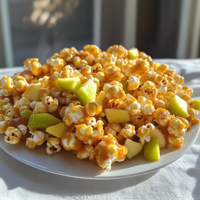 - 8 cups popped popcorn (about 1/2 cup of popcorn kernels) - 1 cup finely chopped apples (Granny Smith for tartness) - 1 cup granulated sugar - 1/2 cup unsalted butter - 1/4 cup light corn syrup - 1/2 teaspoon salt - 1/2 teaspoon baking soda - 1 teaspoon pure vanilla extract - 1 teaspoon ground cinnamon - 1/2 cup chopped nuts (optional, like pecans or walnuts) - You can add mini chocolate chips for a sweet twist. - Try using caramel bits instead of making your own sauce. - Dried cranberries or raisins can add a nice chew. - For a dairy-free option, use coconut oil instead of butter. - Use maple syrup in place of light corn syrup for a unique flavor. - If you can't find Granny Smith apples, any tart apple works well. First, you need to pop the popcorn. You can use an air popper or stovetop method. If using the stovetop, heat a pot with oil and add the kernels. Once popped, transfer the popcorn to a large bowl. Remember to check for unpopped kernels and remove them. You don't want any hard surprises in your clusters. For the caramel sauce, grab a medium saucepan. Over medium heat, mix granulated sugar, unsalted butter, light corn syrup, and salt. Stir it continuously as it heats. When it boils, let it bubble without stirring for about 4-5 minutes. Watch closely until it turns a light golden color. Once it's ready, carefully take the saucepan off the heat. Stir in the baking soda slowly. The mixture will bubble up, so be cautious! Then, add pure vanilla extract and ground cinnamon. Mix well to combine all the flavors. Now, it’s time to combine the popcorn and caramel. Quickly pour the hot caramel over the popped popcorn. Use a rubber spatula to fold and mix gently. Make sure every piece gets coated in that sweet caramel. Next, add the finely chopped apples to the mix. If you want some crunch, toss in chopped nuts too. Fold everything gently, so the apples and nuts are spread throughout the popcorn. Once combined, pour the mixture onto a lined baking sheet. Spread it out evenly for uniform baking. Preheat your oven to 200°F (95°C) and bake for 30 minutes. Stir the popcorn every 10 minutes to keep it from burning. When the baking time is up, take it out and let it cool completely. Once cool, break it into clusters and store them in an airtight container. Enjoy your tasty caramel apple popcorn clusters! To make great caramel, you need to watch the heat. Keep the heat on medium. If it gets too hot, your caramel will burn. Stir constantly at first. Once it boils, stop stirring. Let it bubble for about 4-5 minutes. Look for a light golden color. This means it’s ready. Adding baking soda helps it bubble and gives a nice texture. Be careful when adding it; it can bubble up quickly. When you mix your popcorn with the caramel, be gentle. Use a rubber spatula to fold the caramel over the popcorn. This helps coat each piece evenly. Add the chopped apples and nuts last. Fold them in slowly so they don’t break apart. If you mix too hard, you might end up with popcorn dust instead of clusters. Spread the mixture evenly on the baking sheet to help it bake evenly. For a fun way to serve your caramel apple popcorn clusters, try using clear cellophane bags. Tie them with decorative ribbons. They make great gifts or party favors. You can also put them in a colorful bowl for a festive touch. This will make your snack stand out during movie night or at a party. {{image_4}} You can switch up the flavors in your caramel apple popcorn clusters. Try adding peanut butter for a nutty twist. Mix in mini chocolate chips for a sweet touch. You can even use spices like nutmeg or ginger for warmth. Each option gives a new spin to this tasty treat. For a healthier snack, use air-popped popcorn instead of stove-popped. This cuts down on extra fat. You can also substitute coconut oil for butter. For sweetness, try using honey or maple syrup. Choose unsweetened apple sauce instead of sugar for a fruity twist. Change the recipe with the seasons! In fall, add pumpkin spice for a cozy flavor. During winter, add crushed peppermint for a festive touch. In summer, replace apples with fresh berries. These seasonal twists keep your popcorn clusters exciting all year long. To keep your caramel apple popcorn clusters fresh, store them in an airtight container. This helps keep the clusters crunchy and tasty. You can use a glass jar, a plastic container, or a resealable bag. Make sure to seal it well to keep out air and moisture. When stored properly, caramel apple popcorn clusters last for about one week. They taste best within the first few days. If you want to keep them longer, you can freeze them. Just make sure to wrap them tightly in plastic wrap before placing them in a freezer bag. They can last up to three months in the freezer. When you are ready to enjoy, just thaw them at room temperature. You don’t really need to reheat these clusters. They taste great at room temperature. If you want them warm and gooey, you can place them in the oven. Preheat the oven to 200°F (95°C) and heat them for about 5 minutes. This will help the caramel soften without burning. Enjoy your snack! Yes, you can use flavored popcorn! Caramel apple popcorn clusters work well with flavors like cheddar or kettle corn. Just keep in mind that strong flavors may change the taste. I suggest trying a light flavor, like butter or vanilla. This way, the caramel and apples can shine through. Experimenting with flavors can make your clusters unique and fun! I recommend using Granny Smith apples. They are tart and add a nice contrast to the sweet caramel. Tart apples balance the sweetness and make each bite exciting. You can also use Honeycrisp or Fuji apples for a sweeter option. Just make sure to chop them finely so they mix well with the popcorn. Yes, you can make these clusters in advance! They store well in an airtight container. I suggest making them a day or two ahead of time for parties or events. This allows the flavors to meld together. Just make sure they cool completely before storing. This keeps them crunchy and delicious! In this article, we explored how to make caramel apple popcorn clusters. We discussed all the key ingredients and offered ideas for variations and substitutions. The step-by-step guide showed you how to prepare popcorn and make the caramel sauce. We shared helpful tips for getting perfect caramel and mixing it well. Finally, we covered how to store these tasty treats and answered common questions. Enjoy creating your caramel apple popcorn clusters, and have fun experimenting with flavors!