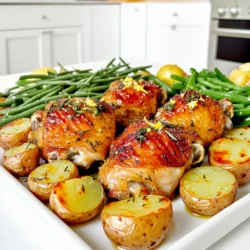 - 4 bone-in, skin-on chicken thighs - 4 tablespoons unsalted butter, melted - 6 cloves of garlic, finely minced - 1 tablespoon fresh rosemary, finely chopped - 1 tablespoon fresh thyme, finely chopped - 1 teaspoon smoked paprika - Salt and freshly cracked pepper to taste - 1 pound baby potatoes, halved lengthwise - 1 pound green beans, trimmed and cleaned - Zest from 1 lemon - 2 tablespoons freshly squeezed lemon juice The chicken thighs are the star of this dish. They are juicy and full of flavor. The garlic adds a rich aroma that fills your kitchen. Fresh herbs like rosemary and thyme bring a lovely earthiness. Baby potatoes are perfect here; they roast nicely and soak up the garlic butter. Green beans add a pop of color and crunch. - Additional spices - Garnishes You can add spices like cayenne for heat or Italian seasoning for more flavor. Fresh herbs like parsley can make a lovely garnish. Lemon wedges also add brightness to your plate. - Sheet pan - Mixing bowl - Measuring spoons A good sheet pan is key. It holds everything and allows for even cooking. You need a mixing bowl to combine your garlic butter. Measuring spoons help get the right amounts of spices. These tools make cooking easy and fun. - Preheat the oven: Start by setting your oven to 400°F (200°C). This helps cook the chicken and veggies perfectly. - Create garlic butter mixture: In a bowl, mix 4 tablespoons of melted butter with 6 minced garlic cloves, 1 tablespoon of chopped rosemary, 1 tablespoon of chopped thyme, 1 teaspoon of smoked paprika, and a squeeze of fresh lemon juice. Stir it well and set aside. - Arrange chicken thighs: Place 4 bone-in, skin-on chicken thighs in the middle of a large sheet pan. Pour half of the garlic butter mixture over the chicken. Make sure each thigh gets coated well for great flavor. - Prepare potatoes and green beans: In another bowl, toss 1 pound of halved baby potatoes with the rest of the garlic butter mixture. Add salt and pepper to taste. Mix well and spread the potatoes cut side up around the chicken. Next, add 1 pound of trimmed green beans around the chicken and potatoes. Drizzle with olive oil and sprinkle with salt and pepper. - Baking times and temperatures: Place the sheet pan in the oven and bake for 35-40 minutes. The chicken should reach an internal temperature of 165°F (75°C). Meanwhile, the potatoes will become tender and golden. - Checking chicken doneness: Use a meat thermometer to ensure the chicken is cooked through. If needed, bake a little longer until it reaches the right temperature. To get that crispy chicken skin, you must dry it well. Pat the skin with paper towels. This removes moisture. Moisture causes steaming, not crisping. Next, use high heat. Set your oven to 400°F (200°C). The hot air crisps the skin quickly. Adding citrus, like lemon zest, boosts flavor. The zest gives a fresh kick. You can also swap herbs. If you lack rosemary or thyme, use oregano or parsley. They all add nice flavors. You can use an oven or an air fryer. An oven gives even cooking for all the food. An air fryer cooks faster and can make the chicken extra crispy. Always monitor cooking times. Chicken thighs need about 35-40 minutes. Use a meat thermometer to check for 165°F (75°C). This keeps the chicken safe and juicy. {{image_4}} You can use skinless chicken thighs for a lighter dish. They cook well and stay juicy. If you want to try something new, consider pork or tofu. Both options can soak up the garlic butter flavors. Pork adds a nice richness, while tofu gives a plant-based twist. Seasonal veggies work great in this recipe. You can swap in asparagus or bell peppers for a fresh taste. Root vegetable blends like carrots and parsnips also add a sweet touch. Mix and match based on what you have. This keeps your meal exciting and colorful. If you like heat, try a spicy garlic butter. Just add red pepper flakes to the mix. For a herb-infused version, use extra rosemary and thyme. Experiment with flavors to match your mood. Each profile gives a unique taste to the dish. After enjoying your garlic butter chicken thighs, store leftovers right away. Place them in an airtight container. This keeps the chicken moist and tasty. I suggest using glass containers for easy reheating. You can keep them in the fridge for up to four days. If you want to save some for later, freezing is a great option. Portion the chicken and veggies into smaller containers. This makes it easy to thaw just what you need. Use freezer-safe bags to save space. You can freeze these for up to three months. To thaw correctly, place the frozen portions in the fridge overnight. This keeps the chicken juicy and safe. You can also run cold water over the sealed bags for a faster thaw. For reheating, the oven works best. Preheat your oven to 350°F (175°C). Place the chicken and veggies on a baking tray. Cover with foil to keep them moist. Heat for about 20 minutes, checking to ensure they are hot all the way through. If you’re short on time, you can use the microwave. Place the chicken and veggies on a microwave-safe plate. Heat for 2-3 minutes, stirring halfway. Make sure the chicken reaches 165°F (75°C) before serving again. Bake chicken thighs for 35 to 40 minutes at 400°F (200°C). The chicken should reach an internal temperature of 165°F (75°C). This ensures your chicken is both safe to eat and juicy. Yes, you can use boneless chicken thighs. They will cook faster than bone-in thighs. Adjust the baking time to around 25 to 30 minutes. Keep checking the temperature to avoid overcooking. I love to serve garlic butter chicken thighs with roasted vegetables. Here are some tasty options: - Mashed potatoes: Creamy and buttery, they pair well with the chicken. - Steamed broccoli: A light and fresh side to balance the rich flavors. - Rice pilaf: Fluffy rice with herbs complements the dish nicely. - Salad: A crisp salad adds crunch and freshness to your meal. Feel free to mix and match these sides to fit your taste! This blog covers how to make garlic butter chicken thighs using simple steps. We looked at key ingredients like chicken, garlic, and herbs, plus optional spices. You can use tools like a mixing bowl and a sheet pan to prepare and bake your dish. We discussed tips for great flavor and proper cooking times. Remember, you can switch up proteins or veggies to suit your taste. With these guidelines, you can enjoy a tasty meal that’s easy to store and reheat. Happy cooking!