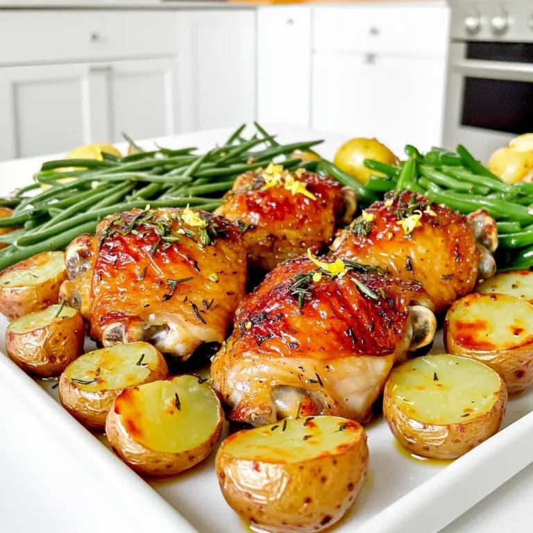 - 4 bone-in, skin-on chicken thighs - 4 tablespoons unsalted butter, melted - 6 cloves of garlic, finely minced - 1 tablespoon fresh rosemary, finely chopped - 1 tablespoon fresh thyme, finely chopped - 1 teaspoon smoked paprika - Salt and freshly cracked pepper to taste - 1 pound baby potatoes, halved lengthwise - 1 pound green beans, trimmed and cleaned - Zest from 1 lemon - 2 tablespoons freshly squeezed lemon juice The chicken thighs are the star of this dish. They are juicy and full of flavor. The garlic adds a rich aroma that fills your kitchen. Fresh herbs like rosemary and thyme bring a lovely earthiness. Baby potatoes are perfect here; they roast nicely and soak up the garlic butter. Green beans add a pop of color and crunch. - Additional spices - Garnishes You can add spices like cayenne for heat or Italian seasoning for more flavor. Fresh herbs like parsley can make a lovely garnish. Lemon wedges also add brightness to your plate. - Sheet pan - Mixing bowl - Measuring spoons A good sheet pan is key. It holds everything and allows for even cooking. You need a mixing bowl to combine your garlic butter. Measuring spoons help get the right amounts of spices. These tools make cooking easy and fun. - Preheat the oven: Start by setting your oven to 400°F (200°C). This helps cook the chicken and veggies perfectly. - Create garlic butter mixture: In a bowl, mix 4 tablespoons of melted butter with 6 minced garlic cloves, 1 tablespoon of chopped rosemary, 1 tablespoon of chopped thyme, 1 teaspoon of smoked paprika, and a squeeze of fresh lemon juice. Stir it well and set aside. - Arrange chicken thighs: Place 4 bone-in, skin-on chicken thighs in the middle of a large sheet pan. Pour half of the garlic butter mixture over the chicken. Make sure each thigh gets coated well for great flavor. - Prepare potatoes and green beans: In another bowl, toss 1 pound of halved baby potatoes with the rest of the garlic butter mixture. Add salt and pepper to taste. Mix well and spread the potatoes cut side up around the chicken. Next, add 1 pound of trimmed green beans around the chicken and potatoes. Drizzle with olive oil and sprinkle with salt and pepper. - Baking times and temperatures: Place the sheet pan in the oven and bake for 35-40 minutes. The chicken should reach an internal temperature of 165°F (75°C). Meanwhile, the potatoes will become tender and golden. - Checking chicken doneness: Use a meat thermometer to ensure the chicken is cooked through. If needed, bake a little longer until it reaches the right temperature. To get that crispy chicken skin, you must dry it well. Pat the skin with paper towels. This removes moisture. Moisture causes steaming, not crisping. Next, use high heat. Set your oven to 400°F (200°C). The hot air crisps the skin quickly. Adding citrus, like lemon zest, boosts flavor. The zest gives a fresh kick. You can also swap herbs. If you lack rosemary or thyme, use oregano or parsley. They all add nice flavors. You can use an oven or an air fryer. An oven gives even cooking for all the food. An air fryer cooks faster and can make the chicken extra crispy. Always monitor cooking times. Chicken thighs need about 35-40 minutes. Use a meat thermometer to check for 165°F (75°C). This keeps the chicken safe and juicy. {{image_4}} You can use skinless chicken thighs for a lighter dish. They cook well and stay juicy. If you want to try something new, consider pork or tofu. Both options can soak up the garlic butter flavors. Pork adds a nice richness, while tofu gives a plant-based twist. Seasonal veggies work great in this recipe. You can swap in asparagus or bell peppers for a fresh taste. Root vegetable blends like carrots and parsnips also add a sweet touch. Mix and match based on what you have. This keeps your meal exciting and colorful. If you like heat, try a spicy garlic butter. Just add red pepper flakes to the mix. For a herb-infused version, use extra rosemary and thyme. Experiment with flavors to match your mood. Each profile gives a unique taste to the dish. After enjoying your garlic butter chicken thighs, store leftovers right away. Place them in an airtight container. This keeps the chicken moist and tasty. I suggest using glass containers for easy reheating. You can keep them in the fridge for up to four days. If you want to save some for later, freezing is a great option. Portion the chicken and veggies into smaller containers. This makes it easy to thaw just what you need. Use freezer-safe bags to save space. You can freeze these for up to three months. To thaw correctly, place the frozen portions in the fridge overnight. This keeps the chicken juicy and safe. You can also run cold water over the sealed bags for a faster thaw. For reheating, the oven works best. Preheat your oven to 350°F (175°C). Place the chicken and veggies on a baking tray. Cover with foil to keep them moist. Heat for about 20 minutes, checking to ensure they are hot all the way through. If you’re short on time, you can use the microwave. Place the chicken and veggies on a microwave-safe plate. Heat for 2-3 minutes, stirring halfway. Make sure the chicken reaches 165°F (75°C) before serving again. Bake chicken thighs for 35 to 40 minutes at 400°F (200°C). The chicken should reach an internal temperature of 165°F (75°C). This ensures your chicken is both safe to eat and juicy. Yes, you can use boneless chicken thighs. They will cook faster than bone-in thighs. Adjust the baking time to around 25 to 30 minutes. Keep checking the temperature to avoid overcooking. I love to serve garlic butter chicken thighs with roasted vegetables. Here are some tasty options: - Mashed potatoes: Creamy and buttery, they pair well with the chicken. - Steamed broccoli: A light and fresh side to balance the rich flavors. - Rice pilaf: Fluffy rice with herbs complements the dish nicely. - Salad: A crisp salad adds crunch and freshness to your meal. Feel free to mix and match these sides to fit your taste! This blog covers how to make garlic butter chicken thighs using simple steps. We looked at key ingredients like chicken, garlic, and herbs, plus optional spices. You can use tools like a mixing bowl and a sheet pan to prepare and bake your dish. We discussed tips for great flavor and proper cooking times. Remember, you can switch up proteins or veggies to suit your taste. With these guidelines, you can enjoy a tasty meal that’s easy to store and reheat. Happy cooking!