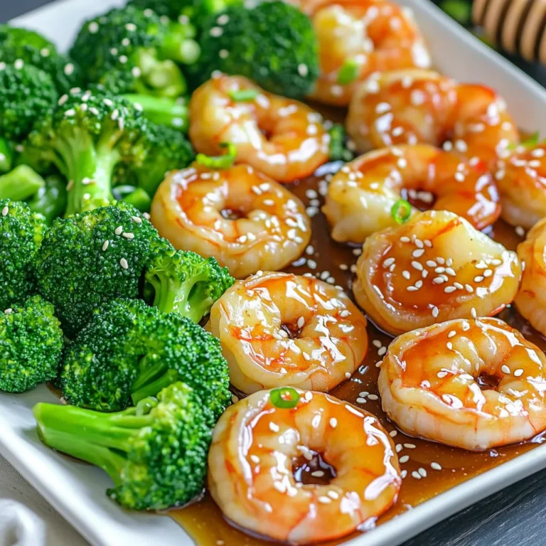 - 1 pound large shrimp, peeled and deveined - 4 cups broccoli florets - 1/4 cup honey - 4 cloves garlic, minced - 2 tablespoons soy sauce (or tamari for gluten-free) - 2 tablespoons olive oil - 1 teaspoon freshly grated ginger - 1 teaspoon cornstarch - Salt and black pepper to taste - Sesame seeds for garnish - 2 green onions, thinly sliced for garnish Each ingredient plays a key role in making this dish special. First, the shrimp adds protein and a light texture. I always use large shrimp for a satisfying bite. The broccoli gives color and crunch. Its slight bitterness pairs well with the sweet sauce. Honey is the star. It brings sweetness and a beautiful glaze to the shrimp. Garlic adds a strong flavor that balances the sweetness. Soy sauce deepens the taste, giving it umami. I like to use tamari for a gluten-free option. Olive oil helps with cooking. It also adds richness to the dish. Ginger gives a warm kick that brightens the flavors. Cornstarch acts as a thickener in the sauce, making it stick to the shrimp and broccoli. Seasoning with salt and black pepper brings everything together. For garnish, sesame seeds add a nutty crunch. Green onions bring freshness, making the dish look and taste vibrant. Gather all these ingredients for a fun and tasty meal. - Step 1: Preheat the Oven Start by preheating your oven to 400°F (200°C). This temperature helps cook the shrimp and broccoli evenly. Line a large baking sheet with parchment paper. This step prevents the food from sticking. - Step 2: Make the Marinade In a mixing bowl, combine these ingredients: - 1/4 cup honey - 4 cloves garlic, minced - 2 tablespoons soy sauce - 2 tablespoons olive oil - 1 teaspoon freshly grated ginger - 1 teaspoon cornstarch - Salt and black pepper, to taste Whisk these together until smooth. This marinade adds sweet and savory flavors to the shrimp. - Step 3: Marinate the Shrimp Add 1 pound of large shrimp, peeled and deveined, to the marinade. Toss gently to coat every shrimp. Let the shrimp marinate for about 10 minutes. This step enhances the flavor of the shrimp. - Step 4: Prepare the Broccoli While the shrimp marinates, prepare 4 cups of broccoli florets. In another bowl, toss the broccoli with a drizzle of olive oil, salt, and pepper. Make sure each piece is well-seasoned. This will help the broccoli stay tasty and bright. - Step 5: Arrange Shrimp and Broccoli Once the shrimp is marinated, arrange the shrimp on one side of the baking sheet. On the other side, spread the seasoned broccoli. This layout allows both to cook well without mixing. - Step 6: Bake in the Oven Place the baking sheet in the preheated oven. Bake for about 12-15 minutes. Keep an eye on it. The shrimp should turn opaque, while the broccoli should be tender but still crisp. Stir halfway through to ensure even cooking. - Step 7: Garnish and Serve After baking, carefully remove the sheet pan from the oven. Let it cool slightly. Garnish with sesame seeds and sliced green onions. This adds a fresh touch and makes your dish look appealing. Serve it on a platter and drizzle any remaining sauce on top for added flavor. - Marinating Time for Maximum Flavor Marinating shrimp boosts flavor. I suggest 10 minutes. This time lets the shrimp soak in the honey garlic mix. - Ideal Oven Temperature and Timing Set your oven to 400°F (200°C). This heat cooks shrimp and broccoli well. Bake for about 12-15 minutes. The shrimp should turn opaque, and broccoli should be tender. - Preventing Sticking on the Baking Sheet Use parchment paper on your baking sheet. This simple step keeps shrimp and broccoli from sticking. It also makes cleanup easy. - Plating the Dish Serve your shrimp and broccoli on a big platter. A colorful plate makes the meal look nice. - Enhancing Flavor with Remaining Sauce Drizzle any leftover sauce from the sheet over your dish. This adds extra taste and makes it shine. - Best Sides to Pair with the Dish Serve with rice or quinoa. These sides soak up the sauce well. You can also add a simple salad for freshness. {{image_4}} Substituting Shrimp with Chicken or Tofu You can easily swap shrimp for chicken or tofu. If using chicken, cut it into bite-sized pieces. For tofu, use firm tofu and press it to remove excess water. Both alternatives will soak up the honey garlic sauce well. Adding Other Vegetables (e.g., bell peppers, snap peas) Feel free to mix in other vegetables. Bell peppers add color and crunch. Snap peas bring a sweet taste and snap. Just cut them to similar sizes so they cook evenly with the shrimp or chicken. Adjusting Sauce Ingredients for Different Flavors You can change the flavor of the sauce. Add chili flakes for heat or lime juice for zest. Swap honey with maple syrup for a different sweetness. These small tweaks can create a whole new dish from the same base recipe. Gluten-Free Options To make this dish gluten-free, use tamari instead of soy sauce. Check that your other ingredients, like honey and cornstarch, are gluten-free too. This keeps the meal safe for those with gluten sensitivities. Low-Carb Alternatives If you want fewer carbs, reduce the honey or use a sugar substitute. You can also add more low-carb veggies like zucchini or cauliflower. They fit well into the meal without adding many carbs. Vegan Version Suggestions For a vegan option, substitute the shrimp with chickpeas or mushrooms. Replace honey with agave syrup or maple syrup. These changes keep the dish plant-based while maintaining great flavor. - Best Practices for Refrigeration After dinner, let your shrimp and broccoli cool. Store leftovers in an airtight container. This keeps them fresh for up to three days in the fridge. If you want to keep them longer, freezing is a great option. - Freezing for Longer Storage For long-term storage, place the shrimp and broccoli in a freezer-safe bag. Make sure to remove as much air as you can. This helps prevent freezer burn. You can freeze them for up to three months. When you’re ready to eat, just thaw overnight in the fridge. - Best Methods to Reheat The best way to reheat your shrimp and broccoli is in the oven. Preheat your oven to 350°F (175°C). Spread the leftovers on a baking sheet and warm them for about 10 minutes. You can also use a microwave if you’re short on time. Just heat in 30-second bursts until hot. - Tips for Maintaining Texture To keep the shrimp tender and the broccoli crisp, avoid overcooking. Stir halfway through reheating to ensure even warming. Adding a splash of water before microwaving can help keep everything moist. Enjoy your meal just like it was fresh! How long should I marinate the shrimp? You should marinate the shrimp for about 10 minutes. This short time helps the shrimp soak in the sweet and savory flavors of the marinade. If you marinate too long, the shrimp might get mushy. Can I use frozen shrimp for this recipe? Yes, you can use frozen shrimp. Just make sure to thaw them first. You can leave them in the fridge overnight or run them under cold water to speed up the process. What if I don’t have cornstarch? If you don’t have cornstarch, you can use flour instead. It works well to thicken the sauce, but it may not give the same shine and crispness to the shrimp. How do I know when the shrimp is fully cooked? The shrimp is done when it turns opaque and pink. It should curl slightly, but not too much. Overcooking makes shrimp tough, so keep an eye on them as they bake. Can I prepare the dish in advance? You can prepare the marinade and marinate the shrimp ahead of time. Just store it in the fridge until you are ready to bake. The broccoli should be fresh to keep its crunch. What are some good side dishes to serve with this recipe? Steamed rice or quinoa pair nicely with this dish. You can also serve a light salad or some crusty bread to soak up the honey garlic sauce. Can I use another type of fish or seafood? Yes, you can use chicken, tofu, or even scallops. Just adjust the cooking time as needed. Each option will bring its unique flavor and texture to the dish. This recipe for shrimp and broccoli offers a simple, delicious meal. You learned about the key ingredients and steps, from marinating shrimp to baking. Remember to experiment with flavors and ingredients for your taste. Store leftovers properly to enjoy later. Cooking can be fun and creative, so don't hesitate to try new things. Enjoy every bite of your flavorful dish!