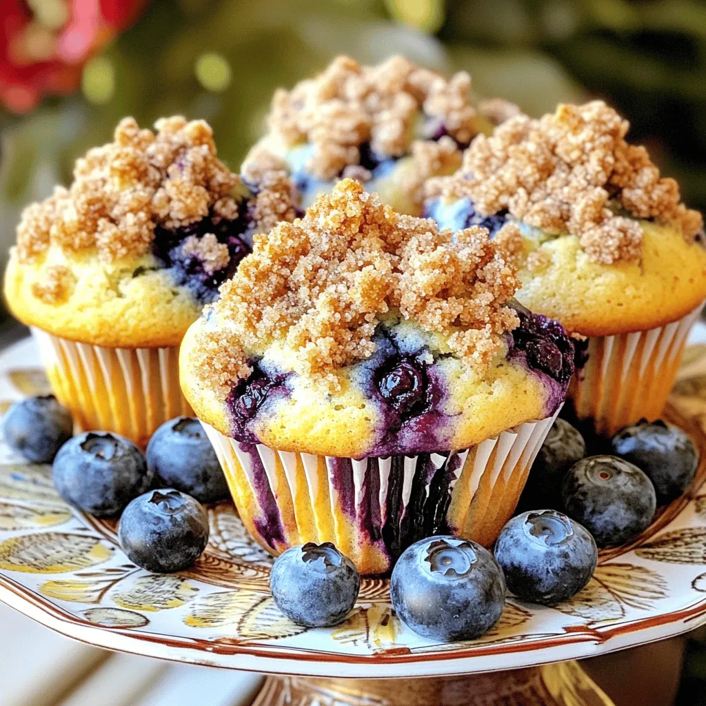 The main ingredients for the blueberry streusel muffins are simple and easy to find. Here’s what you need: - 2 cups all-purpose flour - 1 cup granulated sugar - 1 tablespoon baking powder - ½ teaspoon baking soda - ½ teaspoon salt - ¾ cup unsalted butter, melted - 2 large eggs - 1 teaspoon vanilla extract - 1 cup buttermilk (or milk mixed with 1 tablespoon vinegar) - 2 cups fresh blueberries (or frozen blueberries, thawed and drained) These ingredients work together to create a soft and flavorful muffin packed with juicy blueberries. The streusel topping adds a crunchy texture. You will need: - ½ cup all-purpose flour - ½ cup brown sugar, packed - ¼ cup rolled oats - ¼ cup cold unsalted butter, cubed - 1 teaspoon ground cinnamon This topping makes the muffins even more delightful and gives them a bakery-style finish. When making these muffins, use high-quality ingredients for the best taste. Fresh blueberries provide the best flavor and texture. If you choose frozen, make sure they are thawed and drained well to avoid excess moisture. Select unsalted butter for a balanced flavor. Using real vanilla extract enhances the overall taste. Good quality flour helps the muffins rise well and keeps them soft. Always measure your ingredients carefully to ensure great results. First, heat your oven to 375°F (190°C). This step is key for a great bake. Take your muffin tin and line it with paper liners. If you don’t have those, grease each cup lightly with butter or oil. This will help your muffins pop out easily. Grab a large mixing bowl. Whisk together the following dry ingredients: - 2 cups all-purpose flour - 1 cup granulated sugar - 1 tablespoon baking powder - ½ teaspoon baking soda - ½ teaspoon salt Make sure there are no lumps. This mix is the base for your muffins. In a medium bowl, mix your wet ingredients. Use these: - ¾ cup melted unsalted butter - 2 large eggs - 1 teaspoon vanilla extract - 1 cup buttermilk Stir until the mixture is smooth. This will add richness and flavor. Now, slowly pour the wet mix into the dry ingredients. Use a spatula or wooden spoon to stir gently. Stop mixing when you see no dry flour. Gently fold in the 2 cups of blueberries. Be careful not to break them! In a small bowl, mix these ingredients: - ½ cup all-purpose flour - ½ cup packed brown sugar - ¼ cup rolled oats - 1 teaspoon ground cinnamon Add in ¼ cup of cold cubed butter. Use your fingers or a pastry cutter to mix until it looks like coarse crumbs. This topping will give your muffins a nice crunch. Fill each muffin cup about two-thirds full with batter. This allows room for rising. Then, sprinkle the streusel topping generously over each muffin. Bake for 18-22 minutes. They’re done when the tops are golden and a toothpick comes out clean. After baking, take the muffins out of the oven. Let them cool in the pan for about 5 minutes. Next, move them to a wire rack to cool completely. Enjoy the lovely aroma as they cool! Mix the wet and dry ingredients just until they come together. Overmixing will lead to tough muffins. A few lumps are okay. Gently fold in the blueberries. This keeps them whole and adds bursts of flavor. Choose firm, plump blueberries. Look for a deep blue color with a silvery bloom. Wash them gently before use, and dry them with a towel. If using frozen berries, thaw and drain them well. This step prevents excess moisture in your batter. Keep your butter cold while making the streusel. Use a pastry cutter or your fingers to blend the butter into the dry mix. The mixture should look like coarse crumbs. This texture creates a great crunch on top of your muffins. {{image_4}} You can easily adjust this recipe to fit your needs. If you want to make it gluten-free, swap the all-purpose flour for a gluten-free blend. Use almond flour or oat flour for a nutty taste. If you need a dairy-free option, replace buttermilk with almond milk and use coconut oil instead of butter. For a lower sugar choice, use a sugar substitute like monk fruit sweetener. These swaps keep the muffins tasty and enjoyable for everyone. Feel free to get creative with flavor! You can add a teaspoon of lemon zest for a fresh zing. Chopped nuts, like walnuts or pecans, add crunch and depth. For a chocolate twist, mix in a half-cup of chocolate chips. If you're feeling adventurous, try a mix of spices, like nutmeg or ginger, to warm up the flavor profile. These additions let you customize each batch to your liking. Muffins are versatile! In summer, use fresh raspberries or strawberries instead of blueberries. In fall, try diced apples or pears with cinnamon. For winter, consider cranberries or even citrus like orange zest. Each fruit brings its unique flavor and texture. These seasonal swaps not only change the taste but also keep your muffins exciting all year round. To keep your Blueberry Streusel Muffins fresh, store them in an airtight container. This helps keep them moist and tasty. If you have leftover muffins, let them cool completely first. Then, place them in the container. Do not stack them too high to avoid squishing. You can also use a zip-top bag for extra protection. Freezing is a great option for longer storage. Wrap each muffin tightly in plastic wrap. Then place the wrapped muffins in a freezer bag. Label the bag with the date to keep track. These muffins can last up to three months in the freezer. When you're ready to enjoy them, just take out what you need. To reheat your muffins, use the microwave or oven. For the microwave, place one muffin on a plate and heat for about 15-20 seconds. If you want a crispy top, use the oven. Preheat it to 350°F (175°C). Heat the muffins for about 5-10 minutes. Enjoy them warm for the best flavor! Yes, you can use frozen blueberries in this recipe. Just thaw and drain them before adding. This will help keep the muffins from becoming too wet. Frozen berries work well and still taste great! To make these muffins dairy-free, swap buttermilk with a dairy-free milk. Use soy, almond, or oat milk with a splash of vinegar. This mix will mimic buttermilk and keep the muffins moist and fluffy. If you don’t have buttermilk, you can make a quick substitute. Mix one cup of milk with one tablespoon of vinegar. Let it sit for five minutes. This will create a similar tangy flavor and texture. These muffins stay fresh for about three days at room temperature. Store them in an airtight container. For longer storage, put them in the fridge, where they can last up to a week. Absolutely! You can double the recipe easily. Just make sure you have enough muffin tins and space in your oven. Enjoy making more muffins to share with friends or family! In this blog post, we covered all you need for perfect muffins. We discussed main ingredients and their quality, step-by-step instructions, and tips to avoid mistakes. We also explored fun variations and best storage practices. Remember, fresh ingredients and careful mixing lead to great results. Experiment with flavors and enjoy your baking. Perfect muffins await you!