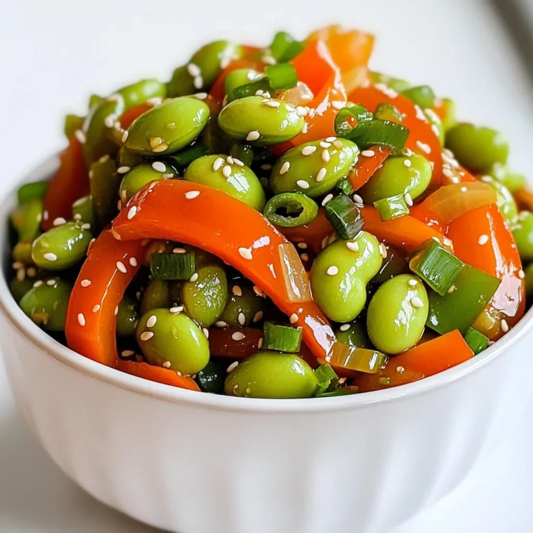 - 2 cups edamame, shelled - 2 tablespoons olive oil - 4 cloves garlic, minced - 1 teaspoon red pepper flakes - 1 tablespoon soy sauce - 1 tablespoon sesame oil - 1 bell pepper, sliced - 1 medium carrot, julienned - 2 green onions, chopped - 1 tablespoon toasted sesame seeds Edamame serves as the star of this dish. It brings a nutty flavor and a nice crunch. Olive oil helps to sauté the garlic and veggies without burning. Garlic adds a rich taste, while red pepper flakes give heat. Soy sauce and sesame oil provide depth, tying all the flavors together. Bell pepper adds color and sweetness, and carrots offer a satisfying texture. Green onions and sesame seeds are perfect for garnish, enhancing both flavor and presentation. - Salt - Black pepper Salt and black pepper are your go-to seasonings. They enhance the dish without overpowering it. Adjust the amount to fit your taste. - Other vegetables (e.g., broccoli, snap peas) - Protein options (e.g., tofu, chicken) Feel free to mix in other vegetables like broccoli or snap peas for more variety. You can also add a protein like tofu or chicken for a heartier meal. This dish is flexible, so make it your own! - Blanching the edamame: Start by boiling a pot of salted water. Add 2 cups of shelled edamame. Blanch them for 3-4 minutes. They should be tender but still bright green. Drain them well and set aside. - Prepping the vegetables: While the edamame blanches, slice 1 bell pepper and julienne 1 medium carrot. Also, chop 2 green onions, reserving some for garnish later. This prep makes cooking smooth and fast. - Heating the oil and sautéing the garlic: In a large skillet or wok, heat 2 tablespoons of olive oil over medium-high heat. Wait until the oil shimmers but does not smoke. Add 4 minced garlic cloves and 1 teaspoon of red pepper flakes. Sauté for about 30 seconds, stirring often. When the garlic becomes fragrant, it’s ready. - Stir-frying the bell pepper and carrot: Toss in the sliced bell pepper and julienned carrot. Stir-fry for 3-4 minutes. You want them to soften but still have a little crunch. This keeps the dish fresh and colorful. - Combining all ingredients: Gently add the blanched edamame to the skillet. Pour in 1 tablespoon of soy sauce and 1 tablespoon of sesame oil. Stir everything well to coat. Cook for another 2-3 minutes, letting the flavors blend and the dish heat through. - Adjusting seasoning: After cooking, taste your stir-fry. Adjust the seasoning with salt and freshly ground black pepper as needed. This step is key for perfect flavor. - Garnishing tips: Remove the skillet from heat. Before serving, sprinkle the dish with the reserved chopped green onions and 1 tablespoon of toasted sesame seeds. This adds a nice crunch and a burst of flavor. Serve it in a bowl or over jasmine rice for a satisfying meal. Enjoy! To sauté garlic without burning it, heat oil on medium-high. Add garlic and red pepper flakes. Stir frequently for about 30 seconds. Garlic should smell great but stay light in color. This way, it won’t taste bitter. To keep your veggies crunchy, stir-fry them for a short time. Aim for about 3-4 minutes. When the bell pepper and carrot are tender yet still crisp, they will add great texture to your dish. If you want more spice, add more red pepper flakes. Start with a small amount and taste as you go. This helps you find the right heat level for your taste. You can use fresh or frozen edamame. Fresh edamame cooks quickly and has a nice texture. Frozen edamame is great for convenience. Just remember to blanch it before adding to the stir-fry. This stir-fry pairs well with side dishes like jasmine rice or quinoa. You can also serve it with a fresh salad for a nice contrast. To enhance flavors, drizzle some extra soy sauce or sesame oil on top before serving. You can also try adding a splash of lime juice for a zesty kick. Enjoy making it your own! {{image_4}} You can tweak the taste of your Spicy Garlic Edamame Stir Fry in fun ways. Adding spices or herbs can enhance the flavor. Try crushed ginger for warmth or fresh basil for a hint of sweetness. You can also boost the zing by adding citrus zest. Grate some lime or lemon peel into the mix. This small change brings a fresh burst of flavor. This dish easily fits many diets. It is vegan since it uses plant-based ingredients. To make it gluten-free, swap soy sauce for tamari or coconut aminos. For those watching salt, use low-sodium soy sauce or skip it altogether. You can still enjoy the great taste without extra salt. You can create different styles of this stir fry. For a Thai-style version, add vegetables like bok choy or bean sprouts. This gives a unique twist while keeping it healthy. If you want a heartier meal, toss in some Asian noodles. Cook the noodles separately and mix them in with the edamame. This makes it filling and perfect for lunch or dinner. Store your leftover Spicy Garlic Edamame Stir Fry in the fridge. It stays fresh for up to three days. Use an airtight container to keep it from drying out. Glass or plastic containers work well for this. To reheat, use a skillet over medium heat. This helps revive the flavors. You can also use a microwave, but it may make the dish soggy. If you use the microwave, place a damp paper towel on top. This keeps moisture in while warming. You can freeze this stir fry for up to three months. Make sure it cools down first. Use freezer-safe containers or bags. When you want to eat it, thaw it in the fridge overnight. For best texture, reheat it in a skillet after thawing. Can I use frozen edamame? Yes, frozen edamame works great. Just blanch them for 3-4 minutes like fresh ones. What can I substitute for soy sauce? You can use tamari for a gluten-free option or coconut aminos for a sweeter taste. How do I make this dish spicier? Add more red pepper flakes or include sliced fresh chili peppers for extra heat. Is this dish healthy? Yes, it is packed with protein, fiber, and vitamins. Edamame offers great health benefits. How can I make it low-carb? Skip the carrots or reduce the quantity. Use more veggies like zucchini instead. Can I prepare this in advance? You can prep the veggies and cook them later. The dish tastes best fresh, though. What oil is best for stir-frying? Olive oil is good, but you can also use sesame oil for a nutty flavor. This blog gave you the key ingredients and steps to make a tasty stir-fry. You learned about the main veggies and how to cook them just right. Plus, I shared helpful tips for storage and variations to keep it fun! Remember, you can customize your dish with different spices and protein. Enjoy creating your own flavorful meals with these simple methods. Cooking can be easy and exciting, so dive in and try it yourself!