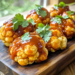 - Cauliflower florets - 1 cup all-purpose flour - 1 cup plant-based milk (almond or soy) - 1 teaspoon garlic powder - 1 teaspoon onion powder - 1 teaspoon smoked paprika - 1/2 teaspoon salt - 1/2 teaspoon black pepper - 1/2 cup BBQ sauce (your favorite brand or homemade) - 1 tablespoon olive oil - Fresh cilantro or parsley, for garnish To make these BBQ cauliflower wings, you need a medium head of cauliflower. Cut it into florets. Make sure they are all about the same size. This helps them cook evenly. For the batter, mix flour, plant-based milk, garlic powder, onion powder, smoked paprika, salt, and black pepper. This mix gives the wings a tasty crunch. You can use any BBQ sauce you like. Homemade or store-bought, both work great. Finally, fresh herbs like cilantro or parsley make a lovely garnish. They add color and freshness to your dish. Enjoy your cooking and get ready for some delicious wings! Start by rinsing the cauliflower under cold water. This step removes dirt and gives a fresh taste. Next, cut the cauliflower into bite-sized florets. Aim for a uniform size. When all pieces are even, they cook evenly. This helps avoid any burnt or undercooked parts. In a large bowl, mix the flour and plant-based milk. Add the garlic powder, onion powder, smoked paprika, salt, and black pepper. Use a whisk to combine everything. You want a smooth batter with no lumps. The right consistency should be creamy. If it's too thick, add a bit more milk. If it's too thin, add a little flour. Take each floret and dip it into the batter. Make sure to coat all sides well. This gives the wings a nice crunch. Allow any excess batter to drip off. Place the coated florets on a plate. Avoid piling them too high to keep them from getting soggy. Preheat your air fryer to 400°F (200°C). This takes about 3-5 minutes. Once it's hot, lay the battered cauliflower in the basket. Keep them in a single layer. This helps them crisp up nicely. Air fry for 12-15 minutes. Shake the basket halfway through to ensure even cooking. Look for a golden brown color to know they’re ready. When the wings finish cooking, take them out carefully. Transfer them back to your mixing bowl. Drizzle BBQ sauce over them. Gently fold to coat each piece evenly. Timing is key here. After coating, return them to the air fryer for another 3-5 minutes. This caramelizes the sauce, making it sticky and delicious. For a beautiful presentation, arrange the wings on a serving platter. Garnish them with chopped cilantro or parsley. This adds a pop of color. You can serve them with your favorite dips or sides for a complete meal. Enjoy these tasty bites! To get that perfect crispy texture, preheat your air fryer. Preheating helps the wings cook evenly and form a nice crust. Set your air fryer to 400°F (200°C) for about 3-5 minutes. This simple step makes a big difference in texture. When placing the cauliflower in the basket, leave space between each piece. This allows hot air to flow around the wings, making them crispier. If the wings touch, they will steam instead of fry. Aim for a single layer, and you’ll achieve great results. You can easily adjust the spice levels in your batter. Want it spicier? Add some cayenne pepper or chili powder. For a milder flavor, reduce the amount of smoked paprika. You can also switch up the BBQ sauce. Try different brands or homemade versions for unique flavors. A tangy sauce can give a nice kick, while a sweet sauce adds depth. Experiment until you find your favorite! One common mistake is overcrowding the air fryer basket. When you pack too many wings in, they don’t cook evenly. Always leave space for the hot air to circulate. Another mistake is not having a smooth batter. Lumpy batter can lead to uneven coating. Make sure to whisk your ingredients well until the batter is creamy and free of lumps. This helps the wings stay coated and delicious! {{image_4}} You can easily make these BBQ cauliflower wings vegan and gluten-free. Instead of all-purpose flour, use chickpea flour or almond flour. Both options give a nice texture. For milk, choose almond, soy, or oat milk. They all work well in the batter. When picking BBQ sauce, check labels for gluten-free options. Many sauces are vegan already, but it's wise to read the ingredients. Some brands use honey, which is not vegan. Make sure to find one that fits your diet. Boring batter is not an option! You can spice things up by adding more flavors. Try adding cayenne pepper for heat or a bit of cumin for earthiness. A dash of Italian herbs also adds a nice twist. Once your wings are cooked, you can experiment with sauces. Swap BBQ sauce for buffalo sauce or a spicy garlic sauce. Mix and match to find your favorite flavor combination. The options are endless! These BBQ cauliflower wings taste great with sides. Serve them with a fresh salad or some crunchy veggie sticks. They also pair well with sweet potato fries for a fun twist. For dips, ranch or blue cheese dressing is classic. You can also try a zesty yogurt dip or a spicy sriracha mayo. These dips add extra creaminess and flavor, making your meal even better. To keep your BBQ cauliflower wings fresh, use airtight containers. Glass or BPA-free plastic containers work best. Ensure the wings cool down to room temperature before sealing the container. This way, moisture won’t build up inside. Store them in the fridge. They stay good for up to three days. When reheating, use your air fryer for the best results. Set it to 350°F (175°C). Air fry for about 5-7 minutes. This helps maintain their crispiness. If you use a microwave, the wings may turn soggy. If you must use a microwave, heat on low power for short bursts. Always check the wings to avoid overheating. You can also freeze your BBQ cauliflower wings. First, let them cool completely. Place them in a single layer on a baking sheet. Freeze for about 1-2 hours until solid. Then transfer them to a freezer-safe bag. Remove as much air as possible. For cooking, thaw them in the fridge overnight. Cook straight from frozen in the air fryer at 400°F (200°C) for about 15-20 minutes. This will help bring back that crispy texture. Cook cauliflower in an air fryer for 12 to 15 minutes. The cooking time can change based on the floret size. For smaller pieces, aim for 12 minutes. For larger pieces, stick closer to 15 minutes. Always shake the basket halfway through to ensure even cooking. You want those bites crispy and golden brown. Yes, you can prepare these wings in advance. Cook the cauliflower and toss it in the BBQ sauce. Then, store them in the fridge for up to 24 hours. When you’re ready to enjoy, just pop them back into the air fryer for a quick reheat. This way, you save time and still get great flavor. Choose your favorite BBQ sauce for these wings! I recommend brands like Sweet Baby Ray's for a sweet touch or Stubb's for a tangy kick. If you like a smoky flavor, try a sauce with chipotle. Homemade BBQ sauce is also a great option if you want to control the ingredients. Yes, fresh cauliflower works great! It usually has a better texture than frozen. Make sure to rinse and cut it into even florets. This helps them cook uniformly. Frozen cauliflower may need longer cooking time due to moisture content, but fresh is always a tasty choice. These BBQ cauliflower wings are a healthier option than traditional wings. They are lower in calories and full of nutrients. Cauliflower is high in fiber and vitamins. While the batter adds some carbs, it balances out with the veggies. Serve with a nice salad for a complete meal. You now have a clear guide on making delicious BBQ cauliflower wings. We covered ingredients, step-by-step instructions, tips for best results, and variations for dietary needs. Remember to avoid overcrowding the air fryer for crispiness. Use the right batter consistency, and don’t skip on garnishes to make your dish shine. Enjoy experimenting with flavors and sauces. These tips will help you create a tasty, healthy snack that everyone can enjoy!