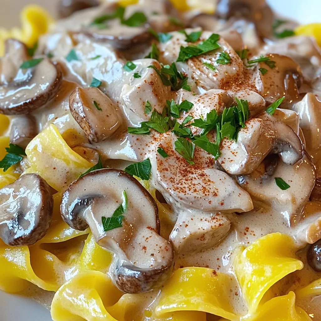 - 12 oz egg noodles - 1 lb assorted mushrooms (cremini, shiitake, and button) - 1 medium onion, finely chopped - 3 cloves garlic, minced - 1 cup vegetable broth - 1 cup sour cream - 2 tablespoons soy sauce (or tamari for gluten-free) - 1 teaspoon dried thyme - 1 teaspoon smoked paprika - Salt and pepper to taste - 2 tablespoons olive oil - Fresh parsley, chopped for garnishing To make a great Mushroom Stroganoff with egg noodles, you need fresh ingredients. Start with egg noodles, as they give the dish a nice texture. Use a mix of mushrooms like cremini, shiitake, and button. This variety adds depth to the flavor. Next, you will need a medium onion and garlic for a rich base. The sweetness of the onion and the aroma of garlic are key to a tasty dish. Vegetable broth adds moisture and flavor. Sour cream gives the dish its creamy texture that everyone loves. Don't forget soy sauce or tamari! It adds a nice umami flavor. Thyme and smoked paprika are important for seasoning. Finally, have salt and pepper ready to taste. A drizzle of olive oil helps sauté the vegetables and keeps things from sticking. For garnish, fresh parsley adds color and a fresh taste. Gather these ingredients, and you are ready to create a delicious meal! First, take your slow cooker and lightly grease it with olive oil. This helps keep the food from sticking. Use a paper towel to spread the oil evenly. Next, heat 2 tablespoons of olive oil in a skillet over medium heat. Once it gets warm, add 1 medium onion, finely chopped. Sauté the onion for about 3-4 minutes until it turns clear. Then, stir in 3 cloves of minced garlic and cook for another minute. This will make your kitchen smell amazing! Now, add 1 pound of assorted mushrooms, sliced. I like to use cremini, shiitake, and button mushrooms. Cook these for 5-7 minutes. Stir them often until they are soft and have let out their juices. Season with salt and pepper to bring out their flavor. Carefully transfer the mushroom and onion mix to the slow cooker. Pour in 1 cup of vegetable broth and add 2 tablespoons of soy sauce. Then, sprinkle in 1 teaspoon of dried thyme and 1 teaspoon of smoked paprika. Mix everything well so the flavors blend. Cover the slow cooker with its lid. Set it to cook on low for 4 hours or on high for 2 hours. You want the mushrooms to be fully cooked and the flavors to mix nicely. About 15 minutes before you plan to serve, bring a pot of salted water to boil. Add 12 ounces of egg noodles and cook them according to package instructions until they are just right. Drain the noodles and set them aside. Once the mushroom mix is done cooking, stir in 1 cup of sour cream. Mix it until the sauce is creamy. Taste the sauce and adjust the seasoning with salt and pepper if needed. Finally, add the drained egg noodles to the slow cooker. Toss them gently with the mushroom sauce until they are well coated. Let it sit on low heat for 5 more minutes to warm everything together. Serve the stroganoff in bowls, and sprinkle some fresh parsley on top for a nice touch. Enjoy your Mushroom Stroganoff Egg Noodles Slow Cooker Delight! To make your mushroom stroganoff even tastier, try adding extra seasonings. Here are some ideas: - A splash of Worcestershire sauce adds depth. - Fresh herbs like thyme or parsley brighten flavors. - A pinch of nutmeg gives warmth. - Red pepper flakes add a bit of heat. These simple additions can change your dish's flavor profile. Experiment and find what you love! To ensure your stroganoff sauce stays creamy, add sour cream at the right time. Here are some tips: - Wait until the mushrooms finish cooking. - Stir sour cream in gently to avoid lumps. - For extra creaminess, use full-fat sour cream. - If you want a tangy twist, add a squeeze of lemon juice. These steps help create a smooth and rich sauce you’ll enjoy. No one wants their meal to stick to the slow cooker. Here’s how to grease it well: - Use a paper towel to spread olive oil evenly. - Focus on the bottom and sides of the cooker. - Consider using a non-stick spray for ease. - Avoid using too much oil, which can make your dish greasy. Following these tips will help your stroganoff slide right out when it’s ready to serve. Enjoy every bite! {{image_4}} You can easily make this dish gluten-free. Just switch to gluten-free egg noodles. Many brands offer this option. Also, use tamari instead of regular soy sauce. Tamari gives a rich taste without gluten. This way, you can enjoy the same great flavor and texture. If you want a vegan option, replace the sour cream with cashew cream or coconut cream. These work well and keep the dish creamy. You can also skip the sour cream altogether and add more vegetable broth. This keeps the stroganoff light while still tasty. Some people like to use nutritional yeast for a cheesy flavor. Don't hesitate to mix in more vegetables. Spinach or kale adds color and nutrients. Bell peppers can add a sweet crunch. If you want extra protein, try adding lentils or chickpeas. They blend well and make the meal hearty. You can also sprinkle in some fresh herbs like thyme or dill for a fresh twist. To store leftovers, let the stroganoff cool down. Place it in an airtight container. I recommend using glass containers if you can. This keeps the food fresh for up to three days in the fridge. When you want to eat it again, just take it out, and you’re ready to reheat. If you want to freeze mushroom stroganoff, it’s best to do so without the egg noodles. Noodles can become mushy when thawed. Instead, freeze the sauce in a freezer-safe container. It can last up to three months in the freezer. When you’re ready to eat, let it thaw in the fridge overnight. To reheat, gently warm the stroganoff on the stove over low heat. Stir often to avoid burning. You can add a splash of vegetable broth or water to keep it creamy. If you prefer the microwave, use a microwave-safe bowl. Heat in short bursts, stirring in between. This keeps the texture nice and smooth. Yes, you can make this dish ahead. Just cook the stroganoff, let it cool, then store it in an airtight container. It stays fresh for about three days in the fridge. If you want to keep it longer, freeze it. It will last for up to three months. To reheat, warm it on the stove or in the microwave until hot. I love using a mix of mushrooms for great flavor. Cremini and shiitake mushrooms add depth. Button mushrooms are mild and easy to find. You can also try portobello for a meatier taste. Each type brings its own twist to the dish. The mix makes the stroganoff rich and tasty. Absolutely! While egg noodles are classic, you can use other pasta types. Fettuccine or tagliatelle work well too. If you want a gluten-free option, use rice noodles or gluten-free pasta. Cooking times might vary, so check the package. Just aim for al dente to keep the texture nice. Yes, mushroom stroganoff is perfect for meal prep. It keeps well in the fridge, and the flavors deepen over time. Portion it in containers for easy meals. Just cook the noodles when you're ready to eat them. This way, they stay fresh and don’t get soggy. This blog post covered a simple and tasty mushroom stroganoff recipe. You learned the key ingredients, step-by-step instructions, and helpful tips. Storing, freezing, and reheating are also easy. Consider your options for gluten-free or vegetarian meals. Adapting recipes enhances their flavor and nutrition. Enjoy your cooking journey, and share this dish with friends and family! It’s a perfect meal for any occasion.
