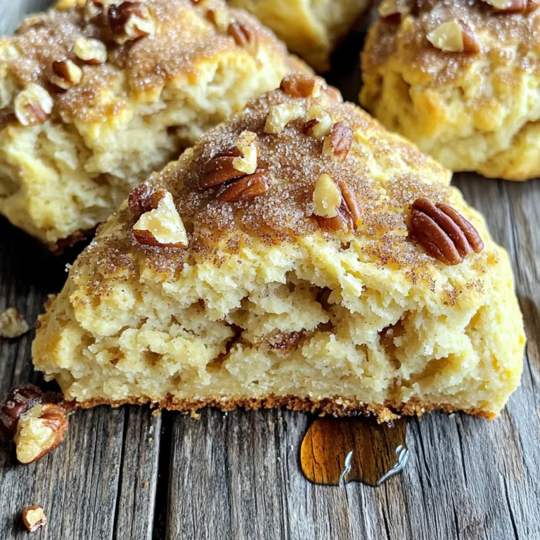 - 2 cups all-purpose flour - 1/2 cup packed brown sugar - 1 tablespoon baking powder - 1/2 teaspoon baking soda - 1/4 teaspoon salt - 1/2 cup unsalted butter, cold and cut into cubes - 1/2 cup heavy cream - 1/4 cup pure maple syrup - 1 large egg - 1 teaspoon vanilla extract - 1/2 cup chopped pecans (optional) - Extra brown sugar for topping You may want to try different sweeteners instead of brown sugar. Honey or coconut sugar can work well. For gluten-free options, use a blend of gluten-free flour and xanthan gum. If you need dairy-free choices, almond milk or coconut cream can replace heavy cream and butter. - Preheat your oven to 400°F (200°C). - Prepare the baking sheet with parchment paper. Start by setting your oven to the right temperature. This step ensures that your scones bake evenly. Lining your baking sheet with parchment paper helps prevent sticking. It's a simple but key part of making great scones. - Combine dry ingredients in a bowl. - Incorporate cold butter with dry mixture. In a large bowl, mix the all-purpose flour, brown sugar, baking powder, baking soda, and salt. Whisk these dry ingredients well. Next, take your cold butter and add it to the flour mix. Use your fingers or a pastry cutter to blend the butter. Aim for a crumbly texture with no big pieces of butter left. - Whisk together wet ingredients in a separate bowl. - Gently merge wet and dry mixtures. In another bowl, whisk the heavy cream, maple syrup, egg, and vanilla extract until smooth. This mixture adds moisture and sweetness. Now, pour it into your dry ingredients. Stir gently until the dough forms, being careful not to mix too much. If you want nuts, fold them in now. - Knead the dough lightly. - Cut into desired shapes and place on baking sheet. Turn the dough onto a floured surface. Knead it lightly just a few times. Then, pat it into a rectangle about 1 inch thick. Use a knife or a cookie cutter to cut the dough into triangles or circles. Place the cut scones on the baking sheet, leaving space for them to rise. - Sprinkle with brown sugar. - Bake and monitor for desired golden color. Before baking, sprinkle some brown sugar on top of each scone. This will give them a lovely, sweet crust. Bake your scones in the preheated oven for 15-18 minutes. Keep an eye on them. They should be golden brown on the edges when done. - Transfer to wire rack. - Allow to cool slightly before serving. Once they are baked, move the scones to a wire rack. Let them cool for a few minutes. This cooling step helps them set. Enjoy these scones warm for the best taste! To get the best scones, start with cold butter. Cold butter helps create flaky layers. When you mix it with flour, it forms pockets of steam. This steam makes your scones rise and stay light. Cut the butter into small cubes before adding it to the flour. Be careful not to over-knead the dough. Knead it just a few times, no more than five. Too much kneading makes the scones tough. You want them soft and tender. You can boost the flavor of your scones with spices. Try adding a pinch of cinnamon or nutmeg. These spices add warmth and depth. You can also use flavored maple syrup. A vanilla or bourbon-infused syrup adds a fun twist. Serve your scones on a rustic wooden board. This adds charm and warmth to your table. You can drizzle extra maple syrup on top for a sweet touch. Clotted cream is a great addition too. It makes each bite richer and more indulgent. Try arranging your scones in a circle for a beautiful display. This makes for a lovely treat at any gathering. {{image_4}} If you prefer not to use nuts, just leave out the chopped pecans. Your scones will still be rich and tasty. This option is great for those with nut allergies. You can also add a bit more flour to keep the texture balanced. Want to add some fruity flavor? You can mix in dried fruits like cranberries or blueberries. These fruits give a sweet burst in every bite. Just fold them into the dough before shaping the scones. Use about a half cup of dried fruit for the best results. For a vegan scone, swap out the butter and cream. Use plant-based butter and a non-dairy cream. Almond milk or coconut cream works well. You can also replace the egg with a flax egg. Just mix one tablespoon of ground flaxseed with three tablespoons of water and let it sit for a few minutes before adding. This makes your scones vegan-friendly and just as delicious! To keep your scones fresh, use an airtight container. Place them gently inside. This helps prevent them from drying out. You can store them at room temperature for up to three days. If you want to keep them longer, consider freezing. You can freeze scones in two ways: unbaked or baked. For unbaked scones, shape them and place them on a baking sheet. Freeze them until hard, then transfer to a bag. This way, you can bake fresh scones anytime! If you freeze baked scones, let them cool first. Wrap each one in plastic wrap and place them in a freezer bag. They last up to three months. To reheat scones, I recommend the oven. Preheat it to 350°F (175°C). Place the scones on a baking sheet and warm them for about 10 minutes. This keeps them soft and tasty. You can also use a microwave, but they may get a bit chewy. Enjoy your scones warm for the best flavor! You can tell when scones are done by checking their color. Look for golden-brown edges. The top should also be slightly firm to the touch. If you see a nice caramel color, they are ready. They usually take around 15 to 18 minutes in the oven. Yes, you can make the scone dough ahead of time. To do this, prepare the dough as instructed. After shaping the scones, place them on a baking sheet. Cover them tightly with plastic wrap and store in the fridge for up to 24 hours. When ready to bake, just sprinkle with brown sugar and bake as normal. You can easily adjust the sweetness of your scones. If you want them less sweet, reduce the brown sugar or maple syrup by a tablespoon. If you like them sweeter, add a bit more of either ingredient. Taste the dough before baking to find your perfect balance. This guide covered the key ingredients and steps for making delightful scones. You learned how to mix, shape, and bake them to perfection. Remember to use cold butter for the best texture. Feel free to get creative with flavors and variations. Store leftovers properly or freeze them for later. Enjoy your freshly baked scones with your favorite toppings. Simple tweaks can make a big difference in taste. Happy baking!