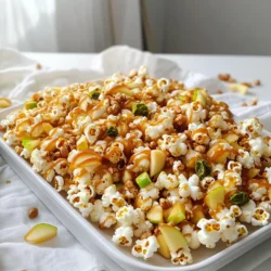 - 8 cups popped popcorn (preferably air-popped for a light texture) - 1 cup unsalted butter - 2 cups packed brown sugar - 1/2 cup light corn syrup - 1/2 teaspoon salt - 1 teaspoon pure vanilla extract - 1 teaspoon baking soda - 1 cup dried apples, finely chopped - 1/2 cup chopped nuts (optional, such as walnuts or pecans, for crunch) - 1/2 teaspoon ground cinnamon You can switch air-popped popcorn for microwave popcorn. Just avoid buttered types. For butter, use coconut oil or vegan butter. If you want a different sweetener, try maple syrup or honey instead of corn syrup. You can also swap dried apples with raisins or cranberries. If you don't like nuts, leave them out or use pumpkin seeds for a crunch. Always use fresh popcorn for the best results. Air-popped popcorn is light and airy. It holds caramel well. Unsalted butter gives a rich flavor. For a nutty taste, choose walnuts or pecans. They add a nice crunch and depth. Keep dried apples finely chopped. It helps mix well with popcorn. Ground cinnamon adds warmth and spice. Use a good quality for the best flavor. First, gather all your ingredients. You will need: - 8 cups popped popcorn (preferably air-popped for a light texture) - 1 cup unsalted butter - 2 cups packed brown sugar - 1/2 cup light corn syrup - 1/2 teaspoon salt - 1 teaspoon pure vanilla extract - 1 teaspoon baking soda - 1 cup dried apples, finely chopped - 1/2 cup chopped nuts (optional) - 1/2 teaspoon ground cinnamon Next, preheat your oven to 250°F (120°C). Line a large baking sheet with parchment paper. This step helps keep the popcorn from sticking to the pan. In a big mixing bowl, combine the popped popcorn, chopped dried apples, and optional nuts. You can mix these with your hands or a spatula. Make sure everything is blended well. Now, let’s make the caramel. In a medium saucepan, melt the unsalted butter over medium heat. Once melted, add the packed brown sugar, corn syrup, and salt. Stir this mixture continuously until it starts to boil. Watch it carefully for about 4-5 minutes until it turns a deep golden color. Remove the saucepan from heat. Carefully stir in the vanilla extract and baking soda. Be cautious! The mixture will bubble up a lot when you add the baking soda. Next, drizzle this rich caramel sauce over your popcorn mixture. Then, sprinkle the ground cinnamon on top. Use a spatula or wooden spoon to gently fold the mixture. This ensures every piece of popcorn is coated in caramel. Now, transfer your caramel-coated popcorn to the prepared baking sheet. Spread it out evenly. This helps it bake evenly. Place the baking sheet in your preheated oven. Bake for 30 minutes. Stir the mixture every 10 minutes. This will help distribute the caramel well. Once the time is up, remove the popcorn from the oven. Allow it to cool completely on the baking sheet. After it cools, break the popcorn into bite-sized clusters for serving. Enjoy your delicious caramel apple popcorn clusters! To make great caramel, watch the heat closely. Start with low to medium heat. Melt the butter fully before adding the sugar. Stir until it boils, then let it bubble for 4-5 minutes. Look for a deep golden color. If it's too light, it won't taste rich. If it's too dark, it can taste burnt. Always remove the pan from heat before adding vanilla and baking soda. The mixture will bubble up, so be careful! Mixing popcorn and caramel is fun! Use a big bowl for enough space. Add the popcorn, chopped dried apples, and nuts if you like. Toss everything gently. I use my hands to make sure every piece gets coated. Drizzle the caramel sauce over the popcorn slowly. Don’t dump it all at once. This way, the caramel spreads evenly. Use a spatula to fold the mixture carefully. You want to keep the popcorn light and fluffy. Presentation makes your treat even more special. Use clear cellophane bags for a nice look. Tie them with colorful ribbons for fun. You can also place the clusters in a pretty bowl. For extra flair, sprinkle more cinnamon or extra chopped apples on top. This adds color and makes it more appealing. Your guests will love this touch! {{image_4}} You can easily change the flavor of your caramel apple popcorn clusters. One great option is to add chocolate. Drizzle melted chocolate over the cooled clusters for a sweet touch. You can use dark, milk, or even white chocolate. Spices also work well. Try adding a pinch of nutmeg or ginger for extra warmth. You can mix in some pumpkin spice for a fall twist. Each of these flavors adds a fun twist to your treat. If you follow a vegan diet, you can swap the butter for a plant-based option. Use coconut oil or vegan butter instead. For the brown sugar, make sure it is labeled vegan. This way, you can enjoy the treat without any animal products. For a gluten-free version, ensure you use gluten-free popcorn. Most popcorn is naturally gluten-free, but always check the label. This keeps your snack safe for gluten-sensitive friends. Feel free to get creative with your ingredients. Instead of dried apples, try dried cranberries or cherries. They add a nice tartness. You can also switch nuts. Almonds or cashews add a different crunch and flavor. If you want more texture, use some seeds like pumpkin or sunflower seeds. They can add a nice nutty flavor and are great for those with nut allergies. To keep your caramel apple popcorn clusters fresh, store them in an airtight container. This will help prevent the popcorn from becoming stale. You can also use resealable bags if you do not have a container handy. Make sure to keep them in a cool, dry place. When stored properly, these clusters last about a week. If you want to keep them fresh longer, you can freeze them. Just make sure to package them well to avoid freezer burn. Thaw them in the fridge before serving. You don’t need to reheat the popcorn clusters. They taste great at room temperature. If you find they lost some crunch, you can warm them in the oven. Just place them on a baking sheet at 250°F (120°C) for about 5 to 10 minutes. This will help restore their crispiness. Yes, you can use microwave popcorn. However, air-popped popcorn gives a lighter texture. Microwave popcorn often has added flavors and butter. If you use it, skip the butter in the recipe. This will help keep the taste balanced. To make your clusters crunchier, bake them a bit longer. You can also add more nuts. Chopped walnuts or pecans will bring extra crunch. Make sure to mix the nuts evenly with the popcorn. This helps each bite stay crunchy. For gifts, use clear cellophane bags. Tie them with colorful ribbons for a nice touch. You can also use decorative jars with lids. Add a label for a personal feel. This makes your treat look special and inviting. This blog post covered all you need for delicious caramel popcorn clusters. We explored the key ingredients, offered substitutions, and explained cooking steps. I shared tips for perfect caramel and fun mix-ins. We also discussed how to store your treats for lasting freshness. Remember, you have the power to customize these clusters to suit any taste. Try different flavors and ingredients to make them your own. Enjoy your time making and sharing these tasty snacks!