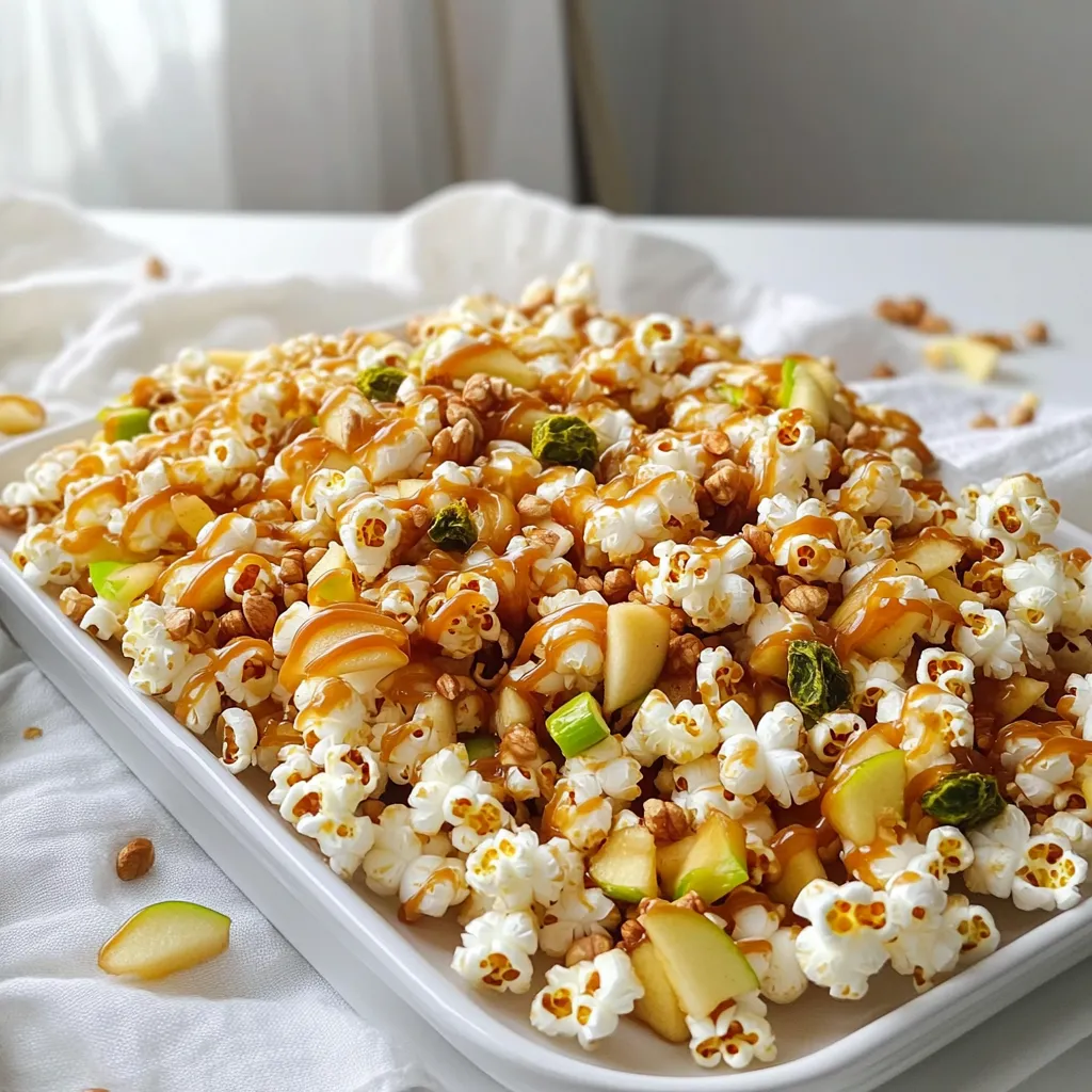 - 8 cups popped popcorn (preferably air-popped for a light texture) - 1 cup unsalted butter - 2 cups packed brown sugar - 1/2 cup light corn syrup - 1/2 teaspoon salt - 1 teaspoon pure vanilla extract - 1 teaspoon baking soda - 1 cup dried apples, finely chopped - 1/2 cup chopped nuts (optional, such as walnuts or pecans, for crunch) - 1/2 teaspoon ground cinnamon You can switch air-popped popcorn for microwave popcorn. Just avoid buttered types. For butter, use coconut oil or vegan butter. If you want a different sweetener, try maple syrup or honey instead of corn syrup. You can also swap dried apples with raisins or cranberries. If you don't like nuts, leave them out or use pumpkin seeds for a crunch. Always use fresh popcorn for the best results. Air-popped popcorn is light and airy. It holds caramel well. Unsalted butter gives a rich flavor. For a nutty taste, choose walnuts or pecans. They add a nice crunch and depth. Keep dried apples finely chopped. It helps mix well with popcorn. Ground cinnamon adds warmth and spice. Use a good quality for the best flavor. First, gather all your ingredients. You will need: - 8 cups popped popcorn (preferably air-popped for a light texture) - 1 cup unsalted butter - 2 cups packed brown sugar - 1/2 cup light corn syrup - 1/2 teaspoon salt - 1 teaspoon pure vanilla extract - 1 teaspoon baking soda - 1 cup dried apples, finely chopped - 1/2 cup chopped nuts (optional) - 1/2 teaspoon ground cinnamon Next, preheat your oven to 250°F (120°C). Line a large baking sheet with parchment paper. This step helps keep the popcorn from sticking to the pan. In a big mixing bowl, combine the popped popcorn, chopped dried apples, and optional nuts. You can mix these with your hands or a spatula. Make sure everything is blended well. Now, let’s make the caramel. In a medium saucepan, melt the unsalted butter over medium heat. Once melted, add the packed brown sugar, corn syrup, and salt. Stir this mixture continuously until it starts to boil. Watch it carefully for about 4-5 minutes until it turns a deep golden color. Remove the saucepan from heat. Carefully stir in the vanilla extract and baking soda. Be cautious! The mixture will bubble up a lot when you add the baking soda. Next, drizzle this rich caramel sauce over your popcorn mixture. Then, sprinkle the ground cinnamon on top. Use a spatula or wooden spoon to gently fold the mixture. This ensures every piece of popcorn is coated in caramel. Now, transfer your caramel-coated popcorn to the prepared baking sheet. Spread it out evenly. This helps it bake evenly. Place the baking sheet in your preheated oven. Bake for 30 minutes. Stir the mixture every 10 minutes. This will help distribute the caramel well. Once the time is up, remove the popcorn from the oven. Allow it to cool completely on the baking sheet. After it cools, break the popcorn into bite-sized clusters for serving. Enjoy your delicious caramel apple popcorn clusters! To make great caramel, watch the heat closely. Start with low to medium heat. Melt the butter fully before adding the sugar. Stir until it boils, then let it bubble for 4-5 minutes. Look for a deep golden color. If it's too light, it won't taste rich. If it's too dark, it can taste burnt. Always remove the pan from heat before adding vanilla and baking soda. The mixture will bubble up, so be careful! Mixing popcorn and caramel is fun! Use a big bowl for enough space. Add the popcorn, chopped dried apples, and nuts if you like. Toss everything gently. I use my hands to make sure every piece gets coated. Drizzle the caramel sauce over the popcorn slowly. Don’t dump it all at once. This way, the caramel spreads evenly. Use a spatula to fold the mixture carefully. You want to keep the popcorn light and fluffy. Presentation makes your treat even more special. Use clear cellophane bags for a nice look. Tie them with colorful ribbons for fun. You can also place the clusters in a pretty bowl. For extra flair, sprinkle more cinnamon or extra chopped apples on top. This adds color and makes it more appealing. Your guests will love this touch! {{image_4}} You can easily change the flavor of your caramel apple popcorn clusters. One great option is to add chocolate. Drizzle melted chocolate over the cooled clusters for a sweet touch. You can use dark, milk, or even white chocolate. Spices also work well. Try adding a pinch of nutmeg or ginger for extra warmth. You can mix in some pumpkin spice for a fall twist. Each of these flavors adds a fun twist to your treat. If you follow a vegan diet, you can swap the butter for a plant-based option. Use coconut oil or vegan butter instead. For the brown sugar, make sure it is labeled vegan. This way, you can enjoy the treat without any animal products. For a gluten-free version, ensure you use gluten-free popcorn. Most popcorn is naturally gluten-free, but always check the label. This keeps your snack safe for gluten-sensitive friends. Feel free to get creative with your ingredients. Instead of dried apples, try dried cranberries or cherries. They add a nice tartness. You can also switch nuts. Almonds or cashews add a different crunch and flavor. If you want more texture, use some seeds like pumpkin or sunflower seeds. They can add a nice nutty flavor and are great for those with nut allergies. To keep your caramel apple popcorn clusters fresh, store them in an airtight container. This will help prevent the popcorn from becoming stale. You can also use resealable bags if you do not have a container handy. Make sure to keep them in a cool, dry place. When stored properly, these clusters last about a week. If you want to keep them fresh longer, you can freeze them. Just make sure to package them well to avoid freezer burn. Thaw them in the fridge before serving. You don’t need to reheat the popcorn clusters. They taste great at room temperature. If you find they lost some crunch, you can warm them in the oven. Just place them on a baking sheet at 250°F (120°C) for about 5 to 10 minutes. This will help restore their crispiness. Yes, you can use microwave popcorn. However, air-popped popcorn gives a lighter texture. Microwave popcorn often has added flavors and butter. If you use it, skip the butter in the recipe. This will help keep the taste balanced. To make your clusters crunchier, bake them a bit longer. You can also add more nuts. Chopped walnuts or pecans will bring extra crunch. Make sure to mix the nuts evenly with the popcorn. This helps each bite stay crunchy. For gifts, use clear cellophane bags. Tie them with colorful ribbons for a nice touch. You can also use decorative jars with lids. Add a label for a personal feel. This makes your treat look special and inviting. This blog post covered all you need for delicious caramel popcorn clusters. We explored the key ingredients, offered substitutions, and explained cooking steps. I shared tips for perfect caramel and fun mix-ins. We also discussed how to store your treats for lasting freshness. Remember, you have the power to customize these clusters to suit any taste. Try different flavors and ingredients to make them your own. Enjoy your time making and sharing these tasty snacks!