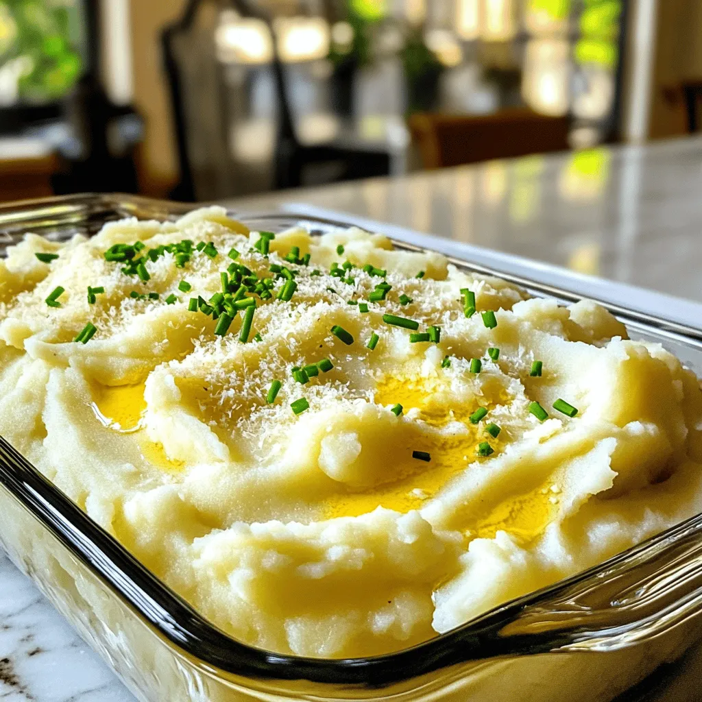 - 3 pounds russet potatoes, peeled and cut into uniform chunks - 4 cloves garlic, finely minced - 1 cup chicken or vegetable broth - 1 cup heavy cream (or substitute with half-and-half for a lighter option) - 1 cup grated Parmesan cheese (preferably freshly grated for best flavor) - 1 teaspoon salt (adjust as needed) - ½ teaspoon freshly ground black pepper - 2 tablespoons unsalted butter (for rich flavor) - Fresh chives or parsley, finely chopped, for garnish When making mashed potatoes, I prefer russet potatoes. These potatoes have a high starch content. This makes them fluffy and light. Look for potatoes that feel firm and have smooth skin. Avoid any that show signs of sprouting or soft spots. You can easily adapt this recipe for different diets. For a vegan option, use vegetable broth and swap heavy cream for coconut milk or cashew cream. If you're lactose intolerant, try using lactose-free milk and cheese. These swaps keep your mashed potatoes creamy and delicious! Start by peeling the russet potatoes. Cut them into even chunks. This helps them cook evenly. Place the chunks directly into the slow cooker. Make sure they fit well without crowding. Next, add the minced garlic over the potatoes. Pour in the chicken or vegetable broth. Stir gently to coat the potatoes with the broth. This step spreads the garlic flavor evenly. Now, secure the lid on your slow cooker. You can set it to cook on low for 7-8 hours. If you’re short on time, use the high setting for 3-4 hours. The goal is to have tender potatoes that you can pierce easily with a fork. After cooking, check for extra liquid. If it looks too watery, drain some off. Add the heavy cream, grated Parmesan cheese, salt, pepper, and butter. Use a potato masher or an electric mixer to mash until it’s creamy. Taste and adjust seasoning as needed. To boost garlic flavor, use fresh garlic. Fresh garlic gives a strong taste. If you want more, add an extra clove or two. Roasting the garlic first will give it a sweet flavor. Just wrap it in foil and bake until soft. You can mix roasted garlic into the potatoes for a deeper taste. For creamy mashed potatoes, use heavy cream. This adds richness and smoothness. If you want a lighter option, use half-and-half. Always taste and adjust seasoning later. For the best texture, mash the potatoes while they are warm. This helps them blend better with the cream and butter. You can make mashed potatoes thick or thin. For thick potatoes, add less liquid. For thinner mashed potatoes, add more broth or cream. If your potatoes are too thick, slowly mix in more cream until you reach the desired texture. Always mash in small batches for better control. {{image_4}} You can boost flavor by adding herbs. Fresh rosemary or thyme works great. Simply chop a tablespoon of either herb and mix it in with the garlic. These herbs add a nice earthy taste, making the dish even better. Parmesan is classic, but you can try other cheeses. Cheddar can give a sharp flavor. A mix of mozzarella and gouda adds creaminess. Just remember to adjust the amount to keep the texture smooth. Adding sour cream or cream cheese makes the potatoes extra rich. Use half a cup of either for a tangy twist. Mix them in when you add cream and cheese. This will make your mashed potatoes creamy and flavorful. To store leftover mashed potatoes, place them in an airtight container. Make sure the container is clean and dry. Cover the potatoes well to keep them fresh. They can last up to three days in the fridge. If you want to keep them longer, consider freezing. When it's time to reheat, take out the mashed potatoes from the fridge. Place them in a pot over low heat. Stir in a splash of heavy cream or milk to revive their creaminess. Heat slowly, stirring often, until warm. You can also use the microwave, but be careful not to dry them out. To freeze, first let the mashed potatoes cool completely. Spoon them into freezer-safe bags or containers. Remove as much air as you can to prevent freezer burn. Label the bags with the date. They can last up to two months in the freezer. When ready to eat, thaw in the fridge overnight and reheat as needed. Yes, you can use other potatoes. Yukon Golds are a great choice. They have a buttery taste and smooth texture. Red potatoes work well too, but they might not be as creamy. If you pick a waxy potato, the mash may be less fluffy. Stick to starchy potatoes for the best results. You can make these mashed potatoes ahead of time. After cooking them in the slow cooker, mash them as usual. Place them in a dish, cover with plastic wrap, and refrigerate. To reheat, warm them on the stove or in the microwave. Add a splash of cream to keep them creamy. Yes, you can make these on the stove. Boil the potatoes in a large pot until tender. Drain and add garlic, broth, cream, cheese, salt, pepper, and butter. Mash until smooth. This method takes less time than using a slow cooker. Garlic Parmesan mashed potatoes pair well with many dishes. Try them with grilled chicken, beef, or roasted vegetables. They also complement meatloaf and pork chops. A fresh salad on the side adds a nice crunch. Enjoy these potatoes as a comforting side dish! You have everything you need to make perfect slow cooker garlic parmesan mashed potatoes. We covered the key ingredients and how to choose the best potatoes. I shared tips for cooking and achieving the right texture. You can also tweak the recipe to meet dietary needs or make variations to enhance flavors. Remember, leftovers can be stored or frozen for later. With these insights, you can create delicious mashed potatoes that will impress. Enjoy your cooking adventure and make it your own!