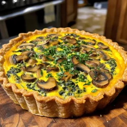 To make a tasty Mushroom Spinach Quiche, gather these ingredients: - 1 pre-made pie crust (store-bought or homemade) - 1 tablespoon olive oil - 1 cup mushrooms, sliced - 2 cups fresh spinach, washed and chopped - 1 small onion, diced - 3 large eggs - 1 cup heavy cream (or milk for lighter quiche) - 1 cup shredded cheese (Swiss, cheddar, or mix) - Salt and pepper to taste - A pinch of nutmeg (optional) You can swap some ingredients if you like. Here are a few ideas: - Use a different type of cheese, like feta or mozzarella, for unique flavors. - Replace heavy cream with low-fat milk or a dairy-free option if you want. - Fresh herbs like thyme or basil can add a nice twist. - Use any vegetable you have on hand, such as bell peppers or zucchini. To prepare this quiche, you will need: - A large skillet for cooking the filling - A mixing bowl for whisking the eggs and cream - A whisk or fork to mix the egg mixture - A baking dish or pie pan for baking the quiche - A sharp knife for slicing vegetables These tools will make your cooking experience smooth and easy! Start by preheating your oven to 375°F (190°C). This step gets the oven ready while you prepare your filling. Grab your pre-made pie crust, whether it's store-bought or homemade. Place it in a pie dish and set it aside. In a large skillet, heat 1 tablespoon of olive oil over medium heat. Once it’s hot, add 1 small diced onion. Cook the onion for about 3-4 minutes until it turns soft and clear. Next, add 1 cup of sliced mushrooms to the skillet. Let the mushrooms cook for about 5 minutes. They will soften and let out their moisture. After that, stir in 2 cups of washed and chopped spinach. Cook until the spinach wilts. Season this mix with salt, pepper, and a pinch of nutmeg, if you like. Remove the skillet from the heat and let the filling cool a bit. In a large mixing bowl, whisk together 3 large eggs and 1 cup of heavy cream (or milk). Make sure they blend well and get a bit frothy. Add 1 cup of shredded cheese into the mix. You can use Swiss, cheddar, or a mix of your favorites. Season with a pinch of salt and pepper to taste. Now it's time to put everything together. Spread the cooled vegetable filling evenly in the pie crust. Carefully pour the egg and cheese mix over the filling. Make sure it spreads out evenly. Place the quiche in your preheated oven. Bake it for 35-40 minutes. The top should turn a nice golden brown, and the center will set firm. After baking, let the quiche cool for about 10 minutes. This resting time helps it hold its shape when you slice it. Enjoy your delicious mushroom spinach quiche! To get the best texture in your quiche, follow a few key steps. First, make sure to sauté the onions and mushrooms well. This helps remove extra moisture and keeps your quiche from being soggy. When you mix the eggs and cream, whisk them until they are light and frothy. This adds air, making your quiche fluffy. Lastly, bake at the right temperature. A hot oven ensures a nice golden top and a firm center. Once your quiche is done baking, let it cool for about ten minutes. This cooling time helps it set, making slicing easier. When you slice, use a sharp knife for clean cuts. If you want a lovely look, serve it in wedges on a colorful plate. You can also garnish with herbs like parsley or chives to make it pop. Mushroom spinach quiche pairs well with many sides. A light salad with vinaigrette adds a fresh touch. You can also serve it with roasted vegetables for a heartier meal. If you want to keep it simple, a few slices of good bread work well too. For drinks, consider a glass of crisp white wine or fresh lemonade. {{image_4}} You can make your quiche even better by adding more veggies or proteins. Try bell peppers, zucchini, or broccoli for more color and taste. You could also add cooked bacon or ham for a meaty twist. Just chop them small and sauté them with the onions. This makes sure they cook well and blend into the dish. Cheese plays a big role in the flavor of your quiche. While Swiss and cheddar are great choices, feel free to mix it up! Feta cheese adds a salty bite, while goat cheese gives a creamy texture. You can also use mozzarella for a milder taste. Mixing different cheeses can make your quiche unique and tasty. If you want a lighter meal, try making it crustless. Just skip the pie crust and pour the filling straight into the greased pan. This option is great for those who want fewer carbs. The quiche will still hold its shape and taste amazing. Just make sure to bake it a bit longer, so it sets properly. To store leftover quiche, let it cool first. Next, wrap it tightly in plastic wrap or foil. You can also place it in an airtight container. This keeps it fresh for up to three days in the fridge. When storing, avoid leaving it at room temperature for too long. This helps prevent bacteria growth. To reheat your quiche, use your oven for the best taste. Preheat your oven to 350°F (175°C). Place the quiche on a baking sheet. Cover it with foil to avoid drying out. Heat for about 15-20 minutes, or until warm. You can also microwave it for faster reheating. But, this may make the crust soggy. You can freeze quiche for future meals. First, let it cool completely. Then, wrap it tightly in plastic wrap and foil. Place it in a freezer-safe bag or container. It will last up to three months in the freezer. When ready to eat, thaw it in the fridge overnight. Reheat it in the oven for the best flavor. Mushroom Spinach Quiche stays fresh in the fridge for about 3 to 4 days. Make sure to cover it well. This keeps it from drying out. If you want to enjoy it longer, consider freezing it. Yes, you can make Mushroom Spinach Quiche ahead of time. You can prepare it the day before and bake it when you need it. This saves time and makes meal prep easy. Just let it cool before storing in the fridge. Mushroom Spinach Quiche pairs well with a light salad. A mix of greens with a tangy vinaigrette works nicely. You can also serve it with fresh fruit for a sweet touch. This adds color and flavor to your meal. You can tell the Mushroom Spinach Quiche is done when the top is golden brown. The center should be set, not jiggly. A toothpick inserted in the center should come out clean. Let it cool for about 10 minutes before slicing. Mushroom Spinach Quiche is a tasty dish made with simple ingredients. We covered how to prep, cook, and serve it well. From easy swaps for ingredients to tips for perfect texture, you now have all you need. Remember to store leftovers right and try fun variations. This dish is great for meals any time. Enjoy making this flavorful quiche and impress everyone with your skills. Happy cooking!